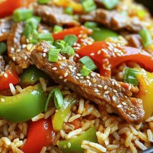 - 400g beef steak, thinly sliced - 1 cup cooked jasmine rice - 1 red bell pepper, thinly sliced - 1 green bell pepper, thinly sliced - 2 cloves garlic, minced - 1 inch ginger, grated - 2 tablespoons soy sauce - 1 tablespoon oyster sauce - 1 tablespoon cornflour - 1 tablespoon vegetable oil - 1 tablespoon sesame oil - 2 green onions, chopped - 1 tablespoon sesame seeds (for garnish) - Salt and pepper to taste When you gather these ingredients, you set the stage for a tasty meal. The beef steak gives a rich flavor. Jasmine rice adds a light, fluffy texture. Red and green bell peppers add crunch and a pop of color. Garlic and ginger bring warmth and depth to the dish. Soy sauce and oyster sauce provide a savory base, while cornflour helps create that crispy texture you crave. The oils add richness, and the green onions and sesame seeds make the dish look beautiful. This combination creates a dish that is not just quick to prepare but also full of flavor. It makes an exciting meal for any day of the week. Check out the Full Recipe to see how to put it all together! Marinate the beef with soy sauce, oyster sauce, cornflour, salt, and pepper for 15 minutes. This step adds great flavor. Make sure to coat each piece well. This helps the beef absorb the sauces. Follow package instructions to cook jasmine rice. Use a rice cooker or a pot. Fluff the rice with a fork once done. Keep it warm until ready to mix. Heat vegetable oil in a large pan over high heat. Add the beef in a single layer. Cook for 2-3 minutes until crispy and browned. Remove the beef and set it aside. In the same pan, add minced garlic, grated ginger, and sliced bell peppers. Sauté for 3-4 minutes until the peppers are tender. Return the crispy beef to the pan with the vegetables. Add the cooked jasmine rice and sesame oil. Mix everything well and cook for 2-3 minutes. This is when the flavors come together. The rice should be hot, and everything should be well combined. Enjoy this quick and flavorful meal! For the full recipe, check the provided details. To get that crispy beef, you need high heat. A hot pan seals in juices and creates a nice crust. Avoid putting too much beef in at once. This can lower the pan's temperature and cause steaming instead of frying. Fry in batches if needed. This keeps each piece crispy and golden. You can easily boost the flavor. Try adding chili flakes for heat. If you love garlic, add more minced garlic to the mix. Both options deepen the taste and make each bite exciting. Feel free to adjust the amounts to suit your taste buds. Prep all your ingredients before you start cooking. This makes the process quick and smooth. When everything is ready, you can focus on the heat and timing. This helps keep flavors fresh and bright. Follow this practice, and you’ll love how easy cooking can be! For the complete experience, check out the Full Recipe. {{image_2}} You can easily switch up the protein in this dish. Feel free to replace the beef with chicken, tofu, or shrimp. Each option brings a unique taste and texture. Chicken adds a mild flavor, while tofu is perfect for a vegetarian choice. Shrimp cooks quickly and adds a fun seafood twist. Don't hesitate to get creative with vegetables. Adding broccoli, snap peas, or carrots gives your meal more color and nutrition. Broccoli adds crunch, while snap peas offer a sweet bite. Carrots provide a nice sweetness and vibrant color to your plate. For a healthier twist, consider changing the rice. You can swap jasmine rice for basmati rice or brown rice. Basmati has a nutty flavor and fluffy texture. Brown rice is whole grain and adds a chewier bite. Both options make your meal more nutritious. For the complete method to make Crispy Chilli Beef Rice, check the Full Recipe. Store any leftovers in an airtight container in the fridge. This helps keep the flavors fresh. Cool the dish before sealing it. Consume within 3 days for optimal freshness. The beef and rice taste best when eaten sooner. After three days, the quality may decline. Reheat in a pan to maintain crispiness. Heat it on medium to avoid sogginess. If you prefer, use the microwave for quick heating. Just add a splash of water to keep it moist. For the best results, stir halfway through. Add fresh chili peppers or a dash of hot sauce to the dish. You can use sliced jalapeños or bird's eye chilies. Each will give a nice kick. Mix them in while cooking for a bold flavor. This method lets you control the heat level to your taste. Yes, prepare the beef and vegetables in advance but combine with rice just before serving for the best texture. Cook the rice and store it separately. This keeps the beef crispy. When ready to eat, just stir everything together in the pan. It takes only a few minutes. Serve with spring rolls, soup, or a simple salad for a balanced meal. A light cucumber salad can add a nice crunch. You can also try hot and sour soup for warmth. These sides complement the beef's flavors quite well. Replace beef with firm tofu and use vegetable broth for added flavor in place of sauces. Marinate the tofu just like the beef for great taste. You can cut it into cubes and fry until golden. This option is just as satisfying and full of flavor. For the full recipe, check out the detailed steps above. Crispy Chilli Beef Rice combines tender beef, fresh veggies, and flavorful sauces. You can make it your own with different proteins and additions. Remember to store leftovers well and reheat for crunch. This dish is quick and fun to prepare, perfect for any meal. Enjoy experimenting with flavors and textures. Your kitchen will be full of great food and happy faces!