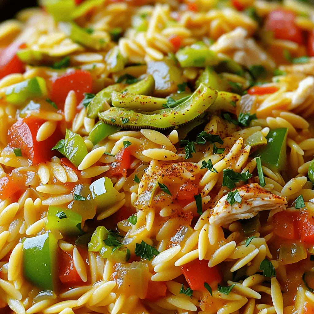 To make One Pan Cajun Dirty Orzo, you need the following ingredients: - 1 cup orzo pasta - 2 tablespoons olive oil - 1 medium onion, diced - 3 cloves garlic, minced - 1 red bell pepper, diced - 1 green bell pepper, diced - 1 stalk celery, diced - 1 teaspoon Cajun seasoning - 1/2 teaspoon smoked paprika - 1 can (14 oz) diced tomatoes, undrained - 3 cups vegetable broth - 1 cup frozen okra, sliced - 1 1/2 cups cooked chicken, shredded (or plant-based alternative) - Salt and pepper to taste - Fresh parsley, chopped, for garnish When measuring ingredients, use standard measuring cups and spoons for accuracy. For orzo, make sure it is dry before measuring. If you don't have orzo, you can use another small pasta like ditalini or even rice. - For olive oil, you might try avocado oil. Both work well in sautéing. - If you prefer a milder dish, reduce the Cajun seasoning to 3/4 teaspoon. - Canned tomatoes can be replaced with fresh tomatoes if you have them. Just chop and add them in the same quantity. - If you want a vegetarian option, skip the chicken and add more okra or other veggies. When picking bell peppers, look for ones that are firm and shiny. Avoid any that have soft spots or wrinkles. For onions, choose ones that feel heavy for their size and have dry, papery skins. - Garlic should be firm with no sprouting. - Celery should be crisp and green, not wilted. - For parsley, choose bright green leaves with no yellowing. Fresh ingredients make a big difference in flavor. Always try to select the best quality produce for your meals. You can find the full recipe for One Pan Cajun Dirty Orzo [here](#). Start by gathering your ingredients. You will need orzo pasta, olive oil, onion, garlic, bell peppers, celery, Cajun seasoning, smoked paprika, diced tomatoes, vegetable broth, okra, cooked chicken, salt, pepper, and parsley. This dish is quick to make, taking about 30 minutes total. 1. Heat two tablespoons of olive oil in a large skillet over medium heat. 2. Add one diced onion. Sauté for 3 to 4 minutes until it turns clear. 3. Stir in three minced garlic cloves and cook for one minute. You want it fragrant. 4. Next, add one diced red bell pepper, one diced green bell pepper, and one stalk of diced celery. Cook for five minutes until they soften. 5. Sprinkle in one teaspoon of Cajun seasoning and half a teaspoon of smoked paprika. Mix well and let it cook for one minute. 6. Now add one cup of orzo. Stir it with the veggies to toast for about two minutes. 7. Pour in one can of diced tomatoes with their juice, plus three cups of vegetable broth. Mix everything well. 8. Bring the mixture to a gentle simmer. Cover the skillet and let it cook for 10 to 12 minutes, stirring now and then until the orzo is soft. 9. Add one cup of sliced okra and one and a half cups of shredded chicken. Mix well and heat for another five minutes. 10. Taste and add salt and pepper as you like. 11. Remove from the heat, sprinkle fresh parsley on top, and serve warm. If you use a gas stove, keep the heat medium. This way, the orzo cooks evenly. For electric stoves, the heat may vary. You might need to increase the cooking time slightly. Keep an eye on the orzo to avoid burning. If you're using a slow cooker, transfer the sautéed veggies and orzo mixture, then add the liquids. Cook on low for about 2 hours. For the full recipe and more details, refer to the recipe above. Enjoy your cooking! To boost the flavor of your One Pan Cajun Dirty Orzo, start with fresh herbs. Fresh parsley adds brightness. You can also use thyme or basil for extra depth. When you sauté the onion, let it cook until golden. This caramelization brings out sweet notes. Stir in the garlic, too, but don’t let it burn. Cooking the garlic just enough makes it fragrant without bitterness. Adding a splash of lemon juice before serving brightens the dish. It cuts through the richness and adds zing. If you like a kick, toss in some cayenne pepper or hot sauce. You can adjust the heat to your taste. This dish loves bold flavors, so don’t hold back. One mistake is overcooking the orzo. It should be al dente, or firm to the bite. Monitor the cooking time closely. Stir the mixture occasionally to prevent sticking. Another issue is not seasoning enough. Taste as you cook, and adjust the salt and pepper. The canned tomatoes can be salty, so be careful with extra salt. Don’t skip the sauté step with the spices. This helps release their oils and flavors. If you add them too late, you miss out on that great taste. Lastly, avoid crowding the pan. Cook in batches if needed to keep the heat consistent. For a beautiful presentation, serve the orzo in shallow bowls. This allows the colorful veggies to shine. Garnish each bowl with fresh parsley. You can also add a sprinkle of paprika for color. A wedge of lemon on the side looks nice and adds flavor. If you want to impress, pair the dish with a simple green salad. A light vinaigrette complements the spiced flavors. For added texture, consider serving with crusty bread. This makes for a lovely meal that looks as good as it tastes. For the complete recipe, check the Full Recipe section. {{image_2}} You can change the protein in this dish to fit your taste. For a meaty meal, try shrimp or sausage. Both pair well with Cajun spices. To keep it light, use turkey or lean chicken. If you prefer seafood, add diced fish for a fresh twist. You can easily make this dish meat-free. Swap the chicken for chickpeas or lentils. They add protein and texture without meat. Use vegetable broth instead of chicken broth. For a creamier base, add coconut milk. This gives the dish a nice richness. If you love heat, boost the spice level. Add more Cajun seasoning or a pinch of cayenne pepper. Fresh jalapeños can also add a nice kick. For a smoky flavor, try adding chipotle peppers. Adjust the spice to match your taste and enjoy the heat! To keep your One Pan Cajun Dirty Orzo fresh, use an airtight container. Let it cool first. Then, transfer the orzo into the container. This helps lock in moisture and flavor. Store it in the fridge for best results. When it's time to eat again, reheating is easy. You can use a microwave or stovetop. For the microwave, place the orzo in a bowl and cover it. Heat it in short bursts, stirring in between. On the stovetop, add a little water and warm it on low heat. Stir often to prevent sticking. Your leftovers will stay fresh for about 3 to 4 days in the fridge. If you want to keep it longer, consider freezing it. In the freezer, it can last for up to 3 months. Just remember to use freezer-safe containers. When you're ready to eat, thaw it overnight in the fridge before reheating. For the full recipe, check the link above. Yes, you can use other pasta shapes. If you want a fun twist, try penne or fusilli. Each type will change the texture a bit, but they will still taste great. Just make sure to adjust the cooking time. Orzo cooks quickly, so larger pasta may need more time in the pan. If you don’t have Cajun seasoning, you can mix your own. Use paprika, garlic powder, onion powder, and cayenne pepper. You can also use Italian seasoning for a milder flavor. Adjust the spices based on how spicy you like your food. To make this dish gluten-free, swap orzo for gluten-free pasta. Look for brands that use rice or corn. Always check labels to ensure the product is gluten-free. The rest of the ingredients are usually safe, but double-check any added sauces or broths for hidden gluten. For the full recipe, check the details above. In this article, we covered key ingredients, preparation steps, and helpful tips for cooking. We looked at how to choose fresh produce and adjust cooking times. I shared advice on enhancing flavor and avoiding common mistakes. We also explored variations to suit different diets and preferences. Lastly, I provided storage tips to keep your meal fresh. Cooking can be fun and easy with the right knowledge. Apply these tips, and enjoy your delicious creation!