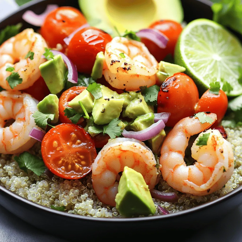 To make the Grilled Shrimp Bowl with Avocado Salsa, you need fresh and tasty ingredients. Here’s a detailed list: - 1 lb large shrimp, peeled and deveined - 2 tablespoons olive oil - 1 teaspoon smoked paprika - 1 teaspoon garlic powder - Salt and pepper to taste - 1 cup cooked quinoa - 1 cup cherry tomatoes, halved - 1 small red onion, diced - 1 lime, juiced - 1 ripe avocado, diced - Fresh cilantro, chopped (for garnishing) Each ingredient plays a key role in flavor. The shrimp provides protein, while quinoa adds good carbs. Avocado gives creaminess, and lime adds a fresh zing. If you can't find large shrimp, medium ones work too. You can swap quinoa with rice or couscous for a different taste. For the avocado, try mango for a sweet twist in the salsa. This simple mix of ingredients comes together for a delightful meal. You can find the full recipe at the top of this section. First, let’s prep the shrimp. In a bowl, mix the large shrimp with olive oil, smoked paprika, garlic powder, salt, and pepper. This gives the shrimp a tasty flavor. Make sure every shrimp is coated well. If you use wooden skewers, soak them in water for about 30 minutes. This stops them from burning on the grill. If you use metal skewers, you can skip this step. Next, let’s make the avocado salsa. In another bowl, combine diced avocado, halved cherry tomatoes, diced red onion, lime juice, and a pinch of salt. Gently fold these ingredients together. This creates a fresh and zesty topping for your shrimp bowl. Now, it's time to grill! Preheat your grill to medium-high heat, around 400°F or 200°C. This temperature cooks the shrimp perfectly. Grill the shrimp skewers for about 2-3 minutes on each side. Watch for the shrimp to turn pink and opaque. This color change shows they are done. Remove them from the grill and set them aside. Now, let's put it all together! Start with a scoop of cooked quinoa at the bottom of your bowl. This creates a nice base. Next, add the grilled shrimp on top of the quinoa. Finally, spoon a generous amount of avocado salsa over the shrimp. For a pretty touch, garnish with freshly chopped cilantro. This adds color and flavor. Your grilled shrimp bowl is ready to enjoy! For more details, check the Full Recipe. To make tasty grilled shrimp, avoid overcooking. Shrimp cook fast. Grill them for just 2 to 3 minutes on each side. When they turn pink and opaque, they are done. Overcooked shrimp become rubbery and tough, so keep an eye on them. For seasoning, use a mix of olive oil, smoked paprika, garlic powder, salt, and pepper. This blend gives a nice, smoky flavor. Toss the shrimp well to coat them evenly. Let them marinate for a few minutes to soak in the flavors. You can make your avocado salsa even better. Try adding spices like cumin or chili powder for a kick. Fresh herbs like cilantro or parsley also add great taste. To keep your avocado fresh, use lime juice in the salsa. It helps prevent browning. If you prepare it ahead of time, cover it tightly with plastic wrap. This keeps air out and helps it stay green. Pair your grilled shrimp bowl with side dishes like rice or a fresh salad. A cold drink like iced tea or lemonade works well too. For meal prepping, make extra quinoa and shrimp. Store them in separate containers. This makes it easy to grab a healthy meal later. You can also pack the avocado salsa in a small container to keep it fresh. For the full recipe, check out the Grilled Shrimp Bowl with Avocado Salsa. {{image_2}} You can change the protein in this dish. If you prefer chicken, use grilled chicken breast instead of shrimp. The cooking time will be a bit longer. For a plant-based option, try tofu. Press the tofu to remove extra water, then marinate it just like the shrimp. You can also swap quinoa with other grains like brown rice or farro. Each brings its unique flavor and texture. The spice blend for shrimp is easy to change. You can add cumin or chili powder for more heat. If you want a smokier taste, try using smoked paprika. For the avocado salsa, consider adding mango or pineapple. These fruits will give a sweet twist. You can also toss in bell peppers or corn for added crunch and color. If you need a gluten-free version, all the ingredients in this recipe are naturally gluten-free. For a vegan meal, simply use tofu and skip the shrimp. If you want to keep it low-carb, replace quinoa with cauliflower rice. This will lower the carbs without losing the dish's flavor. To keep your grilled shrimp bowl fresh, first, let it cool. Place the shrimp and quinoa in separate storage containers. This keeps flavors and textures nice. Use airtight containers to avoid air and moisture. You can store the shrimp bowl in the fridge for up to three days. For the best taste, eat it sooner rather than later. When reheating shrimp and quinoa, the best way is to use the stove. Heat a pan on low and add a splash of water. Stir gently until warm. Avoid using the microwave, as it can dry out the shrimp. For the avocado salsa, do not heat it. Instead, keep it in the fridge. If you need to warm it up, do so at room temperature. This helps keep the fresh taste and color. Can I use frozen shrimp for this recipe? Yes, you can use frozen shrimp. Just thaw them first. Place shrimp in the fridge overnight or run them under cold water for a quick thaw. This helps maintain their flavor and texture. How do I know when shrimp are fully cooked? Shrimp are done when they turn pink and opaque. They curl into a C shape too. This usually takes about 2-3 minutes per side on the grill. Keep an eye on them; overcooked shrimp become tough. How can I prevent my avocado from browning? To stop browning, add lime juice to the avocado. The acid keeps it fresh and green. You can also store the salsa in an airtight container. Press plastic wrap directly on the salsa's surface to reduce air exposure. Can I make the salsa ahead of time? You can make the salsa ahead, but it’s best to eat it fresh. If you prepare it early, add lime juice to keep it bright. Store it in the fridge for up to a few hours. What can I serve with a grilled shrimp bowl? You can serve grilled shrimp bowls with a side salad or some crusty bread. Rice or corn on the side also works well. This adds more texture and flavor to your meal. How long does it take to make this dish? Making a grilled shrimp bowl takes about 25 minutes. Prep time is around 15 minutes, and grilling takes about 10 minutes. It’s a quick and tasty meal option! This article covered how to create a delicious grilled shrimp bowl. We discussed essential ingredients, like shrimp, quinoa, and avocado. You learned step-by-step instructions for prepping, grilling, and assembling your bowl. The tips and tricks section shared ways to enhance flavors and perfect your dish. We explored variations for different diets and storage tips for leftovers. Overall, you can create a tasty, customizable meal. Enjoy experimenting in the kitchen! Your grilled shrimp bowl can become a favorite dish for friends and family.