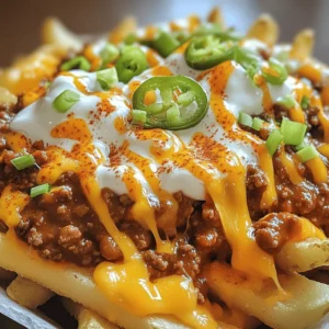Chili cheese fries are a feast for the senses. They bring warmth and comfort in every bite. Here's what you need to make them. - 4 large russet potatoes, cut into fries - 1 tablespoon olive oil - Salt and pepper to taste - 1 cup shredded sharp cheddar cheese - 1 tablespoon jalapeño, finely chopped (seeds removed for less heat) - 1 cup chili (homemade or canned, vegetarian or meat-based) - 1/2 cup sour cream - 1/4 cup green onions, sliced - 1 teaspoon smoked paprika - 1/4 teaspoon cayenne pepper (optional for extra heat) You might have dietary needs. If so, here are some easy swaps: - For gluten-free fries: Use any gluten-free frozen fries. - For vegan cheese: Swap regular cheese for a vegan cheese option. - For vegetarian chili: Choose a tasty vegetarian chili from the store or make your own. These simple swaps let everyone enjoy chili cheese fries. Grab your ingredients and let’s get cooking! For the full recipe, check the earlier section. Start by washing the russet potatoes. Cut them into long, even strips. Aim for a thickness of about 1/4 inch. This size helps them cook well. Place the cut fries in a large bowl. Drizzle with olive oil, then add salt, pepper, and smoked paprika. Toss everything together until the fries are well coated. Preheat your oven to 425°F (220°C). This high heat helps the fries become crispy. Spread the seasoned fries on a baking sheet. Make sure they are in a single layer, so they cook evenly. Bake the fries for 30 to 35 minutes. Flip them halfway through to ensure even cooking. You want them golden brown and crispy. Keep an eye on them during the last few minutes. If they look done, take them out. Crispy fries are key to a great dish. While the fries bake, prepare your chili. If you use canned chili, open the can and pour it into a saucepan. Heat it over medium heat. Stir occasionally to keep it from sticking. If you made homemade chili, reheat it the same way. You want it hot and ready for the fries. Once the fries are done, take them out of the oven. Immediately sprinkle the shredded cheddar cheese over the hot fries. Make sure to cover them well. Then, spoon the hot chili generously on top of the cheese. This layering makes each bite a delight. To melt the cheese perfectly, return the loaded fries to the oven. Bake them for an additional 5 to 7 minutes. Watch for the cheese to become bubbly and gooey. This step is crucial for that comforting feel. After the fries are out of the oven, it’s time for the fun part. Drizzle sour cream on top of the chili and cheese. Then, sprinkle the chopped jalapeños and green onions. If you like it spicy, add a dash of cayenne pepper. This adds a nice kick. Serve your chili cheese fries hot, and watch everyone enjoy! For the full recipe, check the main section. To make the best chili cheese fries, keep your fries crispy. A common mistake is overcrowding the baking sheet. This traps steam and makes fries soft. Always spread them out in a single layer. Try preheating your oven before baking. A hot oven helps fries turn golden and crunchy. You can also use an air fryer. It cooks fries quickly and makes them super crispy. If you prefer deep frying, make sure the oil is hot enough. This cooks fries fast and keeps them crisp. To take your fries to the next level, think about seasonings. Smoked paprika gives a warm flavor. You can also add garlic powder or onion powder for extra depth. For chili, use your favorite type. A spicy beef chili adds a nice kick. If you want something lighter, go for a black bean chili. It pairs well with cheese. You can also mix in some diced tomatoes for freshness. For a unique touch, try adding toppings like pickled jalapeños or fresh cilantro. These will brighten up every bite. Don't forget the Full Recipe for all the steps you need! {{image_2}} To make chili cheese fries vegetarian, just use a meat-free chili. You can find many tasty canned options. For a vegan twist, swap out the cheese for a plant-based alternative. Use a vegan sour cream for the topping. This keeps the dish rich and creamy without animal products. You still get all the flavors you love! Do you like heat? Then add more jalapeños or cayenne pepper. If you prefer a milder taste, skip the cayenne and use sweet chili. You can also control heat by choosing a mild chili. Everyone can enjoy their own level of spice this way. Fun toppings can take your chili cheese fries to new heights. Try adding guacamole for creaminess. Diced tomatoes add freshness. You can also sprinkle on olives or jalapeños for extra flavor. Each topping brings its own twist to this comfort dish. Get creative and make it your own! Remember, these suggestions let you explore flavors. You can always mix and match to find your perfect bowl of chili cheese fries. For the full recipe, check out the Spicy Velvet Chili Cheese Fries section. To keep your chili cheese fries fresh, store them properly. First, let the fries cool down. Place them in an airtight container. They stay good in the fridge for about 3 days. If you want to store them longer, freeze them. Use a freezer-safe bag or container. They can last up to 2 months in the freezer. Just make sure to label the bag with the date. Best Practices: - Cool fries before storing. - Use airtight containers. - Label your containers with dates. Reheating chili cheese fries can be tricky. You want to keep them crispy and tasty. The best method is the oven. Preheat your oven to 350°F (175°C). Spread the fries on a baking sheet. Heat them for about 10-15 minutes. This helps regain some crunch. If you're short on time, you can use the microwave. Place the fries on a microwave-safe plate. Heat in short bursts, about 30 seconds at a time. Check often to avoid soggy fries. Tips for Reheating: - Use the oven for best results. - Microwave in short bursts if in a hurry. - Check often to keep the texture. For the full recipe, be sure to check out the complete instructions. For the best chili cheese fries, I recommend using russet potatoes. They have a high starch content, which makes them crispy on the outside and fluffy on the inside. If you want a twist, try Yukon Gold potatoes. They add a creamy texture and rich flavor. Yes, you can use store-bought chili! It saves time and is very convenient. Look for brands like Amy’s or Hormel for tasty options. Just make sure to check the label for quality ingredients. You can also find vegetarian and vegan versions if needed. To make chili cheese fries healthier, consider these swaps: - Use sweet potatoes instead of russet potatoes for more nutrients. - Opt for low-fat cheese or a dairy-free alternative. - Choose a turkey or veggie chili instead of beef. - Top with Greek yogurt instead of sour cream for added protein. Yes, you can prepare chili cheese fries in advance! Cook the fries and chili separately. Store them in the fridge for up to two days. When ready, reheat the fries until crispy and warm the chili. Then, layer them together and add cheese. Enjoy fresh flavors without the wait! Chili Cheese Fries are a fun and tasty dish. We covered ingredients, preparation, and assembly. You can tailor this recipe to fit your needs with substitutions for diets. Use tips to make fries crispy and delicious, and explore variations for more flavor. Storing leftovers safely keeps your dish fresh for later. Enjoy this dish with family and friends, and make it your own! Happy cooking!