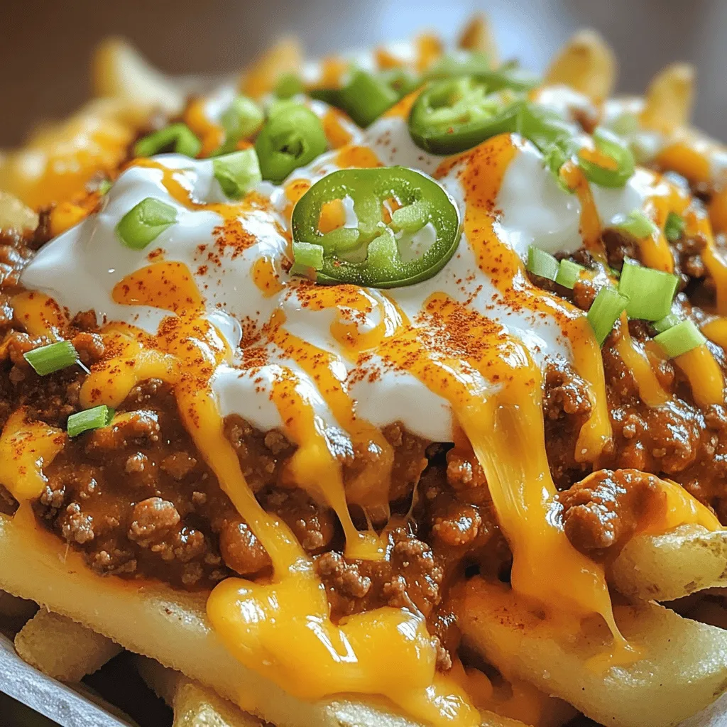 Chili cheese fries are a feast for the senses. They bring warmth and comfort in every bite. Here's what you need to make them. - 4 large russet potatoes, cut into fries - 1 tablespoon olive oil - Salt and pepper to taste - 1 cup shredded sharp cheddar cheese - 1 tablespoon jalapeño, finely chopped (seeds removed for less heat) - 1 cup chili (homemade or canned, vegetarian or meat-based) - 1/2 cup sour cream - 1/4 cup green onions, sliced - 1 teaspoon smoked paprika - 1/4 teaspoon cayenne pepper (optional for extra heat) You might have dietary needs. If so, here are some easy swaps: - For gluten-free fries: Use any gluten-free frozen fries. - For vegan cheese: Swap regular cheese for a vegan cheese option. - For vegetarian chili: Choose a tasty vegetarian chili from the store or make your own. These simple swaps let everyone enjoy chili cheese fries. Grab your ingredients and let’s get cooking! For the full recipe, check the earlier section. Start by washing the russet potatoes. Cut them into long, even strips. Aim for a thickness of about 1/4 inch. This size helps them cook well. Place the cut fries in a large bowl. Drizzle with olive oil, then add salt, pepper, and smoked paprika. Toss everything together until the fries are well coated. Preheat your oven to 425°F (220°C). This high heat helps the fries become crispy. Spread the seasoned fries on a baking sheet. Make sure they are in a single layer, so they cook evenly. Bake the fries for 30 to 35 minutes. Flip them halfway through to ensure even cooking. You want them golden brown and crispy. Keep an eye on them during the last few minutes. If they look done, take them out. Crispy fries are key to a great dish. While the fries bake, prepare your chili. If you use canned chili, open the can and pour it into a saucepan. Heat it over medium heat. Stir occasionally to keep it from sticking. If you made homemade chili, reheat it the same way. You want it hot and ready for the fries. Once the fries are done, take them out of the oven. Immediately sprinkle the shredded cheddar cheese over the hot fries. Make sure to cover them well. Then, spoon the hot chili generously on top of the cheese. This layering makes each bite a delight. To melt the cheese perfectly, return the loaded fries to the oven. Bake them for an additional 5 to 7 minutes. Watch for the cheese to become bubbly and gooey. This step is crucial for that comforting feel. After the fries are out of the oven, it’s time for the fun part. Drizzle sour cream on top of the chili and cheese. Then, sprinkle the chopped jalapeños and green onions. If you like it spicy, add a dash of cayenne pepper. This adds a nice kick. Serve your chili cheese fries hot, and watch everyone enjoy! For the full recipe, check the main section. To make the best chili cheese fries, keep your fries crispy. A common mistake is overcrowding the baking sheet. This traps steam and makes fries soft. Always spread them out in a single layer. Try preheating your oven before baking. A hot oven helps fries turn golden and crunchy. You can also use an air fryer. It cooks fries quickly and makes them super crispy. If you prefer deep frying, make sure the oil is hot enough. This cooks fries fast and keeps them crisp. To take your fries to the next level, think about seasonings. Smoked paprika gives a warm flavor. You can also add garlic powder or onion powder for extra depth. For chili, use your favorite type. A spicy beef chili adds a nice kick. If you want something lighter, go for a black bean chili. It pairs well with cheese. You can also mix in some diced tomatoes for freshness. For a unique touch, try adding toppings like pickled jalapeños or fresh cilantro. These will brighten up every bite. Don't forget the Full Recipe for all the steps you need! {{image_2}} To make chili cheese fries vegetarian, just use a meat-free chili. You can find many tasty canned options. For a vegan twist, swap out the cheese for a plant-based alternative. Use a vegan sour cream for the topping. This keeps the dish rich and creamy without animal products. You still get all the flavors you love! Do you like heat? Then add more jalapeños or cayenne pepper. If you prefer a milder taste, skip the cayenne and use sweet chili. You can also control heat by choosing a mild chili. Everyone can enjoy their own level of spice this way. Fun toppings can take your chili cheese fries to new heights. Try adding guacamole for creaminess. Diced tomatoes add freshness. You can also sprinkle on olives or jalapeños for extra flavor. Each topping brings its own twist to this comfort dish. Get creative and make it your own! Remember, these suggestions let you explore flavors. You can always mix and match to find your perfect bowl of chili cheese fries. For the full recipe, check out the Spicy Velvet Chili Cheese Fries section. To keep your chili cheese fries fresh, store them properly. First, let the fries cool down. Place them in an airtight container. They stay good in the fridge for about 3 days. If you want to store them longer, freeze them. Use a freezer-safe bag or container. They can last up to 2 months in the freezer. Just make sure to label the bag with the date. Best Practices: - Cool fries before storing. - Use airtight containers. - Label your containers with dates. Reheating chili cheese fries can be tricky. You want to keep them crispy and tasty. The best method is the oven. Preheat your oven to 350°F (175°C). Spread the fries on a baking sheet. Heat them for about 10-15 minutes. This helps regain some crunch. If you're short on time, you can use the microwave. Place the fries on a microwave-safe plate. Heat in short bursts, about 30 seconds at a time. Check often to avoid soggy fries. Tips for Reheating: - Use the oven for best results. - Microwave in short bursts if in a hurry. - Check often to keep the texture. For the full recipe, be sure to check out the complete instructions. For the best chili cheese fries, I recommend using russet potatoes. They have a high starch content, which makes them crispy on the outside and fluffy on the inside. If you want a twist, try Yukon Gold potatoes. They add a creamy texture and rich flavor. Yes, you can use store-bought chili! It saves time and is very convenient. Look for brands like Amy’s or Hormel for tasty options. Just make sure to check the label for quality ingredients. You can also find vegetarian and vegan versions if needed. To make chili cheese fries healthier, consider these swaps: - Use sweet potatoes instead of russet potatoes for more nutrients. - Opt for low-fat cheese or a dairy-free alternative. - Choose a turkey or veggie chili instead of beef. - Top with Greek yogurt instead of sour cream for added protein. Yes, you can prepare chili cheese fries in advance! Cook the fries and chili separately. Store them in the fridge for up to two days. When ready, reheat the fries until crispy and warm the chili. Then, layer them together and add cheese. Enjoy fresh flavors without the wait! Chili Cheese Fries are a fun and tasty dish. We covered ingredients, preparation, and assembly. You can tailor this recipe to fit your needs with substitutions for diets. Use tips to make fries crispy and delicious, and explore variations for more flavor. Storing leftovers safely keeps your dish fresh for later. Enjoy this dish with family and friends, and make it your own! Happy cooking!