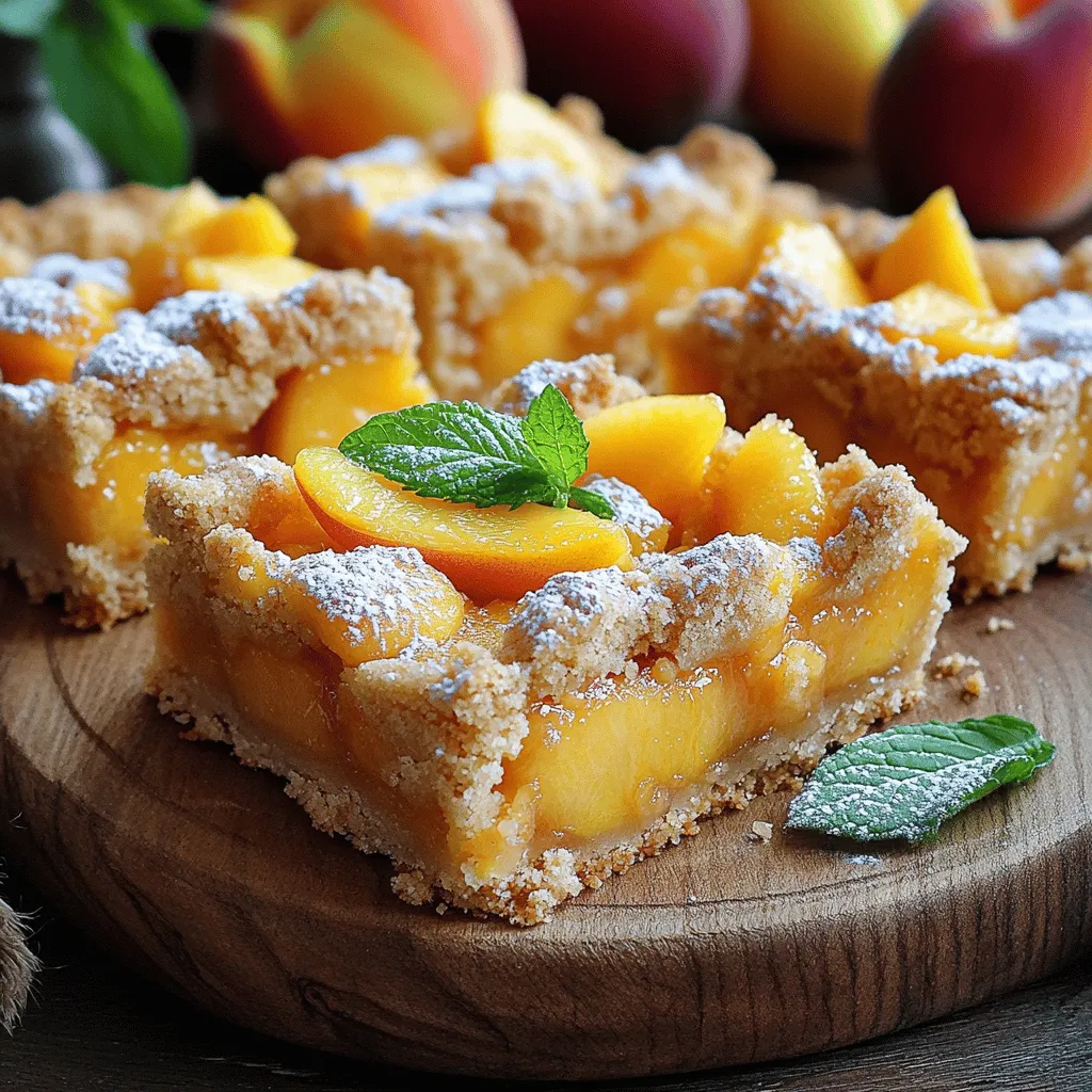 For these heavenly summer peach bars, you need 2 cups of fresh peaches. Make sure to peel and dice them. Choose ripe peaches for the best flavor. They give the bars a sweet and juicy taste. You can use white or yellow peaches based on your preference. Next, gather the dry ingredients. You will need: - 1 cup all-purpose flour - 1 cup rolled oats - ½ cup brown sugar - ½ cup white sugar - 2 teaspoons baking powder - ½ teaspoon ground cinnamon - ¼ teaspoon salt These ingredients form the crust and topping. The oats add nice texture. The sugars give sweetness, while the baking powder helps the bars rise. Now, let's move to the wet ingredients. You need: - ½ cup unsalted butter, melted - 1 teaspoon vanilla extract - 1 tablespoon lemon juice The melted butter binds everything together. The vanilla adds a lovely aroma. Lemon juice keeps the peaches fresh and brightens their flavor. You can find the full recipe here. Start by preheating your oven to 350°F (175°C). Grease a 9x9-inch baking pan with butter or non-stick spray. This helps the bars come out easily after baking. Take 2 cups of fresh peaches. Peel and dice them into small pieces. Toss the diced peaches with 1 tablespoon of lemon juice. This adds flavor and keeps the peaches bright. Let them sit for about 10 minutes to soak in the juice. In a large bowl, mix together the dry ingredients. Combine 1 cup of all-purpose flour, 1 cup of rolled oats, ½ cup of brown sugar, ½ cup of white sugar, 2 teaspoons of baking powder, ½ teaspoon of ground cinnamon, and ¼ teaspoon of salt. Stir well to blend everything together. Melt ½ cup of unsalted butter and add it to the dry mixture. Also, mix in 1 teaspoon of vanilla extract. Stir until the mixture is crumbly. Press about half of this mixture into the bottom of your greased pan. Spread the marinated peaches evenly over the crust. If you want extra crunch, sprinkle 1 cup of granola on top. Finally, crumble the remaining mixture over the peaches. Bake in the preheated oven for 30-35 minutes. Check for a golden brown top and bubbly peaches. Once baked, remove the pan from the oven and let it cool completely. This step is key before cutting them into bars. Enjoy your heavenly summer peach bars! For the full recipe, check out the earlier section. For these peach bars, I recommend using ripe, fresh peaches. Look for peaches that are slightly soft to the touch. They should smell sweet and fragrant. Yellow peaches are great, but white peaches add a nice twist too. Avoid hard peaches; they won't soften well during baking. To get the right texture, you need to balance the wet and dry ingredients. Diced peaches add moisture, but do not overmix the batter. Mixing too much can lead to tough bars. Press half of the crumb mixture firmly into the pan for a sturdy base. This way, the top layer remains crumbly and light. To make your peach bars look stunning, dust them with powdered sugar before serving. You can also add fresh peach slices on top. A few mint leaves create a nice pop of color. Serve them on a pretty platter for a special touch. For a fun twist, drizzle some honey or caramel sauce over the bars. For the complete recipe, refer to the Full Recipe provided. {{image_2}} You can elevate your peach bars with spices. Cinnamon is a classic choice. It adds warmth and depth. A pinch of nutmeg can also work wonders. You might even try cardamom for a unique twist. Mix your chosen spice into the dry ingredients. Just a little adds a lot of flavor. If you need a gluten-free version, it's simple. Swap all-purpose flour for gluten-free flour. Many brands work well in baking. You can also use almond flour for a nutty taste. Just make sure your oats are certified gluten-free. This way, everyone can enjoy these bars. Adding nuts or seeds is a great way to boost texture. Chopped almonds or walnuts add crunch. They also give a nice nutty flavor. If you prefer seeds, try sunflower or pumpkin seeds. Just fold them into the crumb mixture. This makes your bars even more delicious and filling. For more delicious ideas, check out the Full Recipe. To keep your peach bars fresh, place them in an airtight container. Make sure to let them cool completely before sealing. Store them at room temperature for up to three days. If it’s hot, consider putting them in the fridge. This helps keep them from getting too warm and soft. You can freeze these peach bars for longer storage. First, let them cool fully. Wrap each bar in plastic wrap, then place them in a freezer bag. This keeps them fresh for up to three months. When you want to enjoy them, just take out a bar and let it thaw at room temperature. To reheat your peach bars, preheat the oven to 350°F (175°C). Place the bars on a baking sheet. Heat for about 10 to 15 minutes until warm. You can also use a microwave if you want a quicker option. Heat for 15 to 20 seconds at a time until they are warm but not hot. Enjoy your Heavenly Summer Peach Bars! For the full recipe, check the earlier section. You can tell when the peach bars are done by looking at the top. It should be a nice golden brown. You can also check if the peaches are bubbly around the edges. A toothpick can help too. Insert it in the center. If it comes out clean, your bars are ready! Yes, you can use frozen peaches! Just remember to thaw and drain them first. This helps remove excess water. You want your bars to stay firm and not too soggy. Fresh peaches give a better flavor, but frozen works in a pinch. If you need a butter substitute, try using coconut oil or applesauce. Both work well in baking. They add moisture and keep your bars soft. You can also use margarine if you prefer. Just make sure it’s a similar amount as the butter in the recipe. Peaches are tasty and good for you! They are low in calories and high in vitamins. They contain vitamin C, which helps your immune system. Peaches also have fiber, which is great for digestion. Eating peaches can support healthy skin, too. You can boost the nutrition of your peach bars easily! Add some chia seeds or flaxseeds into the mixture. This adds healthy fats and fiber. You can also swap some white flour for whole wheat flour. Using less sugar or natural sweeteners can make it even better. Check out the Full Recipe for more ideas! You learned about making delicious peach bars from fresh ingredients. We covered each step, from preparing peaches to baking them perfectly. I shared tips for texture, storage, and even variations to try. Remember, using the right peaches and adding your favorite ingredients can make a big difference. Enjoy your peach bars fresh or frozen, and feel free to get creative with flavors. With this guide, you can bake tasty snacks that everyone will love. Happy baking!