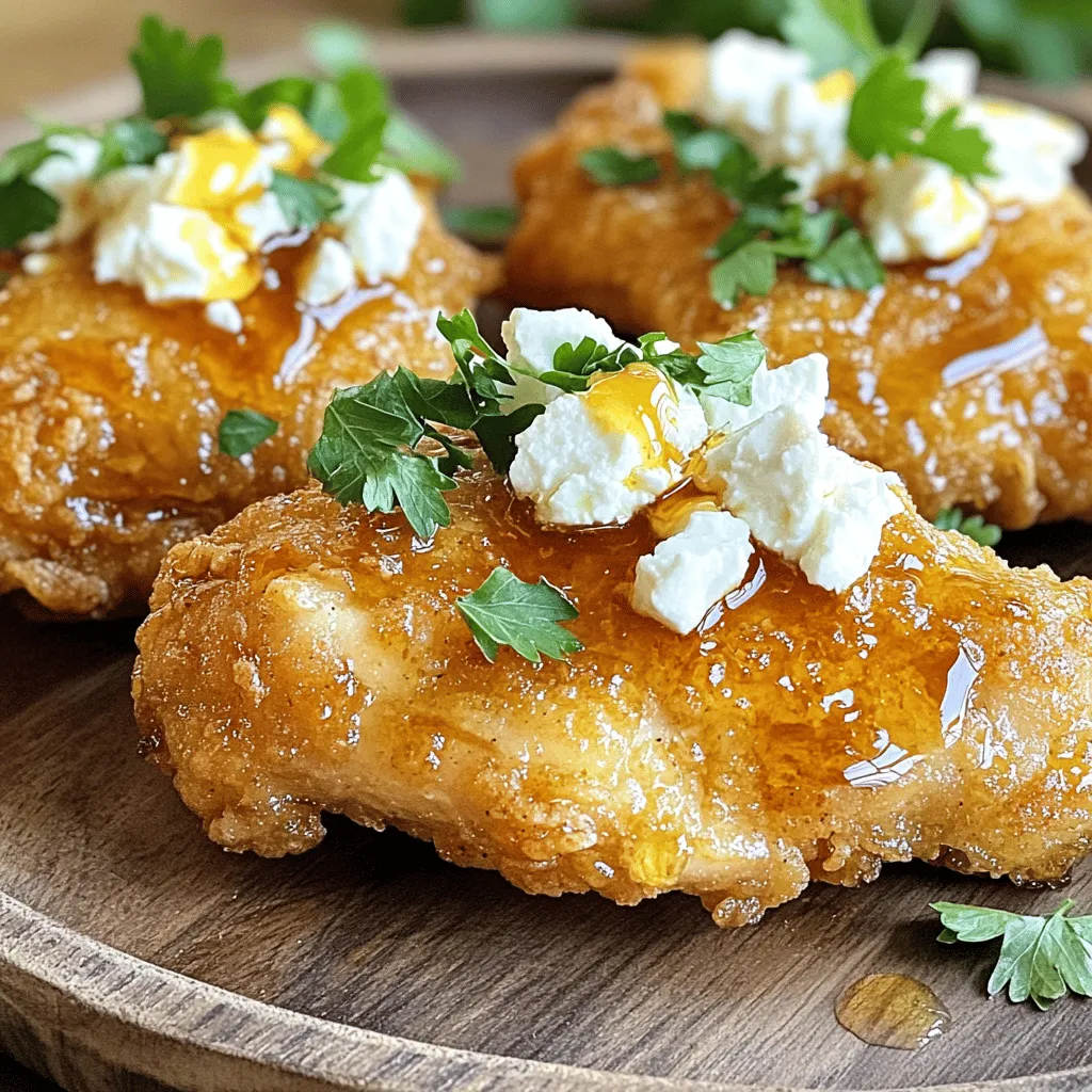 - 4 boneless, skinless chicken breasts - 1 cup buttermilk - 1 cup all-purpose flour - 1 teaspoon paprika - 1 teaspoon garlic powder - 1 teaspoon onion powder - 1 teaspoon salt - 1/2 teaspoon black pepper - 1 tablespoon cornmeal - 1/2 cup crumbled feta cheese - 1/4 cup hot honey - Fresh parsley, chopped - Converting measurements for different serving sizes: If you want to make more or less chicken, simply multiply or divide each ingredient. For example, if you need to feed eight people, double the amounts. - Substituting ingredients: You can swap buttermilk with yogurt or milk mixed with a splash of vinegar. For a gluten-free version, use a gluten-free flour blend in place of all-purpose flour. Start by adding the chicken breasts to a bowl with buttermilk. Make sure the chicken is fully submerged. Cover the bowl and refrigerate it for at least 30 minutes. For the best taste and tenderness, let it sit for up to 2 hours. Buttermilk is key because it breaks down proteins, making the chicken juicy and soft. In a shallow dish, mix together the flour, paprika, garlic powder, onion powder, salt, black pepper, and cornmeal. Stir well until everything is evenly mixed. This blend gives the chicken a great flavor. Make sure to taste it before using, as this will ensure your chicken is seasoned just right. Heat about 1/2 inch of oil in a deep skillet over medium-high heat. Once the oil is hot, add the chicken pieces in batches. Avoid overcrowding the pan, as this can lower the oil's temperature. Fry each piece for 5 to 7 minutes on each side until it turns golden brown. Check the chicken’s internal temperature; it should reach 165°F (74°C) to be fully cooked. In the last minute of frying, sprinkle the crumbled feta cheese over the chicken. This timing allows the cheese to melt slightly, creating a creamy topping that enhances the dish. Choose a good-quality feta cheese for the best flavor. Look for a block of feta, as it tends to have a richer taste than crumbled versions. After frying, remove the chicken and place it on a paper towel-lined plate to let excess oil drain. While the chicken is still warm, generously drizzle hot honey over each piece. For even coverage, use a spoon or squeeze bottle. You can opt for homemade hot honey for a personal touch or store-bought for convenience. Garnish the chicken with fresh chopped parsley for a pop of color. This dish pairs well with sides like roasted vegetables or a fresh salad. For presentation, arrange the chicken on a beautiful plate and drizzle extra hot honey on the side. This way, everyone can enjoy the sweet heat! To make your chicken extra crispy, I recommend double breading. First, dip the chicken in buttermilk, then coat it in the flour mix. After that, dip it back into the buttermilk and coat it again in the flour. This adds layers that crunch up nicely when cooked. Also, ensure your oil is hot enough before frying. The right temperature helps create that perfect crispy crust. If you love a little heat, adjust the hot honey to suit your taste. Start with a small drizzle and add more if needed. You can also mix spices into the breading. Try adding cayenne pepper or chili powder. They give a nice kick that pairs well with the honey. One common mistake is overcrowding the pan while frying. This can lower the oil temperature and make the chicken soggy. Fry in batches for the best results. If your chicken is undercooked, check the oil temperature. You want it around 350°F (175°C) for even cooking. Always use a meat thermometer to make sure the chicken reaches 165°F (74°C) inside. This ensures your chicken is both safe and delicious. {{image_2}} You can easily switch to turkey or tofu for this recipe. Turkey gives a leaner option, while tofu is great for a plant-based dish. If using turkey, cook it until the internal temperature reaches 165°F. For tofu, press it first to remove excess moisture. Adjust cooking times based on the protein you choose. Turkey may take a bit longer, while tofu cooks quicker. Get creative with flavors! Try adding herbs like thyme or oregano to the buttermilk. This small change can add more depth. You could also spice things up by mixing in chili powder or smoked paprika. For the sauce, consider making a yogurt-based dip or a spicy mayo. These variations will keep your meals exciting and fresh. If you want a healthier version, bake instead of frying. Preheat your oven to 400°F and place the breaded chicken on a baking sheet. Bake for about 25-30 minutes until golden and cooked through. You can also swap regular buttermilk for a low-fat version, and use reduced-fat feta cheese. These easy swaps let you enjoy your crispy hot honey feta chicken without the extra calories. For the full recipe, check out the ingredients section. To keep your crispy hot honey feta chicken fresh, store leftovers in the fridge. Place the chicken in an airtight container. This keeps moisture in and prevents the chicken from drying out. You can also wrap it tightly in plastic wrap or aluminum foil. Use containers that are easy to stack, saving space in your fridge. If you want to save some for later, you can freeze cooked chicken. First, let the chicken cool completely. Then, wrap each piece in plastic wrap. After that, place them in a freezer-safe bag. Remove as much air as possible to prevent freezer burn. When ready to eat, thaw it in the fridge overnight. Reheat in the oven at 350°F (175°C) for about 15-20 minutes. This helps keep the chicken crispy. In the fridge, crispy hot honey feta chicken lasts about 3 to 4 days. Always check for signs of spoilage. Look for changes in color, smell, or texture. If it smells off or feels slimy, it’s best to throw it away. Keeping track of storage time helps you enjoy the dish at its best. You can use plain yogurt or milk mixed with vinegar. For one cup of buttermilk, use: - 1 cup yogurt - 1 cup milk + 1 tablespoon vinegar These options will keep your chicken tender and moist. Yes, you can bake Crispy Hot Honey Feta Chicken. Here’s how: 1. Preheat your oven to 400°F (200°C). 2. Place the breaded chicken on a baking sheet lined with parchment paper. 3. Spray lightly with cooking oil for crispiness. 4. Bake for 20-25 minutes until golden and crispy. Make sure to check that the chicken is fully cooked. Several sauces go well with this chicken. Here are some great choices: - Ranch dressing - Tzatziki sauce - Spicy mayo These sauces add extra flavor and a fun twist. To check if the chicken is done, use a meat thermometer. The internal temperature should reach 165°F (74°C). If you don’t have a thermometer, cut into the thickest part. The juices should run clear, and the meat should not be pink. Yes, you can prepare this dish in advance. Here are some tips: - Marinate the chicken and bread it a few hours before cooking. - Store the breaded chicken in the fridge until ready to cook. - Cook it fresh, so it stays crispy. You can also make the hot honey in advance. Just warm it before serving. This blog post covered how to make Crispy Hot Honey Feta Chicken. We went through the key ingredients and their roles, like buttermilk for tenderness. You learned how to marinate, bread, and fry the chicken for the best results. I also shared tips to avoid common mistakes. Don’t forget the variations and storage info for leftovers. Explore these ideas, and enjoy your dish! A little creativity goes a long way in the kitchen. Happy cooking!