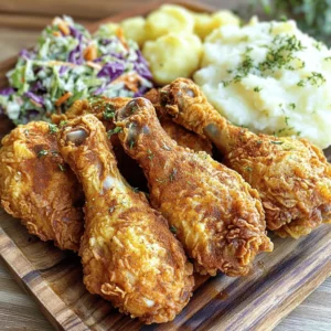 - 4 chicken thighs (bone-in and skin-on) - 2 chicken breasts (boneless and skinless) - 2 cups buttermilk - 1 tablespoon hot sauce (optional) - 1 cup all-purpose flour - 1 teaspoon paprika - 1 teaspoon garlic powder - 1 teaspoon onion powder - 1 teaspoon cayenne pepper (adjust to taste) - Salt and pepper to taste - Oil for frying (vegetable or canola oil) To make buttermilk fried chicken, you need the right ingredients. The chicken is the star. I recommend using both thighs and breasts. The thighs give a juicy bite, while the breasts are lean. Buttermilk is key for marinating. It tenderizes the chicken and adds flavor. If you like heat, add hot sauce to the buttermilk. Spices are crucial. Paprika, garlic powder, and onion powder create a tasty mix. Cayenne pepper adds a kick, which you can adjust to your taste. Flour is next for that crispy coating. Don’t forget salt and pepper—they boost the flavors. Finally, you need oil. Vegetable or canola oil works well for frying. - Fresh herbs (rosemary, thyme) - Marinade alternatives (yogurt, milk) For extra taste, consider fresh herbs like rosemary or thyme. They add a wonderful aroma. You can also swap buttermilk for yogurt or milk if needed. These options still give great results. They keep the chicken moist and flavorful. - Complementary sides (coleslaw, mashed potatoes) - Dipping sauces (honey mustard, barbecue sauce) When serving buttermilk fried chicken, think about sides. Coleslaw is a classic choice. It adds crunch and freshness. Mashed potatoes are another favorite; they pair perfectly with chicken. For sauces, honey mustard and barbecue sauce are great options. They add a tasty dip for your chicken. You can even mix and match these sides and sauces for a fun meal. Check out the Full Recipe to get started! To start, you need to make the buttermilk marinade. In a large bowl, mix the buttermilk and hot sauce if you want some heat. Add the chicken pieces to the bowl. Make sure they are fully covered in the buttermilk. Cover the bowl with plastic wrap and place it in the fridge. I suggest marinating for at least four hours. For the best taste, let it marinate overnight. When you’re ready to fry, take the chicken out of the fridge. Let the excess buttermilk drip off. This helps the flour stick better. Next, prepare the flour coating. In a shallow dish, whisk together the flour, paprika, garlic powder, onion powder, cayenne pepper, salt, and pepper. This mix adds flavor and crunch to your chicken. Now it’s time to fry! Heat about two inches of oil in a heavy pot or deep skillet. You want the oil to reach 350°F (175°C). To check if the oil is ready, drop in a small piece of bread. If it sizzles, you are good to go. Carefully place the chicken pieces into the hot oil. Don’t overcrowd the pot; it’s better to fry in batches. Cook each side for about 12-15 minutes. The chicken should turn a nice golden brown, and its inside should reach 165°F (75°C). Be careful while frying. Use long tongs to avoid splashes. Once cooked, take the chicken out and place it on a wire rack or paper towels to drain. Let it rest for five to ten minutes before serving. Enjoy your crispy buttermilk fried chicken hot! For the complete recipe, check the Full Recipe section. To get that amazing crispy texture, the flour coating is key. Use all-purpose flour for the best results. Mix in seasonings like paprika and garlic powder to enhance the flavor. Before frying, make sure to shake off excess flour. This helps the chicken stay crispy and not soggy. To avoid soggy chicken, do not let it sit in the oil too long. Fry in small batches to keep the oil hot. Marinating is a must for juicy chicken. Use buttermilk as your base. It tenderizes the meat and adds flavor. You can add hot sauce for a spicy kick. For best results, marinate for at least four hours or overnight. This extra time lets the flavors soak in deeply. Frying gives you that iconic crispy skin and juicy meat. Use a deep pot and heat oil to 350°F (175°C). Fry for about 12-15 minutes on each side. Baking is a healthier option but may not give the same crunch. Use baking when you want a lighter meal. Both methods can work, but each has its charm. {{image_2}} You can switch up the spices in the buttermilk fried chicken. Try adding different spices for unique flavors. Some great choices are cumin, thyme, or even lemon zest. You can also use seasoning blends like Cajun or Italian. This adds a burst of flavor to every bite. To infuse flavors into the marinade, you can add garlic or herbs. Just mix them into the buttermilk. Let the chicken soak in these flavors for a while to get the most out of them. If you want a healthier option, try oven-baked buttermilk fried chicken. This method cuts down on oil but still keeps that crispy texture. Coat the chicken as usual, but place it on a baking tray. Bake at 425°F (220°C) until golden brown and cooked through. For those avoiding gluten, you can swap all-purpose flour for almond flour or rice flour. These options still give a nice crunch without the gluten. You can explore many international styles of buttermilk fried chicken. Southern-inspired variations are popular, like adding a touch of hot sauce or honey to the batter. This gives a sweet and spicy twist. In Korea, you might find fried chicken with a sticky sauce made from soy sauce and garlic. Caribbean-style fried chicken often includes spices like jerk seasoning, giving it a unique flavor. Each style offers something special and exciting for your taste buds. For the full recipe, check out the steps for making this classic dish. To keep your leftover buttermilk fried chicken tasty, cool it first. Place it on a wire rack. This helps air circulate around the chicken. Once cool, put it in an airtight container. You can store it in the fridge for up to four days. When it’s time to reheat, I suggest using an oven. Preheat it to 350°F (175°C). Place the chicken on a baking sheet. Heat it for about 15 to 20 minutes. This method keeps the skin crispy. You can also use an air fryer for a quick option. If you want to freeze your fried chicken, let it cool completely. Wrap each piece tightly in plastic wrap. Then, place them in a freezer bag. Remove as much air as possible. This way, the chicken stays fresh for up to three months. When you're ready to eat, take the chicken out. Thaw it in the fridge overnight. For quick thawing, you can use the microwave. Make sure to reheat it right after thawing to keep the texture nice. Cooked buttermilk fried chicken is best within four days in the fridge. After this, it may not taste as good. Always check for signs of spoilage before eating. Look for off smells or a slimy texture. If you see any, it’s best to throw it away. Eating spoiled food can make you sick. Always trust your senses when it comes to food safety. For the full recipe, check out the Crispy Buttermilk Fried Chicken section above. Enjoy your cooking! I recommend marinating buttermilk fried chicken for at least 4 hours. This helps the chicken soak up the flavors. For the best taste, marinate it overnight. The longer marination time makes the chicken tender and juicy. Absolutely! Bone-in chicken parts work great in this recipe. The cooking time will be a bit longer. This is because bone-in pieces take more time to cook through. Just make sure the internal temperature reaches 165°F. This ensures your chicken is safe to eat and perfectly cooked. Some popular side dishes pair well with buttermilk fried chicken. You can serve it with coleslaw or mashed potatoes. Cornbread also makes a delightful addition. Don’t forget about green beans or a fresh salad for balance. These sides complete your meal and enhance the flavors of the chicken. Using hot sauce in the marinade is not necessary, but it adds flavor. It gives the chicken a nice kick without being too spicy. If you prefer a milder taste, you can skip it. The buttermilk alone will still keep the chicken moist and flavorful. You now have a clear guide for making buttermilk fried chicken. We covered the essential ingredients and how each enhances flavor. You learned to marinate well, fry safely, and achieve that perfect crisp. Using different cooking methods gave you options. Plus, we explored variations for every taste and health needs. With these tips, you can create tasty meals everyone will love. Enjoy experimenting and impressing your family and friends with your skills.
