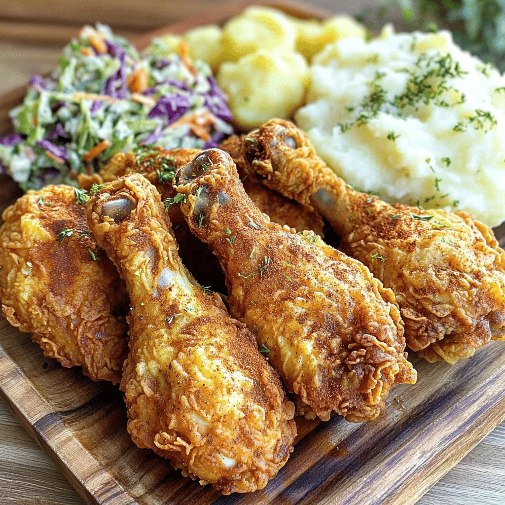 - 4 chicken thighs (bone-in and skin-on) - 2 chicken breasts (boneless and skinless) - 2 cups buttermilk - 1 tablespoon hot sauce (optional) - 1 cup all-purpose flour - 1 teaspoon paprika - 1 teaspoon garlic powder - 1 teaspoon onion powder - 1 teaspoon cayenne pepper (adjust to taste) - Salt and pepper to taste - Oil for frying (vegetable or canola oil) To make buttermilk fried chicken, you need the right ingredients. The chicken is the star. I recommend using both thighs and breasts. The thighs give a juicy bite, while the breasts are lean. Buttermilk is key for marinating. It tenderizes the chicken and adds flavor. If you like heat, add hot sauce to the buttermilk. Spices are crucial. Paprika, garlic powder, and onion powder create a tasty mix. Cayenne pepper adds a kick, which you can adjust to your taste. Flour is next for that crispy coating. Don’t forget salt and pepper—they boost the flavors. Finally, you need oil. Vegetable or canola oil works well for frying. - Fresh herbs (rosemary, thyme) - Marinade alternatives (yogurt, milk) For extra taste, consider fresh herbs like rosemary or thyme. They add a wonderful aroma. You can also swap buttermilk for yogurt or milk if needed. These options still give great results. They keep the chicken moist and flavorful. - Complementary sides (coleslaw, mashed potatoes) - Dipping sauces (honey mustard, barbecue sauce) When serving buttermilk fried chicken, think about sides. Coleslaw is a classic choice. It adds crunch and freshness. Mashed potatoes are another favorite; they pair perfectly with chicken. For sauces, honey mustard and barbecue sauce are great options. They add a tasty dip for your chicken. You can even mix and match these sides and sauces for a fun meal. Check out the Full Recipe to get started! To start, you need to make the buttermilk marinade. In a large bowl, mix the buttermilk and hot sauce if you want some heat. Add the chicken pieces to the bowl. Make sure they are fully covered in the buttermilk. Cover the bowl with plastic wrap and place it in the fridge. I suggest marinating for at least four hours. For the best taste, let it marinate overnight. When you’re ready to fry, take the chicken out of the fridge. Let the excess buttermilk drip off. This helps the flour stick better. Next, prepare the flour coating. In a shallow dish, whisk together the flour, paprika, garlic powder, onion powder, cayenne pepper, salt, and pepper. This mix adds flavor and crunch to your chicken. Now it’s time to fry! Heat about two inches of oil in a heavy pot or deep skillet. You want the oil to reach 350°F (175°C). To check if the oil is ready, drop in a small piece of bread. If it sizzles, you are good to go. Carefully place the chicken pieces into the hot oil. Don’t overcrowd the pot; it’s better to fry in batches. Cook each side for about 12-15 minutes. The chicken should turn a nice golden brown, and its inside should reach 165°F (75°C). Be careful while frying. Use long tongs to avoid splashes. Once cooked, take the chicken out and place it on a wire rack or paper towels to drain. Let it rest for five to ten minutes before serving. Enjoy your crispy buttermilk fried chicken hot! For the complete recipe, check the Full Recipe section. To get that amazing crispy texture, the flour coating is key. Use all-purpose flour for the best results. Mix in seasonings like paprika and garlic powder to enhance the flavor. Before frying, make sure to shake off excess flour. This helps the chicken stay crispy and not soggy. To avoid soggy chicken, do not let it sit in the oil too long. Fry in small batches to keep the oil hot. Marinating is a must for juicy chicken. Use buttermilk as your base. It tenderizes the meat and adds flavor. You can add hot sauce for a spicy kick. For best results, marinate for at least four hours or overnight. This extra time lets the flavors soak in deeply. Frying gives you that iconic crispy skin and juicy meat. Use a deep pot and heat oil to 350°F (175°C). Fry for about 12-15 minutes on each side. Baking is a healthier option but may not give the same crunch. Use baking when you want a lighter meal. Both methods can work, but each has its charm. {{image_2}} You can switch up the spices in the buttermilk fried chicken. Try adding different spices for unique flavors. Some great choices are cumin, thyme, or even lemon zest. You can also use seasoning blends like Cajun or Italian. This adds a burst of flavor to every bite. To infuse flavors into the marinade, you can add garlic or herbs. Just mix them into the buttermilk. Let the chicken soak in these flavors for a while to get the most out of them. If you want a healthier option, try oven-baked buttermilk fried chicken. This method cuts down on oil but still keeps that crispy texture. Coat the chicken as usual, but place it on a baking tray. Bake at 425°F (220°C) until golden brown and cooked through. For those avoiding gluten, you can swap all-purpose flour for almond flour or rice flour. These options still give a nice crunch without the gluten. You can explore many international styles of buttermilk fried chicken. Southern-inspired variations are popular, like adding a touch of hot sauce or honey to the batter. This gives a sweet and spicy twist. In Korea, you might find fried chicken with a sticky sauce made from soy sauce and garlic. Caribbean-style fried chicken often includes spices like jerk seasoning, giving it a unique flavor. Each style offers something special and exciting for your taste buds. For the full recipe, check out the steps for making this classic dish. To keep your leftover buttermilk fried chicken tasty, cool it first. Place it on a wire rack. This helps air circulate around the chicken. Once cool, put it in an airtight container. You can store it in the fridge for up to four days. When it’s time to reheat, I suggest using an oven. Preheat it to 350°F (175°C). Place the chicken on a baking sheet. Heat it for about 15 to 20 minutes. This method keeps the skin crispy. You can also use an air fryer for a quick option. If you want to freeze your fried chicken, let it cool completely. Wrap each piece tightly in plastic wrap. Then, place them in a freezer bag. Remove as much air as possible. This way, the chicken stays fresh for up to three months. When you're ready to eat, take the chicken out. Thaw it in the fridge overnight. For quick thawing, you can use the microwave. Make sure to reheat it right after thawing to keep the texture nice. Cooked buttermilk fried chicken is best within four days in the fridge. After this, it may not taste as good. Always check for signs of spoilage before eating. Look for off smells or a slimy texture. If you see any, it’s best to throw it away. Eating spoiled food can make you sick. Always trust your senses when it comes to food safety. For the full recipe, check out the Crispy Buttermilk Fried Chicken section above. Enjoy your cooking! I recommend marinating buttermilk fried chicken for at least 4 hours. This helps the chicken soak up the flavors. For the best taste, marinate it overnight. The longer marination time makes the chicken tender and juicy. Absolutely! Bone-in chicken parts work great in this recipe. The cooking time will be a bit longer. This is because bone-in pieces take more time to cook through. Just make sure the internal temperature reaches 165°F. This ensures your chicken is safe to eat and perfectly cooked. Some popular side dishes pair well with buttermilk fried chicken. You can serve it with coleslaw or mashed potatoes. Cornbread also makes a delightful addition. Don’t forget about green beans or a fresh salad for balance. These sides complete your meal and enhance the flavors of the chicken. Using hot sauce in the marinade is not necessary, but it adds flavor. It gives the chicken a nice kick without being too spicy. If you prefer a milder taste, you can skip it. The buttermilk alone will still keep the chicken moist and flavorful. You now have a clear guide for making buttermilk fried chicken. We covered the essential ingredients and how each enhances flavor. You learned to marinate well, fry safely, and achieve that perfect crisp. Using different cooking methods gave you options. Plus, we explored variations for every taste and health needs. With these tips, you can create tasty meals everyone will love. Enjoy experimenting and impressing your family and friends with your skills.