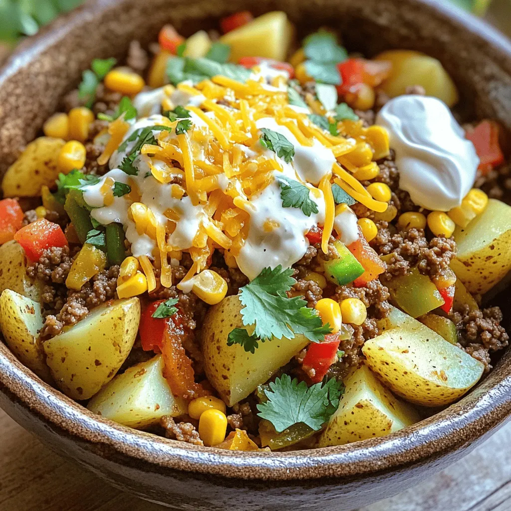 To create a hearty and tasty Ground Beef and Potato Taco Bowl, gather these key ingredients: - 1 lb ground beef - 2 medium potatoes, diced into small cubes - 1 tablespoon olive oil - 1 small onion, finely chopped - 2 cloves garlic, minced - 1 bell pepper (any color), diced - 1 packet taco seasoning (or homemade: 1 tsp chili powder, 1 tsp cumin, 1 tsp paprika, 1/2 tsp onion powder, 1/2 tsp garlic powder, salt to taste) - 1 cup corn kernels (fresh or frozen) - 1 can (15 oz) black beans, drained and rinsed - 1 cup diced tomatoes (fresh or canned) - 1 cup shredded cheese (cheddar or a Mexican blend) - Fresh cilantro for garnish - Sour cream or Greek yogurt for topping (optional) Each ingredient plays a role in building the flavor. The ground beef brings richness, while the potatoes add a nice texture. The taco seasoning is key for that classic taste. You can swap out the ground beef for turkey or chicken if you prefer. For a veggie twist, use lentils or mushrooms instead of meat. If you want to skip potatoes, try quinoa or rice for a different base. Toppings can vary too. Add avocado, jalapeños, or salsa for extra zest. This dish is flexible, so feel free to mix and match based on what you like or have on hand. For the full recipe, check out the detailed steps to make this delicious meal. To make the Ground Beef and Potato Taco Bowl, follow these simple steps. 1. Heat the Olive Oil: Start by heating 1 tablespoon of olive oil in a large skillet over medium heat. This sets the stage for cooking. 2. Sauté the Potatoes: Add 2 medium potatoes, diced into small cubes. Cook them for about 8-10 minutes. You want them to soften and turn golden brown. Stir them often. 3. Add the Veggies: Once the potatoes are ready, add 1 small onion (finely chopped), 2 cloves of minced garlic, and 1 diced bell pepper. Cook for another 5 minutes until the vegetables are tender. 4. Cook the Beef: Push the veggies to one side of the skillet. Add 1 pound of ground beef to the center. Break it apart with a spatula. Cook the beef until it is browned, which takes about 5-7 minutes. 5. Drain and Season: After the beef is fully cooked, drain any excess fat. Stir in 1 packet of taco seasoning, 1 cup of corn kernels (fresh or frozen), and 1 can of black beans (drained and rinsed). Mix everything well and let it cook for 5 more minutes. 6. Add Tomatoes: Stir in 1 cup of diced tomatoes. Heat everything through for another 3-4 minutes. This step adds freshness to the dish. 7. Melt the Cheese: Remove the skillet from heat. Sprinkle 1 cup of shredded cheese over the mixture. Cover the skillet with a lid for a couple of minutes. This melts the cheese perfectly. 8. Serve: Serve the taco bowl warm. Garnish with fresh cilantro and a dollop of sour cream or Greek yogurt if you want. - Keep an eye on the potatoes. You want them golden, not burnt. - Check the beef for doneness. It should be brown with no pink spots. - Use a spatula to mix well. It helps blend all the flavors together. This method ensures a flavorful meal that warms your soul. You can find all the details in the Full Recipe. Enjoy! To get the best flavor from your Ground Beef and Potato Taco Bowl, follow these tips: - Sautéing Potatoes: Start with a hot skillet. Heat olive oil before adding the diced potatoes. Cook until golden brown, which takes about 8-10 minutes. This step ensures they become crispy outside but soft inside. - Browning Beef: When adding ground beef, let it sit for a minute before stirring. This helps it brown better. Use a spatula to break it up as it cooks. Once it turns brown, drain any excess fat to keep it from being greasy. - Enhancing Flavors: Use taco seasoning for a quick flavor boost. You can also add extra garlic or chili powder for more heat. Fresh herbs like cilantro can brighten the dish. - Cooking Tools: A large skillet is essential for even cooking. Use a wooden spatula to stir and scrape up brown bits from the pan. This adds depth to your sauce. Now, let's talk about how to serve this delicious taco bowl: - Plating: Layer the beef and potato mix in bowls. Top with shredded cheese while it’s hot. This allows the cheese to melt nicely. Add a sprinkle of fresh cilantro for color. - Pairing Options: Serve with tortilla chips for crunch. A side of guacamole or fresh salsa adds a nice dip. For drinks, try a light beer or a refreshing limeade. - Meal Prep: This dish is perfect for meal prep. You can make it ahead and store it in the fridge. It keeps well for up to three days. To save time, chop the veggies in advance. You can also double the recipe for easy lunches throughout the week. For the complete recipe, check the [Full Recipe]. {{image_2}} You can easily adapt this taco bowl to fit various diets. For gluten-free options, use gluten-free taco seasoning. Always check labels on canned ingredients like beans and corn. If you want a dairy-free meal, skip the cheese and sour cream. Instead, try avocado or a dairy-free yogurt. For those following a keto diet, swap the potatoes for cauliflower rice. This keeps the meal low in carbs while adding a tasty texture. You can also use a sugar-free taco seasoning to stay on track. If you want to make a vegetarian version, replace the ground beef with lentils or black beans. Both add great flavor and protein. You can also use mushrooms for a meat-like texture. Spice up your taco bowl by trying different spice blends. Instead of taco seasoning, use fajita seasoning or chili powder. You can also mix in some smoked paprika for a deeper flavor. Adding extra veggies is a great way to boost nutrition. Try corn, zucchini, or spinach. These will give your bowl more color and flavor. For toppings, experiment with different cheeses. Queso fresco or pepper jack cheese works well. You can also add fresh toppings like jalapeños, salsa, or avocado to enhance the taste. For the full recipe, check the complete list of ingredients and cooking steps. To store your Ground Beef and Potato Taco Bowl, place leftovers in an airtight container. This keeps them fresh and safe. You can store it in the fridge for up to three days. When you want to eat it again, reheat in a skillet over medium heat. This helps keep the potatoes crisp and the beef juicy. Stir occasionally for even heating. You can also use a microwave, but the skillet gives better texture. If you want to keep your taco bowl longer, freezing is a great option. Allow the bowl to cool completely before freezing. Use a freezer-safe container or bag to avoid freezer burn. The dish can stay good for up to three months. When you’re ready to eat it, thaw it in the fridge overnight. Reheat in a skillet or microwave until hot. This ensures the flavors stay rich and tasty. For the full recipe, check the earlier sections. You can use ground turkey or chicken as a leaner option. For a vegetarian dish, try lentils or black beans. Both options provide great flavor. Yes, you can prepare the taco bowl a day ahead. Cook the ingredients and store them in the fridge. Reheat before serving for the best taste. To make taco seasoning, mix these spices: - 1 tsp chili powder - 1 tsp cumin - 1 tsp paprika - 1/2 tsp onion powder - 1/2 tsp garlic powder - Salt to taste This mix gives your bowl a tasty kick. Taco bowls pair well with: - Rice or quinoa - Fresh salsa - Guacamole - Tortilla chips These sides add extra flavor and fun! Absolutely! The Ground Beef and Potato Taco Bowl is perfect for meal prep. It stores well in the fridge and reheats nicely. Enjoy a quick meal all week long! This blog post shared a clear guide to making delicious Ground Beef and Potato Taco Bowls. We discussed the key ingredients, including beef, potatoes, and seasonings, plus optional toppings. I provided step-by-step instructions for cooking and helpful tips for flavor and presentation. You can customize this dish for different diets. Don't forget about storage and reheating tips to enjoy your meal later. With these insights, you can create a tasty bowl that fits your needs. Enjoy making this dish your own!