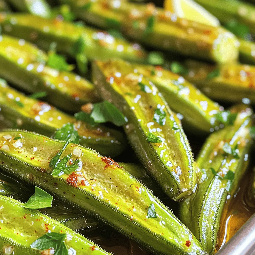 To make easy roasted okra, start with fresh okra. You need one pound of trimmed okra. The seasoning makes it special. Use these spices: - 1 teaspoon garlic powder - 1 teaspoon smoked paprika - 1/2 teaspoon cayenne pepper (feel free to adjust) - Salt to taste - Pepper to taste These ingredients give the okra a nice flavor. The garlic powder adds depth, while smoked paprika adds a hint of smokiness. Adjust the cayenne for less or more heat. Next, you need cooking oil. I recommend using olive oil for this recipe. You will need two tablespoons. Olive oil adds good taste and helps the spices stick. You can use other oils, like avocado or canola, but olive oil works best for flavor. After roasting, you can add some finishing touches. Squeeze two tablespoons of fresh lemon juice over the okra. This brightens the flavor. For a nice look, garnish with chopped fresh parsley. It adds color and a fresh taste. If you want to explore more flavors, try adding a sprinkle of feta cheese or a dash of chili flakes. These extras make your dish even better. For the full recipe, check out the detailed instructions on how to roast your okra perfectly. Start by gathering your ingredients. You need fresh okra, olive oil, garlic powder, smoked paprika, cayenne pepper, salt, and pepper. Use a sharp knife to trim the ends of the okra. Place them in a large mixing bowl. Add two tablespoons of olive oil, a teaspoon of garlic powder, and a teaspoon of smoked paprika. For spice, add half a teaspoon of cayenne pepper. Mix well to coat all the okra evenly. Don’t forget to add salt and pepper to taste. Preheat your oven to 425°F (220°C). Line a baking sheet with parchment paper for easy cleanup. Spread the coated okra in a single layer on the sheet. Make sure they aren't crowded, which helps them roast evenly. Roast in the oven for about 20 to 25 minutes. Halfway through, use tongs to turn the okra for even browning. Look for a tender texture and a light brown color. Once done, take the okra out of the oven. Drizzle two tablespoons of fresh lemon juice over the hot okra. Toss them gently to mix in the juice. This adds freshness and flavor. Transfer to a serving dish and sprinkle with chopped parsley for a pop of color. Serve your easy roasted okra warm, and enjoy its delicious crunch! For the full recipe, check out the details above. To find fresh okra, look for bright green pods. They should be firm, not soft or wrinkled. Fresh okra often has a smooth surface and is not too large. Pods about 3 to 4 inches long are best. If the okra looks dull, it may not be fresh. Always choose okra that feels heavy for its size. This ensures you get the best flavor and texture. You can easily change the spice level to suit your taste. If you like it mild, skip the cayenne pepper. For a bit of heat, add just a pinch. You can also try other spices like black pepper or chili powder. Always taste your seasoning before roasting. This way, you can adjust it to your liking. One mistake is overcrowding the baking sheet. When okra is packed too closely, it can steam instead of roast. This keeps it from getting crispy. Another mistake is not preheating the oven. A hot oven helps achieve that perfect roast. Lastly, don't skip the lemon juice. It brightens the flavor and balances the spices. Following these tips will help you make the best roasted okra. For the full recipe, check out the details above! {{image_2}} You can change up the flavor of your roasted okra by trying different seasonings. Here are a few ideas: - Cumin and coriander give a nice warm taste. - Italian herbs like oregano or basil work well for a fresh flavor. - Lemon zest adds brightness and a zing. Mix and match these spices to find what you love best. Roasting okra in the oven is easy and hands-off. It gives a crispy finish. If you want a different texture, try pan-frying. Here’s how: - Heat some oil in a pan over medium heat. - Add the seasoned okra and cook for about 8-10 minutes. - Stir often to prevent burning. Pan-frying can give you a tasty, crispy okra if you prefer that method. You can make your roasted okra even better by adding other veggies. Here are some tasty options: - Cherry tomatoes add sweetness and juiciness. - Bell peppers bring color and crunch. - Red onions give a nice bite. Just cut them to size, toss them in with the okra, and roast. This creates a colorful and flavorful dish! For the full recipe, check out the Easy Roasted Okra section. After cooking, let your roasted okra cool down. Place any leftovers in an airtight container. Store them in the fridge. They will stay fresh for about 3 days. Make sure to keep them away from moisture to avoid sogginess. To reheat, use the oven for best results. Preheat your oven to 350°F (175°C). Spread the leftover okra on a baking sheet. Heat for about 10-15 minutes, or until warm. This method keeps the okra crispy and tasty. You can also use a microwave, but it may not be as crunchy. If you want to save okra for later, freezing is a good option. First, cool the leftover okra completely. Then, place them in a freezer-safe bag. Remove as much air as you can before sealing. The okra can last for up to 3 months in the freezer. When you're ready to eat, thaw in the fridge overnight before reheating. For best flavor, use within one month. For the full recipe, check the main article. To make the best roasted okra, choose fresh, firm pods. Trim the ends and keep them whole. Toss the okra with olive oil and spices. Garlic powder, smoked paprika, and cayenne pepper work well for flavor. Spread them on a baking sheet in a single layer. Roast at 425°F for 20-25 minutes. Turn them halfway to cook evenly. This method gives you crispy, tender okra with a rich taste. Yes, you can use frozen okra. Thaw it first and remove extra moisture. Frozen okra may cook faster than fresh. Be careful not to overcrowd the baking sheet. This helps avoid steaming. The flavor might be less vibrant, but it still works well. Roasted okra pairs well with rice dishes, grilled meats, and salads. You can serve it alongside spicy curries or stews. It also makes a great snack or appetizer. Try it with dips like hummus or tzatziki for added fun. Roasted okra lasts about 3 to 4 days in the fridge. Store it in an airtight container to keep it fresh. Reheat it in the oven or on the stovetop. This way, it remains crispy. Enjoy your leftovers as a tasty side dish! To make great roasted okra, start with fresh ingredients. Choose the right seasonings and oil. Follow each step carefully for best results. Remember to avoid common mistakes, and try different methods. You can even add other vegetables for variety. Store leftovers properly to keep them fresh. With these tips and tricks, you’ll enjoy perfect roasted okra every time. Try it with your favorite dishes; you won’t regret it!