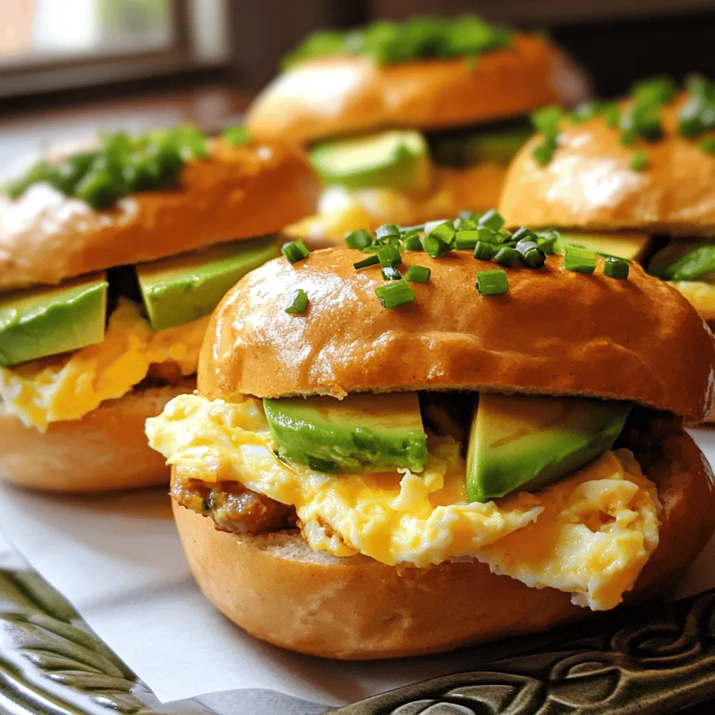 - 4 small bagels, sliced in half - 4 large eggs - 4 slices of cheddar cheese - 4 slices of turkey sausage - 1 ripe avocado, sliced - 2 tablespoons butter - Salt and pepper to taste - Fresh chives, chopped for garnish Each ingredient plays a vital role in making these bagel breakfast sliders tasty. The bagels provide a chewy base. Eggs add protein and creaminess. Cheddar cheese gives a rich flavor. Turkey sausage enhances the savory taste. Avocado brings freshness and healthy fats. Butter helps to toast the sliders perfectly. Seasoning with salt and pepper adds essential flavors. Fresh chives not only brighten the dish but also add a pop of color. You can use the Full Recipe to get started. Each step brings you closer to a delicious breakfast treat. Enjoy the balance of flavors and textures in every bite! To start, prepare your skillet. Melt 1 tablespoon of butter over medium heat. This creates a nice flavor base. Next, add the turkey sausage slices. Cook them for 3-4 minutes on each side. You want them golden brown. Once done, take them out and set them aside. Now, let's cook the eggs. You can choose to make them sunny-side up or scrambled. I prefer sunny-side up for the runny yolk. Crack the eggs into the skillet and season with salt and pepper. Cook for about 3-4 minutes. When the whites are set, place a slice of cheddar cheese on top. Let it melt for that rich, creamy flavor. While the eggs cook, it’s time to toast the bagels. You can use a toaster or a pan. Toast them until they are golden brown. This step is key. A crispy bagel adds great texture to your sliders. Now for the fun part: assembling the sliders. Start with the bottom half of the bagel. Place a slice of turkey sausage on it. Next, add the cheesy egg. Then, top it with a few slices of avocado. Finally, place the top half of the bagel over everything. For a crispy finish, melt the remaining tablespoon of butter in the skillet. Gently place the assembled sliders in the pan. Toast for about 2 minutes on each side. This gives them a nice crunch. Serve them warm, and don’t forget to garnish with fresh chives. Enjoy your delicious bagel breakfast sliders! For the complete recipe, check out the Full Recipe section. To make great Bagel Breakfast Sliders, you need to focus on two key areas: the eggs and the sausage. - Avoiding overcooked eggs: Cook the eggs for just enough time. For sunny-side up, watch the whites carefully. They should be firm but the yolks should stay runny. If you scramble, mix them gently and remove from heat when they are soft and fluffy. Overcooked eggs can become rubbery, so take them off the heat when they look slightly underdone. - Achieving the right sausage texture: Cook the turkey sausage until it is golden brown. This means cooking for about 3-4 minutes on each side. You want it crispy on the outside but juicy inside. Don't rush this step. If it's not browned, it won't have the great flavor we want. Pair your sliders with tasty sides. Here are some ideas: - Pairing with sides: Fresh fruit or a light salad works well. You can also serve them with crispy hash browns for a heartier meal. - Drizzle ideas: Try adding a drizzle of hot sauce or a creamy ranch dressing. These add a nice kick and enhance the flavor of the sliders. Garnishing can elevate your dish. - Other options besides chives: If you want to mix it up, try using parsley or diced tomatoes. These add color and freshness. - How garnishing enhances presentation: A nice garnish makes your sliders look more appealing. It shows care and attention to detail. A pop of green can make your dish stand out on the table. For the full recipe, you can check the detailed steps above. Enjoy making these delicious Bagel Breakfast Sliders! {{image_2}} You can switch up the bagels you use. Try onion, everything, or plain bagels. Each type adds a new taste. You can also change the meat. Instead of turkey sausage, use crispy bacon or savory ham. Both options bring a different flavor. Want to make your sliders pop? Add fresh veggies like spinach or juicy tomatoes. They add crunch and color. You can spice things up too. A dash of hot sauce or your favorite herbs can give your sliders a kick. If you want a vegetarian option, skip the meat and add more veggies. You can use black beans or mushrooms for protein. For gluten-free sliders, choose gluten-free bagels. They work just as well and taste fantastic. These variations let you make the Bagel Breakfast Sliders your own. Explore different flavors and enjoy! For more ideas, check the Full Recipe. To keep your sliders fresh, wrap them tightly in plastic wrap or foil. You can also use a sealed container. Store them in the fridge for up to three days. This way, you can enjoy your tasty bagel breakfast sliders later. When reheating, the oven works best. Preheat it to 350°F (175°C). Place the sliders on a baking sheet and cover them with foil. Heat them for about 10-15 minutes. This keeps the bagels crisp and the cheese melty. If you use a microwave, heat them in short bursts. A few seconds will warm them, but they may get soggy. You can freeze your sliders for later. Wrap each slider in plastic wrap, then put them in a freezer bag. Make sure to remove as much air as possible. They can stay frozen for up to three months. To enjoy them, take them out and thaw overnight in the fridge. Reheat as mentioned above for best results. Yes, you can make Bagel Breakfast Sliders ahead of time. To prep in advance, cook the turkey sausage and eggs. Store them in the fridge. You can also slice the bagels. When you are ready to eat, just toast the bagels and assemble the sliders. This saves time and makes breakfast quick and easy! You can mix and match fillings to make them your own. Try using bacon or ham instead of turkey sausage. Add spinach, tomatoes, or even jalapeños for a kick. Want more flavor? Use different cheeses like pepper jack or cream cheese. The options are endless, so have fun with it! For the best flavor, use fresh bagels. I recommend everything bagels for a bold taste. Plain bagels work well too, letting the fillings shine. If you like a sweeter option, try cinnamon raisin bagels. Choose what you love! Yes, you can easily make these sliders vegetarian. Substitute turkey sausage with veggie sausage or mushrooms. You can also add more veggies like bell peppers or zucchini. Use cheese or avocado for creaminess. These swaps keep your sliders tasty and satisfying! Bagel Breakfast Sliders can last up to three days in the fridge. Be sure to store them in an airtight container. When you want to eat them, reheat in the microwave or toaster oven. This keeps them warm and delicious! In this blog post, we covered how to make delicious Bagel Breakfast Sliders. We explored main and additional ingredients, detailed step-by-step cooking instructions, and offered tips for perfecting your cooking process. We also shared variations and storage information. As you try these sliders, remember to be creative with flavors and adjustments. Enjoy customizing your sliders for perfect mornings ahead!
