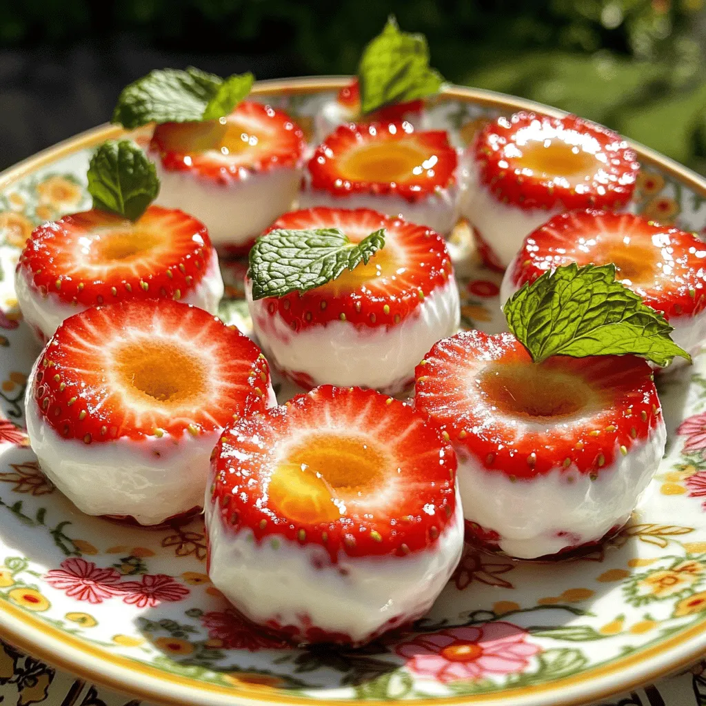 For this recipe, use fresh strawberries. They should be ripe and sweet. Select berries that are bright red and firm. Avoid any with dark spots or mushy areas. You will need 2 cups of strawberries. Clean them well, hull them, and cut them in half. The strawberries add a burst of flavor and color to each bite. Greek yogurt is the base for this recipe. You can choose plain or vanilla yogurt. Plain yogurt gives a tangy taste. Vanilla yogurt adds extra sweetness. Aim for 1 cup of Greek yogurt. This creamy texture coats the strawberries well. It also provides protein and calcium, making these bites healthy. Sweeteners are optional in this recipe. You can use honey or maple syrup. These add sweetness and flavor. Use 2 tablespoons if you want a sweeter treat. Adjust the amount based on your taste. If you prefer, you can skip sweeteners altogether. The natural sweetness of strawberries may be enough. A pinch of salt enhances the flavors in the yogurt. For the full recipe, check the Easy Strawberry Yogurt Bites section above. First, grab a mixing bowl. Add 1 cup of Greek yogurt. You can choose plain or vanilla. Next, if you like it sweeter, add 2 tablespoons of honey or maple syrup. This step is optional. Then, add 1 teaspoon of vanilla extract for extra flavor. Finally, sprinkle in a pinch of salt. Use a spoon to mix everything together. Keep stirring until the yogurt is smooth and creamy. Now, take your fresh strawberries. Make sure they are hulled and halved. Each piece needs a good coat of yogurt. Dip each strawberry half into your yogurt mix. Ensure it gets fully covered. This step brings the sweet and creamy flavor to the strawberries. Place the yogurt-coated strawberries into a mini muffin or silicone ice cube tray. Fill each spot halfway with the strawberries. After placing the strawberries in the tray, use the leftover yogurt mix. Spread this over the strawberries to cover them completely. Now, it's time to freeze. Put the tray in the freezer for 2 to 3 hours. Wait until the yogurt bites are solid. Once they are frozen, remove them by gently pressing the bottom of the tray. Use silicone trays for easier removal. You can serve them right away or store them in an airtight container in the freezer. Enjoy your delicious Easy Strawberry Yogurt Bites! For the full recipe, check the previous section. Pick strawberries that are bright red and firm. Look for fresh, ripe berries. They should smell sweet and fruity. Avoid berries with bruises or mold. The right strawberries make your yogurt bites taste amazing. Mix Greek yogurt until it's smooth. If you want it sweeter, add honey or maple syrup. The right consistency is creamy, not too thick or thin. Stir in a pinch of salt to enhance the flavor. This balance makes each bite delightful. Serve the yogurt bites on a pretty plate. You can add fresh mint leaves for a pop of color. Drizzle some honey on top for extra sweetness. These bites make a great snack or dessert. You can share them at parties or keep them for yourself. Enjoy them cold for a refreshing treat! For the full recipe, check out the Easy Strawberry Yogurt Bites section. {{image_2}} You can swap strawberries for other fruits. Try blueberries, raspberries, or bananas. Each fruit brings its own taste. For example, bananas add creaminess, while raspberries offer a tart kick. Just make sure to cut them into small pieces. This way, they fit better in the yogurt coating. You can change up the yogurt flavor too. Try adding cocoa powder for a chocolate twist. You can also mix in spices like cinnamon or nutmeg for warmth. For a fruity boost, add some lemon or orange zest. These small changes can create a unique treat. If you want a vegan version, substitute Greek yogurt with coconut yogurt. This will keep the creamy texture. Use maple syrup instead of honey for sweetness. You can also add a splash of almond or soy milk to thin the mixture. This way, everyone can enjoy these tasty bites! For the complete recipe, check out the Easy Strawberry Yogurt Bites section above. After making your Easy Strawberry Yogurt Bites, you need to store them right. First, let them freeze completely. This keeps their shape and texture. Use a good airtight container. This will stop freezer burn. You can also wrap each bite in plastic wrap. That way, they stay fresh. If you want easy access, keep them in a clear container. You will see them and remember to enjoy them! These yogurt bites can last in the freezer for up to three months. They stay tasty and good if stored properly. After three months, they might lose their flavor and texture. You won’t want to eat them if they look icy or dry. Always check for any changes before enjoying your treats. You can reuse your yogurt trays for future batches. Just wash them well after using. Make sure they are dry before your next use. You can also try different shapes. Ice cube trays and silicone molds can add fun designs. This makes your treats more exciting to eat! Yes, you can use different yogurts. You might try regular yogurt or dairy-free options. Plant-based yogurt works well for a vegan choice. Each type gives a unique taste and texture. Just make sure it is thick enough to coat the strawberries. Adding flavor is easy! You can mix in spices like cinnamon or nutmeg. Fresh herbs like mint or basil also add a fun twist. Adding a splash of fruit juice, like lemon or orange, brightens the mix, too. For a sweeter touch, try flavored extracts, like almond or coconut. If you don’t have a silicone tray, use a mini muffin tin. Just line it with paper liners for easy removal. You can also use an ice cube tray. Just be sure to coat the strawberries well, so they don’t stick. Enjoy the fun of creating your yogurt bites! We explored how to make tasty yogurt bites with fresh strawberries and yogurt. I shared steps to mix, coat, and freeze them. You learned tips for choosing the right strawberries and serving ideas. We even discussed fun variations and storage tips. In the end, these yogurt bites are easy to make and enjoy. Try them out and have fun creating your own flavors!