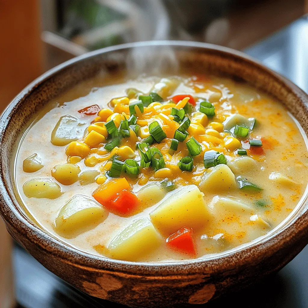 To make Cajun potato soup, you need the following ingredients: - 4 large potatoes, peeled and cubed - 1 medium onion, diced - 3 cloves garlic, minced - 1 bell pepper (any color), diced - 2 stalks celery, chopped - 4 cups vegetable broth - 1 cup whole milk (or coconut milk for a dairy-free option) - 1 tablespoon Cajun seasoning - 2 teaspoons paprika - 1 teaspoon thyme - Salt and pepper to taste - 3 tablespoons olive oil - 1 cup corn kernels (fresh or frozen) - ½ cup green onions, chopped (for garnish) - ½ cup shredded cheese (optional, for garnish) These ingredients come together to create a warm and rich soup that fills your belly with comfort. If you lack any ingredients, here are some easy swaps: - Potatoes: You can use sweet potatoes for a different flavor. - Vegetable broth: Chicken broth works well too. - Whole milk: Try almond or oat milk for a non-dairy option. - Corn: You can use peas if corn is not available. - Cajun seasoning: Make your own blend with paprika, cayenne, and oregano. These substitutions can help you create the soup with what you have on hand. Using fresh ingredients makes your soup taste better and adds nutrients. Fresh veggies bring a crisp flavor and bright color. They also provide vitamins and minerals that are great for your health. You can feel good knowing that your soup is not just tasty but good for you too. Plus, fresh ingredients often have a stronger flavor, making every bite delightful. Enjoying a bowl of Cajun potato soup means savoring comfort in its best form. Check out the Full Recipe for more details on how to make this comforting dish. To make Cajun potato soup, follow these easy steps. First, grab a large pot. Heat three tablespoons of olive oil over medium heat. Next, add one diced onion, one diced bell pepper, and two chopped celery stalks. Cook for about five to seven minutes, until they soften. Then, add three minced garlic cloves and stir for one more minute. This step adds great flavor. Now, toss in four cubed potatoes, one cup of corn, and four cups of vegetable broth. Also, mix in one tablespoon of Cajun seasoning, two teaspoons of paprika, one teaspoon of thyme, and salt and pepper to taste. Bring everything to a boil. Once boiling, lower the heat and cover the pot. Let it simmer for about 20 minutes. This makes the potatoes tender. After that, use an immersion blender to puree the soup. If you prefer some texture, leave a few chunks. If you don’t have an immersion blender, carefully transfer the soup to a regular blender in batches. When done blending, pour the soup back into the pot if you used a regular blender. Stir in one cup of whole milk or coconut milk. Adjust seasoning if needed and heat on low for five more minutes. Your soup is ready to serve! - When sautéing, stir the veggies often to avoid burning. - Use fresh garlic for the best taste. - For a thicker soup, blend longer or add more potatoes. - Always taste and adjust the seasoning at the end. - If you want a creamier soup, add more milk or cream. - Don’t skip the sauté step; it builds flavor. - Avoid overcooking the potatoes; they should be tender but not mushy. - If using a regular blender, let the soup cool slightly to avoid splatters. - Don’t forget to garnish! Green onions and cheese make a big difference. - Be careful with the Cajun seasoning; it can be spicy. Start small and adjust to your taste. By following these steps, you will create a delicious and comforting Cajun potato soup. For the complete recipe, check out the Full Recipe. To boost the flavor of your Cajun potato soup, use fresh herbs. Fresh thyme or parsley adds brightness. You can also try adding a splash of hot sauce for some heat. A squeeze of lemon juice at the end brings out all the flavors. If you want a deeper taste, try roasting your potatoes first. This adds a lovely, rich flavor. Texture is key in this soup. I like to leave some potato chunks for a hearty bite. Use an immersion blender to blend half the soup while keeping some pieces intact. This gives a nice balance of smooth and chunky. If you want a creamier soup, add more milk slowly until you reach your desired creaminess. Serve this soup hot for the best taste. I love pairing it with crusty bread or cornbread. A simple salad on the side adds freshness. You can garnish the soup with green onions and cheese for extra flavor. For a fun twist, top it with crispy bacon bits or a dollop of sour cream. Enjoy this comforting bowl of goodness with your favorite people! For the complete instruction, check out the Full Recipe. {{image_2}} To make this soup dairy-free, swap whole milk with coconut milk. Coconut milk adds creaminess and a hint of sweetness. You can also add a splash of lemon juice for zing. This option keeps the comforting feel of the soup without dairy. If you crave more heat, try adding diced jalapeños or crushed red pepper flakes. These spices enhance the Cajun flavor. You can also stir in hot sauce to taste. I love using Tabasco for its sharp kick. Feel free to mix in other veggies. Carrots and parsnips work great for added sweetness. You can also use sweet potatoes for a different twist. If you want extra protein, add cooked sausage or beans. This soup is flexible and fun to customize. For the full recipe, check out the details above! After enjoying your Cajun potato soup, let it cool down first. Once cooled, pour the soup into an airtight container. This helps keep the flavors fresh. Store it in the fridge for up to three days. If you think you will eat it later, freezing is a great option too. When you are ready to enjoy your soup again, heat it on the stove. Pour the desired amount into a pot. Warm it over medium heat, stirring often. This helps it heat evenly. If you prefer the microwave, transfer the soup to a microwave-safe bowl. Heat in short intervals, stirring in between. This prevents hot spots. To freeze your Cajun potato soup, use freezer-safe containers. Leave some space at the top, as the soup will expand when frozen. It is best to freeze it within a day or two of making it for the best taste. When you want to enjoy it again, move it to the fridge overnight to thaw. Then, reheat it on the stove or in the microwave. This soup can last up to three months in the freezer. For the full recipe, visit my Cajun potato soup guide. Cajun cuisine comes from Louisiana. It blends French, Spanish, and African flavors. It uses lots of herbs and spices. Cajun dishes often feature meats, seafood, and rice. This style of cooking focuses on bold flavors and hearty meals. Cajun potato soup is a great example. It’s rich, warm, and full of spice. Yes, you can use various potatoes. Russet potatoes work well for a creamy texture. Yukon Gold potatoes add a buttery flavor. Red potatoes hold their shape better but are still soft. Each type brings a unique taste to the soup. Feel free to mix and match for fun flavors. To spice up the soup, add more Cajun seasoning. You can also mix in hot sauce for heat. Try diced jalapeños or crushed red pepper flakes. Each of these can boost the spice level. Adjust to suit your taste. Enjoy the warmth that comes from the heat! For the full recipe, check out the detailed section above. Using fresh ingredients is key for great flavor. We explored the essential components and substitutions you can make. I shared step-by-step cooking tips to avoid common mistakes. Remember, small tweaks can change outcomes, enhancing both texture and taste. For dietary needs, I suggested tasty variations, including dairy-free options. Proper storage can keep your leftovers fresh. With these insights, you can enjoy delicious meals while impressing your family. Cooking can be fun and rewarding with the right tools and knowledge.