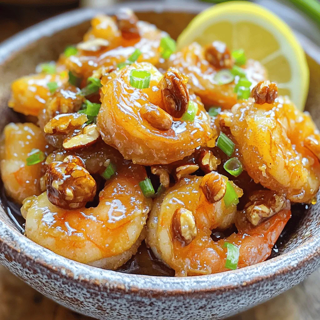 - 1 lb large shrimp, peeled and deveined - 1/2 cup walnuts - 1/2 cup all-purpose flour - 1/4 cup cornstarch - 1 egg, beaten - 1/2 cup coconut milk - 1/4 cup honey - 2 tablespoons mayonnaise - 1 tablespoon lemon juice For this recipe, large shrimp are the star. They bring a sweet and juicy flavor. The walnuts add a nice crunch and a hint of sweetness. The coating mixture of flour, cornstarch, and egg creates a crispy shell for the shrimp. The sauce, made from coconut milk, honey, mayonnaise, and lemon juice, ties everything together. - Salt and pepper - Oil for frying - Chopped green onions for garnish While salt and pepper may seem basic, they enhance the dish's flavor. Oil is key for frying the shrimp to golden perfection. Green onions add a pop of color and a fresh taste. - Approximately 400 calories per serving - Protein: 20g - Fats: 25g - Carbohydrates: 30g This dish is rich in flavor, and it packs a good protein punch. The fats mainly come from the walnuts and oil, giving it a satisfying feel. The carbohydrates mainly come from the sauce and coating. For those watching their diet, you can easily adjust the portions or ingredients. Check the Full Recipe for more details on serving sizes and variations. First, boil the walnuts. Fill a small saucepan with water and heat it over medium heat. Add the walnuts and let them boil for about 2 minutes. After that, drain the walnuts well. Next, we will candy them. In the same pan, add the drained walnuts back in. Pour in 1/4 cup of sugar and enough water to cover the walnuts. Cook this over medium-low heat until the sugar melts and coats the walnuts. This takes about 5 minutes. Once done, remove the pan from heat. Spread the walnuts on a parchment-lined tray to cool. Now, it's time to coat the shrimp. In a mixing bowl, combine all-purpose flour, cornstarch, salt, and pepper. This mix helps the shrimp get a nice crunch. Take each shrimp and dip it into a beaten egg, then coat it in the flour mixture. Make sure each shrimp is well covered. Next, heat oil in a deep skillet or frying pan over medium-high heat. You want enough oil to fry the shrimp properly. Once the oil is hot, add the coated shrimp in batches. Fry them for about 2-3 minutes on each side. Look for a golden color and crispy texture. Use a slotted spoon to transfer the shrimp to a paper towel-lined plate. This removes extra oil. For the sauce, whisk together coconut milk, honey, mayonnaise, and lemon juice in a separate bowl. This mix should be smooth and creamy. Taste it and adjust the sweetness or tanginess to your liking. You can add more honey for sweetness or lemon juice for a tangy kick. Now, combine everything. In a large serving bowl, add the fried shrimp. Pour the honey sauce over the shrimp and toss gently. Make sure the shrimp are evenly coated. Finally, sprinkle the candied walnuts on top and give it a gentle toss. Be careful not to break the walnuts. For the full recipe, check the details provided above. Enjoy this sweet and crunchy dish! - Recommended frying temperature: Heat your oil to about 350°F (175°C). This helps the shrimp cook quickly and become crispy. - How to achieve crispy shrimp: To get that perfect crunch, coat each shrimp well with your flour mix. Fry in small batches to keep the oil hot. - Presentation ideas: Serve your Honey Walnut Shrimp in a large, bright bowl. Garnish with green onions for color. Add a lemon slice for a fresh pop. - Pairing with sides or rice: This dish pairs well with white rice or fried rice. You can also serve it with steamed veggies for balance. - Overcooking shrimp: Shrimp cook fast. Fry them for just 2-3 minutes per side. Watch closely to avoid rubbery shrimp. - Under-seasoning the sauce: Taste your sauce before serving. Adjust honey or lemon juice to suit your preference. A well-seasoned sauce elevates the entire dish. For the full recipe, check out the detailed steps to make this tasty dish. {{image_2}} You can make Honey Walnut Shrimp lighter. Use less oil for frying. This simple swap cuts calories while still giving a nice crunch. You can also try a dairy-free sauce. Instead of mayonnaise, use silken tofu or a vegan mayo. This keeps the creaminess without dairy. Want to boost the flavor? Add spices like garlic powder or cayenne pepper. These give a new twist to the dish. You can also try different sweeteners. Maple syrup or agave nectar can work well too. For an extra crunch, toss in vegetables like broccoli or bell peppers. These add color and nutrition to your meal. Feel free to mix up the nuts. Pecans or almonds can add a unique taste. You can also experiment with proteins. Try chicken or tofu for a different version of this dish. These changes let you enjoy Honey Walnut Shrimp in new ways. If you want the full experience, check out the Full Recipe. To keep your Honey Walnut Shrimp fresh, place it in an airtight container. Make sure to allow it to cool before sealing. This helps keep moisture out and preserves flavor. Cooked shrimp can last in the fridge for about 2 to 3 days. Use it within this time for the best taste. When reheating, avoid using the microwave if you can. Microwaving can make shrimp rubbery. Instead, warm it in a skillet over low heat. Add a splash of water or broth to keep it moist. Heat until it reaches 165°F (74°C). This ensures your shrimp is hot and safe to eat. If you have leftovers, freezing is a great option. Place the shrimp in a freezer-safe bag or container. Remove as much air as possible to avoid freezer burn. Honey Walnut Shrimp can last in the freezer for about 1 month. To enjoy it later, thaw in the fridge overnight. Reheat gently to keep the flavors intact. Honey Walnut Shrimp is a popular dish in Chinese-American cuisine. It features crispy shrimp tossed in a sweet sauce made with honey and coconut milk. The dish usually has candied walnuts for a crunchy texture. It is known for its balance of sweet and savory flavors. This dish likely originated in California, where chefs aimed to create a unique blend of flavors. Yes, you can make Honey Walnut Shrimp gluten-free. Instead of all-purpose flour, use cornstarch or gluten-free flour blends. For the sauce, ensure the mayonnaise is gluten-free. Most other ingredients, like honey and shrimp, are naturally gluten-free. Always check labels to avoid hidden gluten. This dish pairs well with several sides. Here are some suggestions to complement it: - Steamed jasmine rice - Fried rice with vegetables - Stir-fried bok choy - Simple green salad with a light dressing These sides balance the richness of the shrimp and sauce. To check shrimp doneness, look for these signs: - They turn pink and opaque. - The flesh feels firm to the touch. - They curl into a C shape, not an O. Cook shrimp for about 2-3 minutes per side. Overcooked shrimp become rubbery, so keep a close eye. Yes, Honey Walnut Shrimp is great for meal prep. You can cook the shrimp and sauce in advance. Store the shrimp in an airtight container in the fridge for up to three days. However, the walnuts should be added just before serving to keep them crunchy. Reheat the shrimp gently to avoid drying them out. Many restaurants serve amazing Honey Walnut Shrimp. Look for popular Chinese or Asian fusion spots. Some well-known chains also offer great versions of this dish. Local reviews can help you find the best places. Explore food blogs and social media for hidden gems. Honey Walnut Shrimp is a delicious dish that fits many tastes. You learned about key ingredients, from large shrimp to candied walnuts. Preparing it involves steps like coating shrimp and making a tasty sauce. Remember to avoid common mistakes to get crispy results. Feel free to try different variations for health or flavor. Proper storage and reheating tips help you enjoy the dish longer. With the right knowledge, you can make this meal a favorite in your home. Enjoy cooking and savor every bite!