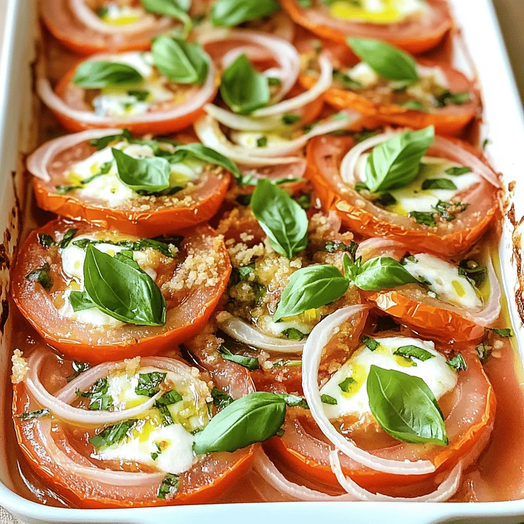 - 4 large ripe tomatoes, sliced - 1 medium onion, sliced - 2 cloves garlic, minced - 1 cup fresh basil, chopped - 1 cup mozzarella cheese, shredded - 1/2 cup breadcrumbs - 1/4 cup olive oil - 1 teaspoon dried oregano - Salt and pepper to taste Gathering the right ingredients is key to making this dish shine. Fresh tomatoes bring the best flavor. Use ripe ones for a sweet taste. The onion adds depth, while garlic gives it a nice kick. Fresh basil brightens every bite. Mozzarella cheese melts beautifully and creates a creamy texture. Breadcrumbs add a lovely crunch to the top. Olive oil keeps everything moist and rich. Dried oregano enhances the taste and adds warmth. Don’t forget salt and pepper; they balance all the flavors well. - Baking dish - Knife and cutting board - Measuring cups and spoons - Aluminum foil Having the right tools makes cooking easier. A baking dish is essential for holding all the layers. A good knife and cutting board help you slice the tomatoes and onion. Measuring cups and spoons ensure you get the right amounts. Aluminum foil is great for covering the dish while it bakes. All these tools make the process smooth and enjoyable. For the full recipe, check out the detailed instructions. - Preheat your oven to 375°F (190°C). - In a baking dish, lay half of the sliced tomatoes. - Add half of the sliced onion and garlic on top. - Sprinkle half of the chopped basil over the layers. - Season with salt, pepper, and half of the dried oregano. - Layer on half of the mozzarella cheese and breadcrumbs. - Repeat the layers with the remaining ingredients. - Drizzle olive oil evenly over the top of the casserole. - Cover the dish with aluminum foil and bake for 30 minutes. - After 30 minutes, carefully remove the foil. - Bake for an additional 15-20 minutes until golden brown. - Allow the casserole to cool for a few minutes before serving. - For a beautiful presentation, serve warm in the baking dish. - Garnish with extra basil leaves for a pop of color. You can find the full recipe details to enhance your cooking experience. You can easily swap ingredients in your casserole. If you want a different cheese, try Parmesan or feta cheese. These cheeses add a nice twist and flavor. For a quicker option, use canned tomatoes. They save time and still taste great. To get that cheese perfectly melted, cover the dish with foil at first. This keeps the heat in and helps the cheese melt evenly. For the best results with tomatoes, arrange them in a single layer. This helps them cook evenly and prevents sogginess. Pair your casserole with a simple green salad or garlic bread. These sides add freshness and texture. For drinks, a light white wine or sparkling water works well. These beverages balance the rich flavors of the casserole. Feel free to check out the Full Recipe for more details! {{image_2}} You can make this dish even better with veggies. Try adding zucchini or bell peppers. Just slice them thin and layer them in with the tomatoes. They bring nice color and flavor. Fresh herbs also add a twist. Use thyme or parsley for a new taste. You can mix and match to find your favorite blend! Adding meat can turn this dish into a hearty meal. Cooked ground meat or sausage works well. Brown the meat before adding it to the layers. This gives your casserole added protein and flavor. It makes the dish more filling, too. Kids and adults alike will love it! If you need a gluten-free option, choose gluten-free breadcrumbs. They work just like regular ones. You can even crush gluten-free crackers for a crunchy topping. When serving guests, be sure to check all ingredients. This way, everyone can enjoy the meal without worry. To store your Easy Baked Tomato Casserole, let it cool first. Then, place leftovers in an airtight container. Use glass or plastic containers for best results. Make sure to cover it well to keep it fresh. This way, your meal stays tasty for later. If you want to save some for later, freezing works great. Cut the casserole into portions. Wrap each piece tightly in plastic wrap. Then, place them in a freezer-safe bag. To reheat, set your oven to 350°F (175°C). Bake the frozen casserole for about 30-40 minutes. Check that it's hot all the way through before serving. In the fridge, your casserole stays fresh for about 3-4 days. Look for signs of spoilage, like a bad smell or mold. If it smells funny or has changed color, it's best to throw it away. Always trust your senses when it comes to food safety! It takes about one hour to bake this casserole. You need 15 minutes for prep. Then, bake it for 30 minutes covered. After that, remove the foil and bake for another 15-20 minutes. This makes the top crispy and golden. Yes, you can use other cheeses. Parmesan adds a nutty taste. Feta gives a tangy flavor. Each cheese changes the dish's taste. Just keep the amount the same to ensure good texture. This casserole pairs well with many sides. A fresh green salad adds crunch. Garlic bread complements the flavors nicely. You might also serve rice or pasta. These sides help soak up the tasty juices. This recipe is quite healthy. It uses fresh tomatoes and basil full of nutrients. Mozzarella provides protein and calcium. You control the amount of oil and salt, keeping it light. The dish is rich in vitamins and antioxidants. To make it kid-friendly, reduce the garlic and herbs. Kids often like milder flavors. You can add a bit of sugar to balance the acidity of tomatoes. Also, let them help layer the ingredients. This makes them more excited to eat it. This baked tomato casserole is easy to make and full of flavor. We covered the key ingredients, tools you need, and simple steps to follow. You also learned tips for variations and storage. Try this recipe to enjoy fresh veggies and delicious cheese. It’s a wholesome meal that you can modify for your taste. Happy cooking!