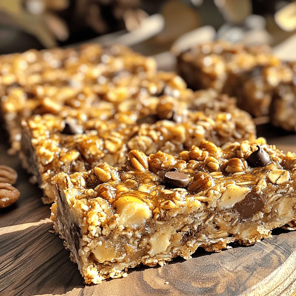 - 2 cups rolled oats - 1 ripe banana, mashed - 1/2 cup almond butter (or peanut butter) - 1/3 cup honey or maple syrup - 1/2 cup almond milk (or any milk of choice) - 1 teaspoon vanilla extract - 1 teaspoon baking powder - 1/2 teaspoon cinnamon - 1/4 teaspoon salt - 1/2 cup mixed nuts (like walnuts, almonds, and pecans), chopped - 1/4 cup chocolate chips To make baked oatmeal bars, gather the ingredients listed above. Rolled oats are the base of this recipe. They provide fiber and help keep you full. The ripe banana adds natural sweetness and moisture. Almond butter or peanut butter gives healthy fats and a delicious nutty flavor. Honey or maple syrup acts as the sweetener. You can adjust the amount based on your taste. Almond milk keeps the bars moist but feel free to use any milk you like. The vanilla extract enhances the flavor. Next, we have the dry ingredients. Baking powder helps the bars rise while baking. Cinnamon gives a warm, cozy taste, and salt balances all the flavors. For optional add-ins, mixed nuts add crunch and protein. If you love chocolate, toss in chocolate chips for a treat! You can find the full recipe [here]. - Preheat the oven to 350°F (175°C). - Line an 8x8 inch baking pan with parchment paper. To start, preheating the oven is key. This ensures even cooking. While the oven warms up, prepare your baking pan. Parchment paper helps with easy removal later. Next, let’s mix the wet ingredients. In a large bowl, mash the ripe banana well. Add in almond butter, honey or maple syrup, almond milk, and vanilla extract. Stir this mixture until it’s smooth. You want everything to blend nicely. - Incorporate dry ingredients into the wet mixture. - Fold in nuts and chocolate chips. Now, it’s time to add the dry ingredients. Sprinkle in the rolled oats, baking powder, cinnamon, and salt. Stir gently until everything is fully combined. Be careful not to overmix. Once mixed, fold in the chopped nuts and chocolate chips if you want that extra sweetness. Make sure they are evenly distributed throughout the mixture. - Pour mixture into the pan and level it. - Bake and check doneness. Pour the mixture into your prepared baking pan. Use a spatula to spread it out evenly. This helps the bars cook uniformly. Now, place it in the oven. Bake for 25-30 minutes. You’ll know it’s done when the edges turn golden brown. A toothpick inserted in the center should come out clean. Let the bars cool for about 10 minutes in the pan. Then, transfer them to a cutting board. Once cool, cut them into bars. Enjoy your tasty baked oatmeal bars! For the full recipe, check out the complete instructions above. - Ensure bananas are ripe for best flavor. - Don’t overmix to keep bars soft. Using ripe bananas adds sweetness and moisture. They mash easily, blending well with other ingredients. If your bananas are slightly spotty, that’s perfect! They add depth to the bars. Mixing is important. Stir gently until the ingredients blend. Overmixing makes the bars dense and chewy. You want a light, soft texture. - Adjust baking time for a chewier or firmer texture. - Use parchment paper for easy removal. Baking time matters. For chewier bars, bake for about 25 minutes. For firmer bars, leave them in for 30 minutes. Check for golden edges and a clean toothpick. Parchment paper helps lift the bars out easily. It saves time and makes cleanup a breeze. Just line the baking pan before adding the mixture. - Top with yogurt or fresh fruit. - Store in the fridge for a quick snack. Serving can be fun! Add a dollop of yogurt or fresh berries on top. This adds flavor and a pop of color. Storing these bars in the fridge keeps them fresh. They make a great snack for busy days. Just grab one and enjoy! For the full recipe, check the earlier section. {{image_2}} You can switch things up with flavor. Swap almond butter for peanut or cashew butter. This change adds a new taste while keeping it creamy. You can also add dried fruits like cranberries or apricots. This addition gives a sweet burst and makes bars chewy. If you need a gluten-free option, use certified gluten-free oats. They work just as well as regular oats. For a sugar-free treat, you can use alternative sweeteners like stevia or monk fruit. This keeps the bars sweet without added sugar. Want to boost the nutrition? Include protein powder in your mix. This simple change makes your bars a great post-workout snack. You can also experiment with spices like nutmeg or ginger. They add warmth and depth to the flavor, making each bite exciting. Feel free to explore the [Full Recipe], and try your own twists! To keep your baked oatmeal bars fresh, store them in an airtight container at room temperature. This method is simple and works well if you plan to eat them within a week. If you want them to last longer, refrigerate them. The cold will help keep the bars moist and tasty. Freezing is a great option for meal prep. You can freeze individual bars for easy grab-and-go snacks. Just wrap each bar tightly in plastic wrap and then in foil. This extra layer helps prevent freezer burn and keeps the bars fresh. These delicious bars are best eaten within one week when stored at room temperature. If you freeze them, they can last for up to three months. Just remember to let them thaw in the fridge for a few hours before eating. Enjoy your tasty treat anytime! For the step-by-step cooking guide, check the Full Recipe. Yes, you can use quick oats. Quick oats cook faster but may change the bar's texture. Rolled oats give a chewier bite. If you use quick oats, keep an eye on your baking time. The bars are done when the edges turn golden brown. A toothpick inserted in the center should come out clean. If it’s still wet, bake for a few more minutes. You can top your bars with yogurt or fresh fruit. Nuts, seeds, or a drizzle of honey also work well. Consider adding a sprinkle of cinnamon for extra flavor. To make these bars vegan, swap honey for maple syrup. Use almond milk or another plant-based milk. Almond butter or peanut butter works great without any animal products. Yes, you can adjust the sweetness. Add more honey or maple syrup if you like it sweeter. You can also reduce the sweetener if you prefer a less sweet bar. For the full recipe, check out the detailed steps above. This blog post covered how to make tasty oatmeal bars using simple ingredients. You learned about the main and dry ingredients, along with helpful tips and tricks for baking. We also explored variations for flavor and dietary needs, plus storage methods to keep them fresh. Now you can enjoy healthy snacks that fit your lifestyle. Remember, you can customize these bars to match your tastes! Happy baking!