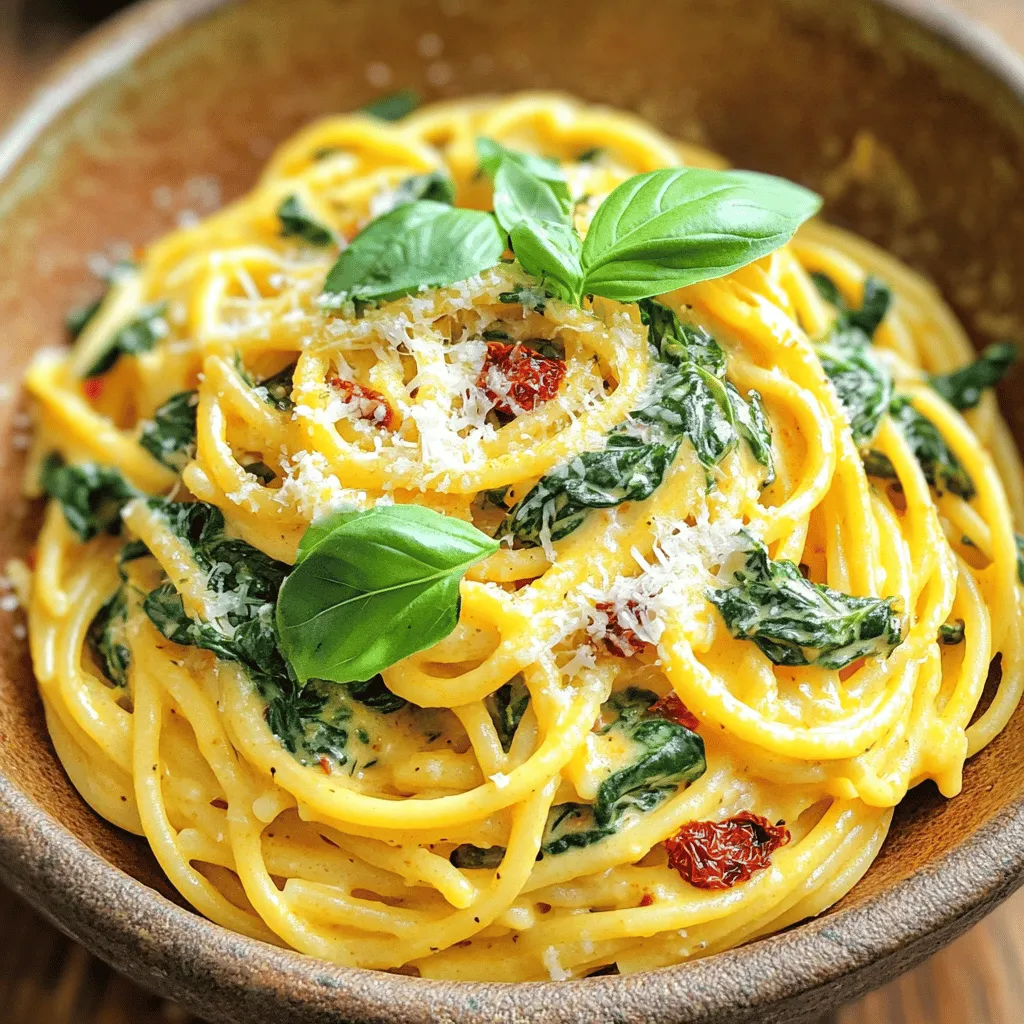Let’s get ready to make a tasty meal! You will need these simple ingredients: - 8 oz spaghetti - 2 cups fresh spinach, chopped - 1 cup sun-dried tomatoes, chopped (preferably in oil) - 1 cup heavy cream - 1/2 cup grated parmesan cheese - 2 cloves garlic, minced - 1 tablespoon olive oil - 1 teaspoon dried basil - Salt and pepper to taste - Fresh basil leaves for garnish Each of these items plays a key role in this dish. The spaghetti serves as a great base. Fresh spinach adds color and nutrition. Sun-dried tomatoes bring a rich, tangy taste. Heavy cream makes the sauce creamy and smooth. Parmesan cheese gives it a nice salty kick. Garlic adds a wonderful aroma. Olive oil helps sauté the spinach. Dried basil adds a hint of earthiness. Lastly, salt and pepper enhance all the flavors. Remember, quality matters! Choose good-quality tomatoes and fresh spinach for the best taste. You can find the full recipe to guide your cooking. Enjoy this delicious meal! To start, fill a large pot with water and add salt. Bring this water to a boil. Once boiling, add 8 oz of spaghetti. Cook it according to the package instructions until it is al dente. This usually takes about 8-10 minutes. Remember to save 1/2 cup of the pasta water before you drain the spaghetti. Set the drained spaghetti aside for later. In the same pot, pour in 1 tablespoon of olive oil and heat it on medium. Once hot, add 2 cloves of minced garlic. Sauté the garlic for about 30 seconds, until you smell its aroma. Next, toss in 2 cups of chopped fresh spinach. Cook this mixture for about 2-3 minutes until the spinach wilts and turns bright green. Now it’s time to make the sauce. Stir in 1 cup of chopped sun-dried tomatoes and 1 cup of heavy cream. Add 1 teaspoon of dried basil for flavor. Allow the sauce to simmer for about 3-5 minutes so it thickens a bit. If the sauce seems too thick, you can add some reserved pasta water to reach your desired consistency. Once the sauce is ready, add the cooked spaghetti back into the pot. Toss the spaghetti in the sauce until each strand is well coated. Then, mix in 1/2 cup of grated parmesan cheese. Keep mixing until the cheese melts and the dish becomes creamy. Taste your dish and add salt and pepper to adjust the flavor. To serve, divide the spaghetti onto plates. For a beautiful touch, garnish each plate with fresh basil leaves. If you like, sprinkle extra parmesan on top. Enjoy your delicious spaghetti and spinach with sun-dried tomato cream sauce! For the complete recipe, refer to the section above. To boost flavor, use fresh herbs. Fresh basil adds bright notes. Just chop it finely and sprinkle it over the dish before serving. You can also try parsley or oregano. These herbs can bring more life to the creamy sauce. Sometimes, the sauce may feel too thick. If this happens, add a splash of the reserved pasta water. This helps loosen the sauce without losing flavor. If the sauce is too thin, let it simmer longer. This will help it thicken up nicely. Spaghetti works well, but you can get creative. Try whole wheat or gluten-free pasta. These options add different textures and flavors. Just make sure to cook according to package instructions. This keeps your pasta at the perfect al dente stage. For the full recipe, check out Spaghetti Bliss with Spinach & Sun-Dried Tomato Cream Sauce. {{image_2}} You can easily boost this dish with protein. Add grilled chicken for a hearty meal. Shrimp also works well, adding a nice seafood twist. For a vegetarian option, try chickpeas or white beans. These add great texture and flavor. Just toss them in when you mix the pasta with the sauce. Each choice brings a different taste to your plate. Want to make this dish dairy-free? You can swap heavy cream with coconut milk. It gives a creamy texture while adding a hint of sweetness. Nutritional yeast is a great substitute for parmesan cheese. It gives a cheesy taste without the dairy. Always check labels to ensure products fit your diet. Enjoy this creamy delight without dairy! Feel free to mix in your favorite veggies. Zucchini or bell peppers add color and crunch. Carrots can provide a slight sweetness, while mushrooms add umami. Just sauté your chosen vegetables with the garlic before adding the cream. This adds more nutrients and flavors to your dish. Create your own version of this spaghetti delight! For the full recipe, check out the details above. To keep your spaghetti and spinach with sun-dried tomato cream sauce fresh, cool it down first. Place it in an airtight container. This dish stays good in the fridge for up to three days. Make sure to seal it well to avoid any odors. When you’re ready to enjoy leftovers, use a pan or microwave. If using a pan, add a splash of water or cream. This helps bring back the creamy texture. Stir gently over low heat until warm. If microwaving, cover the dish to prevent splatter. Heat in short intervals, stirring in between for even warmth. You can freeze this dish for later. First, let it cool completely. Portion it into freezer-safe containers. It will last for up to two months in the freezer. To reheat, thaw overnight in the fridge. Then, follow the reheating tips above. For the best taste, enjoy it fresh, but freezing works well if needed. For the full recipe, check the earlier section. Yes, you can use other pasta shapes like penne or fusilli. Just keep in mind that cooking times may differ. Ensure the pasta is cooked until al dente for the best texture. You can store leftovers in an airtight container in the fridge for up to three days. Make sure to cool the pasta completely before refrigerating to maintain freshness. If you want a lighter option, you can use half-and-half or whole milk. For a dairy-free choice, try coconut cream or cashew cream. These options will change the flavor slightly but still work well. Yes, this dish is great for meal prep! Prepare it in advance and store portions in the fridge. Just reheat in a microwave or on the stove, adding a splash of water if needed. To boost nutrition, add more vegetables like bell peppers or zucchini. You can also mix in cooked chicken or beans for protein. Using whole grain pasta adds fiber, making the meal more filling and healthy. For more details, check the Full Recipe. This dish is rich and creamy. It features spaghetti, spinach, and sun-dried tomatoes. The sun-dried tomatoes add a sweet and tangy flavor. Fresh spinach gives a nice green touch and a health boost. This meal brings joy in every bite. You can make it quick, too! In just 25 minutes, you can have a lovely dinner ready. The sauce is smooth, and the cheese makes it even better. If you love pasta, this dish will become a favorite. This recipe serves four people. You can adjust the number of servings by changing the amount of pasta and sauce. The prep time is just 10 minutes. Cooking takes about 15 minutes, making it a great weeknight meal. You can set the table and get everyone ready while the pasta cooks. It’s perfect for busy days when you want something tasty but quick. Each serving has about 400 calories. You get protein from the cheese and carbs from the pasta. The spinach adds vitamins like A and C. Sun-dried tomatoes are rich in antioxidants. This meal gives you energy and is satisfying. If you want to make it lighter, consider using less cream or adding more veggies. For the full recipe, you can find all the steps and details to make this delightful dish. This blog post covered a tasty recipe for Spaghetti with Spinach and Sun-Dried Tomato Cream Sauce. We discussed the ingredients, step-by-step cooking instructions, handy tips, variations, and storage advice. Cooking can be fun and easy, especially with this simple dish. Try out the recipe for a quick meal filled with flavor. You can adapt it to suit your taste. Enjoying your time in the kitchen can lead to great meals and happy moments.