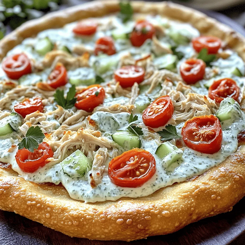 For the Tzatziki Chicken Pizza, you need: - 1 pre-made pizza crust - 1 cup cooked chicken breast, shredded - 1 cup Greek yogurt - 1 cucumber, grated and excess moisture squeezed out - 2 cloves garlic, minced - 1 tablespoon fresh lemon juice - 1 tablespoon olive oil - 1 teaspoon dried dill or 1 tablespoon fresh dill, chopped - 1/2 teaspoon salt - 1/4 teaspoon black pepper - 1 cup shredded mozzarella cheese - 1/4 cup cherry tomatoes, halved - Fresh parsley for garnish (optional) Using fresh ingredients matters. They bring out all the flavors. Fresh chicken tastes better than canned. Good yogurt adds creaminess to the tzatziki. A ripe cucumber makes the sauce crisp and refreshing. You can customize this pizza to fit your taste. Try adding: - Sliced olives for a briny kick - Feta cheese for extra creaminess - Spinach for added greens - Bell peppers for crunch Feel free to switch toppings based on what you like. You could even use leftover grilled veggies or meats. The options are endless! To make this pizza, gather these tools: - A baking sheet or pizza stone - A mixing bowl for the tzatziki sauce - A grater for the cucumber - A knife and cutting board These tools help you prepare and bake your pizza nicely. A good pizza stone can help you get a crisp crust. If you use a baking sheet, line it with parchment paper for easy cleanup. To make the tzatziki sauce, start by mixing these ingredients together: - 1 cup Greek yogurt - 1 cucumber, grated and excess moisture squeezed out - 2 cloves garlic, minced - 1 tablespoon fresh lemon juice - 1 tablespoon olive oil - 1 teaspoon dried dill or 1 tablespoon fresh dill, chopped - 1/2 teaspoon salt - 1/4 teaspoon black pepper In a medium bowl, combine the Greek yogurt and cucumber first. Then, add in the garlic, lemon juice, olive oil, dill, salt, and pepper. Stir until smooth. For the best consistency, make sure to squeeze the cucumber well. Too much water will make the sauce runny. I like to let the tzatziki sit for a bit. This lets the flavors mix nicely. Now, it’s time to layer the pizza. First, take your pre-made crust. Spread about half of the tzatziki sauce onto the crust. Leave a small border around the edges. Next, scatter the shredded chicken evenly over the sauce. After that, sprinkle the shredded mozzarella cheese on top of the chicken. Finally, add halved cherry tomatoes. They give the pizza a fresh taste. To avoid a soggy crust, do not overload the toppings. Less is more here! Preheat your oven to 450°F (230°C) if cooking the pizza crust from scratch. Once your pizza is assembled, place it in the oven. Bake for about 10-12 minutes. Look for the cheese to be bubbly and the crust to be golden brown. When the pizza is ready, take it out of the oven and let it cool for a few minutes. This makes it easier to slice. Drizzle the remaining tzatziki sauce on top for extra flavor. Enjoy the unique blend of tastes! - Soggy Crust: Avoid this by not overloading the pizza with sauce or toppings. Use a light hand when spreading tzatziki and add just enough chicken and cheese. - Dry Chicken: Always use cooked chicken that is moist. Shredded rotisserie chicken works great. It adds flavor and saves time. - Overbaking: Keep an eye on the pizza as it bakes. Remove it when the cheese is bubbly and golden. This usually takes 10-12 minutes. - Too Much Garlic: Garlic adds great flavor, but too much can overpower the dish. Stick to two cloves for a nice balance. - Pair your pizza with a simple side salad. A mix of greens and cherry tomatoes complements the flavors. - Serve with lemon wedges for a fresh squeeze that brightens the dish. - For drinks, a light white wine or sparkling water with lemon works well. Both refresh and balance the meal. - Elevate presentation by slicing the pizza into smaller pieces. This makes it easy to share and enjoy. - Try adding crushed red pepper flakes for a spicy kick. This contrast pairs well with the cool tzatziki. - Fresh herbs like mint or basil can boost flavor. Scatter them on top after baking for a fresh touch. - A drizzle of balsamic glaze can add sweetness and depth. It creates a nice balance with the savory chicken and cheese. - Experiment with different cheeses. Feta cheese or goat cheese can add tanginess and richness. {{image_2}} You can easily make a vegetarian version of Tzatziki Chicken Pizza. Simply swap out the chicken for veggies. Here are some ideas: - Grilled zucchini or eggplant - Sautéed mushrooms - Spinach or kale for a fresh touch These ingredients add great flavor and texture. Use the same tzatziki sauce to keep it creamy and delicious. For a gluten-free pizza, choose a crust made from cauliflower or almond flour. These options work well and taste great. You can also find store-bought gluten-free crusts. To keep the flavor strong, swap regular mozzarella with gluten-free cheese. Always check the labels to ensure they are safe for your diet. You can add some fun international flavors to your pizza. Here are a few ideas: - Try adding spicy harissa for a North African kick. - Use tandoori chicken for an Indian twist. - Top with feta and olives for a Mediterranean touch. Mixing these flavors will make your pizza unique and exciting! Feel free to experiment with different spices and ingredients. To keep your Tzatziki Chicken Pizza fresh, follow these tips. First, let the pizza cool to room temperature. Then, wrap it tightly in plastic wrap or foil. You can also place it in an airtight container. If you want to freeze it, slice the pizza first. This makes it easy to grab a piece later. When reheating, use an oven or toaster oven. This way, the crust stays crispy. Avoid microwaving, as it can make the crust soggy. Your pizza will stay fresh for about 3-4 days in the fridge. When freezing, it can last up to 2 months. To check for spoilage, look for mold or an off smell. If the pizza feels slimy or dry, it’s best to toss it. Always trust your senses when deciding if food is safe to eat. You can make parts of this recipe ahead of time. Cook and shred the chicken in advance. Store it in the fridge until you are ready to assemble the pizza. You can also prepare the tzatziki sauce early. Store it in a separate container to keep it fresh. This way, you can make a quick meal anytime. Tzatziki is a cool and creamy sauce. It comes from Greek cuisine. You make it with Greek yogurt, grated cucumber, garlic, lemon juice, and dill. Each ingredient adds a fresh taste. The cucumber gives crunch, while the yogurt adds creaminess. Garlic adds a nice kick, and lemon juice brightens the flavor. Dill brings a lovely herbal note. Tzatziki works great as a dip or a topping, especially on pizza! Yes, you can use store-bought tzatziki. It saves time and is easy to find. However, it may not taste as fresh as homemade. Store-bought options often have additives and preservatives. They can be thicker or thinner than you like. If you want more flavor, making it at home is best. You can adjust the garlic, lemon, and dill to your taste. Homemade tzatziki can have a fresher and brighter flavor. You can easily customize the Tzatziki Chicken Pizza. Here are some ideas: - Dietary preferences: Use a gluten-free crust if needed. Swap chicken for grilled veggies for a vegetarian option. - Flavor additions: Add olives or feta cheese for a Mediterranean twist. Try red onion for a sweet crunch. - Texture changes: Use roasted red peppers or artichoke hearts for extra flavor and texture. Feel free to mix and match these options to make the pizza your own! This blog post covers how to make Tzatziki Chicken Pizza. We explored the main and optional ingredients, and I highlighted the need for fresh items. You learned essential kitchen tools, along with step-by-step instructions for making the tzatziki sauce and assembling the pizza. I also shared tips to avoid common mistakes and ideas for serving and enhancing flavors. In conclusion, this pizza recipe offers endless options. Enjoy creating your unique twists and sharing it with loved ones!