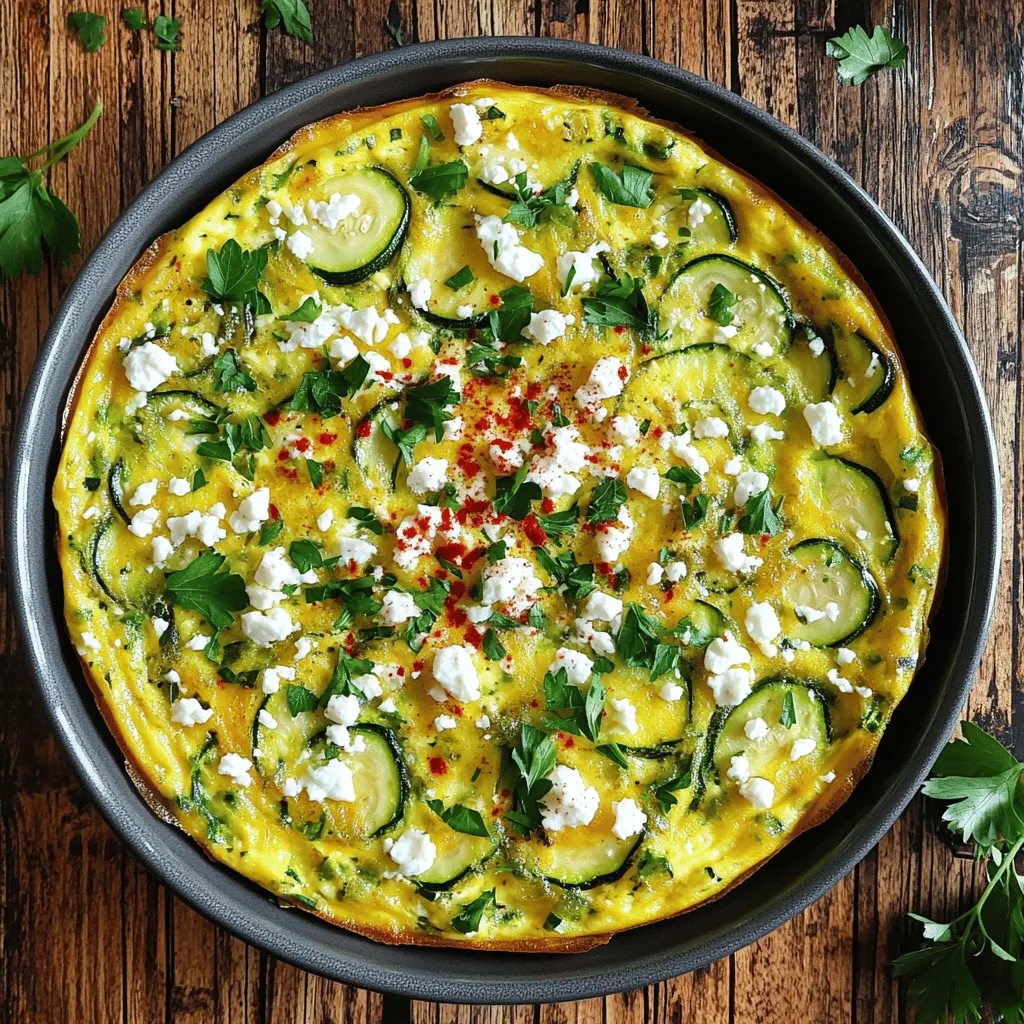 To make a zesty zucchini frittata, gather these simple ingredients: - 4 large eggs - 1 medium zucchini, grated - 1 small red bell pepper, finely chopped - 1/2 cup onion, diced - 1/2 cup feta cheese, crumbled - 1/4 cup fresh parsley, chopped - 1/4 teaspoon red chili flakes (optional) - 2 tablespoons olive oil - Salt and pepper to taste You can easily swap some ingredients if needed. Here are a few ideas: - Eggs: Use egg whites for a lighter option or a vegan egg substitute. - Zucchini: Try yellow squash or spinach if you want a different flavor. - Feta cheese: Replace it with goat cheese or mozzarella for a milder taste. - Red bell pepper: Any color pepper works, or you can use diced tomatoes for a twist. - Fresh parsley: Basil or chives can add a nice fragrance. Choosing fresh vegetables makes a big difference in taste. Here are some tips: - Look for zucchini that is firm and has shiny skin. Avoid any with soft spots. - Choose vegetables that are in season for the best flavor. For example, summer zucchini is often sweeter. - When picking bell peppers, look for ones with vibrant color and smooth skin. - Check onions for a heavy feel and avoid any that show signs of sprouting. When you pick the right ingredients, your frittata will shine! For the full recipe, check out the detailed instructions. 1. Preheat your oven to 375°F (190°C). This temperature ensures even cooking. 2. In a large bowl, crack 4 eggs. Whisk them until they are well combined. 3. Add salt and pepper to taste. Stir in 1/4 cup chopped parsley and, if you like, 1/4 teaspoon red chili flakes. 4. Heat 2 tablespoons olive oil in a large oven-safe skillet over medium heat. 5. Add 1/2 cup diced onion and sauté for about 3 minutes. Wait until it turns translucent. 6. Grate 1 medium zucchini and finely chop 1 small red bell pepper. Add both to the skillet. 7. Cook for 5 minutes, stirring often. This helps to soften the veggies and remove extra moisture. 8. Pour the egg mixture over the veggies. Gently stir to mix everything well. 9. Sprinkle 1/2 cup crumbled feta cheese on top. It adds great flavor. 10. Reduce the heat to low. Cook for about 5 minutes, so the edges start to set. 11. Carefully transfer the skillet to the oven. Bake for about 15 minutes until the center is set and the top is golden. 12. Remove from the oven and let it cool for a few minutes. Slice and enjoy your zucchini frittata! To save time while cooking, prepare your ingredients first. Start by grating the zucchini and chopping the onion and red bell pepper. This way, you have everything ready to go when you need it. It makes cooking smoother and more fun. To create a fluffy frittata, focus on two main points. First, whisk the eggs well. This adds air into the mixture. Second, cook on low heat. This lets the eggs set slowly, preventing a tough texture. Follow these tips, and you’ll have a delicious and fluffy frittata every time! For the complete recipe, check out the Full Recipe section. When making a frittata, avoid using too many eggs. This can make it dense. Stick to four large eggs for a nice balance. Another mistake is not cooking the veggies enough. They should soften before adding eggs. Also, don’t skip seasoning. Salt and pepper enhance the flavors. Lastly, avoid using high heat. Cooking on low helps the frittata cook evenly. To get a set center, cook the frittata on low heat first. Let the edges firm up before moving it to the oven. This method helps avoid a runny center. When you bake it, check for doneness at around 15 minutes. The frittata should be golden on top and firm in the center. If it jiggles too much, give it a few more minutes. Serving your frittata can be fun! Slice it into wedges and place it on a plate. Garnish with fresh parsley for color. You can also add a side of mixed greens for a light meal. For extra flavor, drizzle some balsamic glaze over the slices. If you like heat, serve with a dollop of spicy salsa. These simple touches make a big difference! For the full recipe, check the section above. {{image_2}} You can mix in other veggies to change the taste. Try adding spinach for a fresh bite. Mushrooms add a rich flavor and nice texture. Bell peppers bring sweetness. You can use broccoli or asparagus for extra crunch. Just remember to cook them well before adding to the eggs. This way, they will blend in nicely. Cheese makes a big difference in your frittata. Feta gives a tangy kick, while cheddar adds sharpness. Goat cheese adds creaminess and a unique flavor. You could also use mozzarella for a mild, stretchy texture. Experiment with these to find your favorite taste. The right cheese can really elevate your dish. Adding protein makes your frittata heartier. Ham or bacon provides a savory note. If you prefer chicken, shredded pieces work great too. For a meat-free option, try adding black beans or chickpeas. These add fiber and keep it filling. You can mix and match proteins to create a dish that suits your taste. After making your zucchini frittata, let it cool down first. Once cool, store it in an airtight container. This keeps the frittata fresh for longer. I recommend placing a paper towel in the container. This absorbs any extra moisture. You can store it in the fridge for up to three days. To reheat your frittata, use the oven for the best results. Preheat your oven to 350°F (175°C). Place the frittata on a baking sheet. Cover it with foil to keep it moist. Heat for about 10 to 15 minutes. This way, you keep the fluffy texture. You can also use the microwave. Just heat it for 30 seconds at a time, checking often. If you want to keep your frittata longer, freezing works well. Cut the frittata into slices. Wrap each slice tightly in plastic wrap. Then, place them in a freezer-safe bag. Remove as much air as possible before sealing. You can freeze the frittata for up to three months. When you’re ready to eat, thaw it in the fridge overnight before reheating. For the full recipe, check out the Zesty Zucchini Frittata section. A zucchini frittata lasts about three to four days in the fridge. Store it in an airtight container. This keeps it fresh and tasty. If you notice any strange smell or mold, it's best to throw it out. Yes, you can make a zucchini frittata ahead of time. Cook it, let it cool, and then store it in the fridge. This makes a quick meal for busy days. Just reheat it in the oven or microwave when you're ready to eat. You can serve a frittata with a simple salad or some crusty bread. Fresh fruit also makes a great side. For a heartier meal, add a side of roasted potatoes. This adds flavor and texture, making the meal more filling. For more ideas, check out the Full Recipe. You’ve learned about making a delicious frittata with fresh zucchini and more. We covered the best ingredients, key cooking tips, and variations to try. Remember to avoid common mistakes for a fluffy center. You can store leftovers safely and reheat them well. Experimenting with different veggies and cheeses can keep your meals exciting. With these steps and tips, you can make a frittata that impresses every time. Enjoy the process and happy cooking!