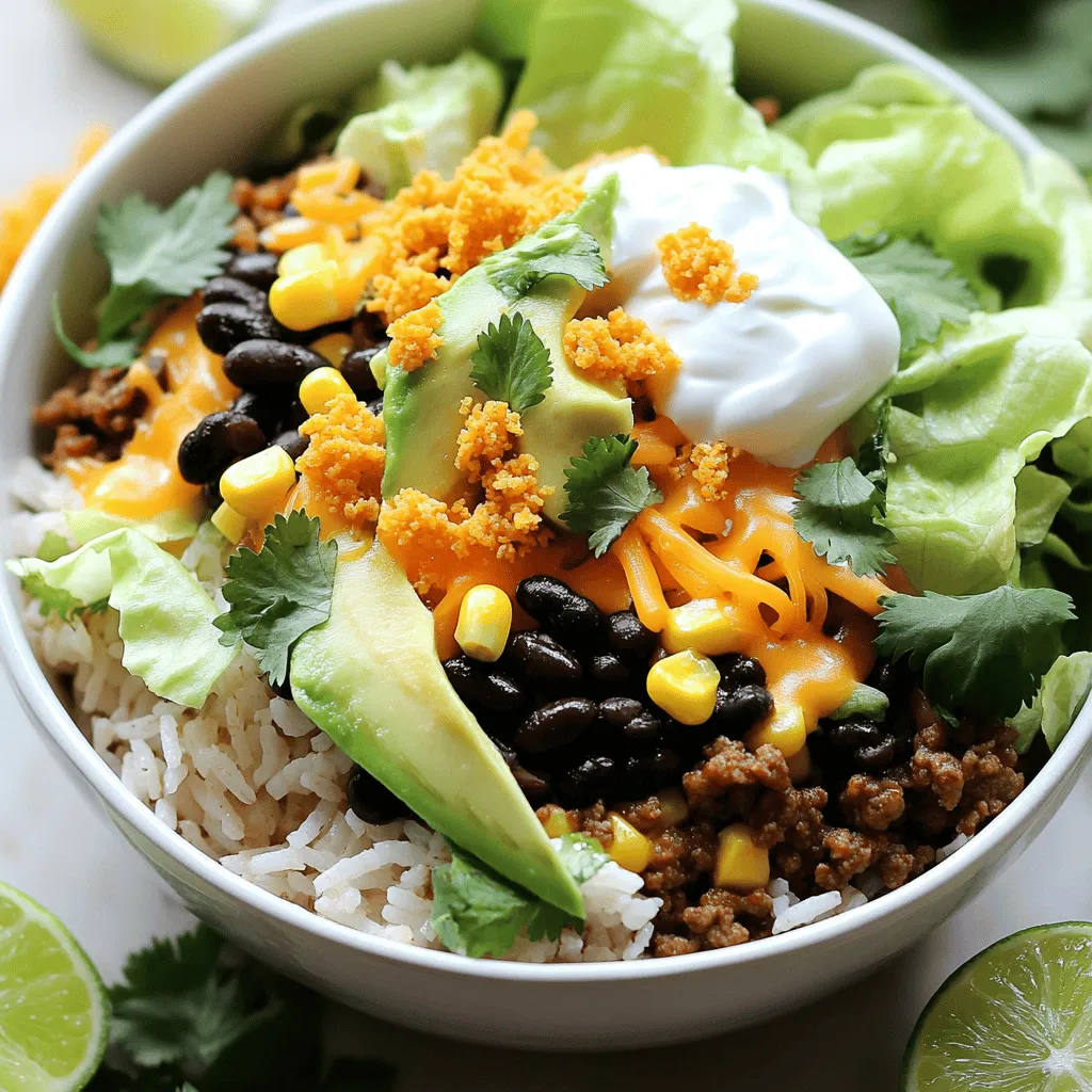 To make a tasty Taco Rice Bowl with Doritos, gather these ingredients: - 1 cup jasmine rice - 2 cups vegetable broth - 1 pound ground beef or plant-based ground meat - 1 packet taco seasoning - 1 can (15 oz) black beans, drained and rinsed - 1 cup corn kernels (fresh or frozen) - 1 cup diced tomatoes with green chilies - 1 cup shredded lettuce - 1 cup shredded cheddar cheese - 1 avocado, sliced - 1 bag Doritos (any flavor you prefer) - Sour cream or Greek yogurt, for topping - Fresh cilantro, for garnish - Lime wedges, for serving If you need to swap ingredients, here are some good choices: - Jasmine rice: Use basmati rice or any white rice. - Ground beef: Try turkey, chicken, or lentils for a plant-based option. - Taco seasoning: Make your own with chili powder, cumin, and garlic powder. - Black beans: Replace with kidney beans or pinto beans. - Corn: Use canned corn or omit if needed. - Diced tomatoes with green chilies: Use regular diced tomatoes or salsa. - Shredded lettuce: Swap for spinach or arugula. - Shredded cheddar cheese: Use mozzarella or pepper jack cheese. - Avocado: Try guacamole or omit if you prefer. - Doritos: Any tortilla chips work fine. Using fresh and high-quality ingredients makes a big difference. Choose fresh vegetables and ripe avocados. For the meat, look for grass-fed beef or organic plant-based options. Quality cheese enhances flavor and texture. Fresh herbs like cilantro add brightness. When you use good ingredients, your Taco Rice Bowl with Doritos shines! For the full recipe, be sure to check out the details in the article. To start, rinse the jasmine rice. Use cold water and keep rinsing until the water runs clear. This helps get rid of extra starch. Next, bring the vegetable broth to a boil in a medium pot. Once it boils, add the rinsed rice. Stir it once and lower the heat to a simmer. Cover the pot and let it cook for about 15 to 20 minutes. When the rice is tender and the liquid is gone, fluff it with a fork and set it aside. For the meat, heat a large skillet over medium heat. Add the ground beef or plant-based meat. Cook it for about 5 to 7 minutes until it is fully browned. If you use beef, drain any extra grease. Now, stir in the taco seasoning, black beans, corn, and diced tomatoes with green chilies. Mix everything well. Cook this for another 5 minutes. This lets the flavors blend nicely. Now comes the fun part—assembling your taco rice bowl! Start by dividing the cooked jasmine rice into bowls. On top of the rice, add the taco meat mixture. Then layer on shredded lettuce, cheddar cheese, and sliced avocado. For that extra crunch, crush some Doritos and sprinkle them on top. Finally, add a dollop of sour cream or Greek yogurt. Garnish with fresh cilantro and serve with lime wedges on the side. This makes for a beautiful meal, ready to enjoy! Check out the Full Recipe for all the details. To boost the taste of your taco rice bowl, try adding fresh lime juice. A squeeze of lime gives a zesty kick. You can also use fresh herbs like cilantro or parsley for added flavor. If you want more heat, add sliced jalapeños or a dash of hot sauce. Mixing different types of cheese can create a richer taste. Consider using pepper jack for a spicy twist or queso fresco for a creamy layer. To avoid mushy rice, rinse it well before cooking. This removes excess starch. When cooking the meat, don’t overcrowd the pan. This allows even browning and better flavor. Stir the meat mixture frequently to ensure it cooks evenly. If you use frozen corn, thaw it before adding it to your dish. This helps it heat through quickly without becoming watery. For a well-rounded meal, serve your taco rice bowl with a side of fresh fruit. Sliced mango or pineapple adds a sweet contrast. You can also pair it with a simple side salad. Use greens, tomatoes, and a light vinaigrette for balance. Don’t forget to keep extra Doritos on hand for guests who want more crunch. This makes your meal fun and interactive. For the full recipe, check out the details above. {{image_2}} You can swap the ground beef for many proteins. Try these options: - Ground turkey - Shredded chicken - Black beans - Lentils Each option gives the bowl a new taste. Ground turkey is lean and light. Shredded chicken adds a nice texture. Black beans and lentils are perfect for plant lovers. They also boost fiber! Toppings can change the taste of your taco rice bowl. Here are some great ideas: - Sliced jalapeños for heat - Diced red onions for crunch - Fresh salsa for a burst of flavor - Guacamole for creaminess - Shredded carrots for extra color Mix and match these toppings! You can create a new flavor each time you make it. To make this dish vegetarian or vegan, use plant-based protein and swap some ingredients. Here are my tips: - Use plant-based ground meat instead of beef. - Replace cheese with vegan cheese or skip it entirely. - Use cashew cream instead of sour cream. These swaps keep your meal tasty and satisfying. Enjoy a delicious taco rice bowl without meat! To keep your Taco Rice Bowl with Doritos tasty, store leftovers in airtight containers. Divide the rice and toppings to keep them fresh. If you mix them all, the Doritos may get soggy. Use the fridge for up to three days. When you are ready to eat, reheat the rice and meat mixture in the microwave. Heat in short bursts, stirring in between, to avoid hot spots. Add a splash of water to the rice to keep it moist. For the Doritos, enjoy them crispy by adding them fresh just before you eat. If you want to save some for later, you can freeze the rice and meat mixture. Use freezer-safe bags or containers. Make sure to label them with the date. They can last for up to three months. Thaw in the fridge overnight before reheating, and enjoy! To add heat, include jalapeños in your taco meat mix. You can also use spicy taco seasoning. Another option is to drizzle hot sauce over your finished bowl. A sprinkle of crushed red pepper flakes adds a nice kick too. Experiment until you find your perfect spice level! Yes, you can use brown rice. It has a nuttier taste and more fiber. Keep in mind that brown rice takes longer to cook. Adjust the liquid and cooking time for the best results. Follow the package instructions for brown rice, and you’ll have a tasty bowl. If you want a different crunch, try tortilla chips or pita chips. You can also use homemade tortilla strips for a fresh option. For a healthier choice, opt for baked chips or popcorn. Each alternative offers its own unique flavor and texture. This blog post covered how to make a Taco Rice Bowl with Doritos. We listed all ingredients, substitutes, and tips for quality. I shared step-by-step cooking instructions and ways to enhance flavor. You learned about variations, storage, and reheating tips too. Remember, you can adjust this recipe to fit your tastes. Enjoy your bowl, and don't be afraid to get creative!