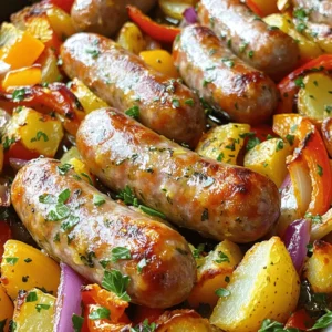 For this tasty dish, gather these fresh ingredients: - 4 Italian sausages (your choice: sweet, spicy, or turkey) - 2 large red bell peppers, sliced - 2 large yellow bell peppers, sliced - 1 medium red onion, cut into wedges - 4 medium Yukon gold potatoes, diced into 1-inch cubes - 4 cloves garlic, minced - 3 tablespoons olive oil - 1 teaspoon dried oregano - 1 teaspoon paprika - ½ teaspoon red pepper flakes (optional, for heat) - Salt and pepper to taste - Fresh parsley, chopped (for garnish) You can easily swap ingredients to fit your diet. - Sausages: Use turkey or chicken sausages for a lighter option. - Vegetables: Swap any bell pepper with zucchini or asparagus. - Potatoes: Try sweet potatoes for a sweeter twist. - Herbs: Use fresh herbs like basil or thyme for more flavor. Each substitution can change the dish’s taste while keeping it delicious. Fresh herbs and spices make a big difference. They add taste and aroma. - Herbs: Fresh parsley at the end brightens the dish. - Spices: Paprika and oregano give warmth and depth. - Garlic: Fresh garlic adds a strong and savory kick. Using fresh ingredients elevates your meal. It transforms simple into extraordinary. Enjoy the burst of flavors in every bite! For the full recipe, click [here](#). Start by washing all your vegetables. Slice the red and yellow bell peppers into strips. Cut the red onion into wedges. Dice the Yukon gold potatoes into 1-inch cubes. Mince the garlic finely. In a large bowl, combine the potatoes, bell peppers, onion, and garlic. Add the olive oil, oregano, paprika, salt, and pepper. Toss all the ingredients well until the vegetables are fully coated. This mix gives a great flavor in each bite. Preheat your oven to 425°F (220°C). This high heat helps brown the sausages and crisp the potatoes. Spread the seasoned vegetables evenly on a large baking sheet. Nestle the sausages among the veggies. Roast everything for 25 to 30 minutes. Make sure to toss the mix halfway through cooking. This ensures even roasting and prevents sticking. Using a large bowl helps coat all the vegetables well. Make sure each piece gets some oil and spice. When spreading the veggies on the baking sheet, keep them in a single layer. Avoid crowding, as this can lead to steaming instead of roasting. If you follow these steps, you will enjoy a balanced flavor. For a final touch, garnish with fresh parsley before serving. Use the [Full Recipe] for more details on this dish. To get that nice brown color, use high heat. Preheat your oven to 425°F (220°C). This heat helps the sausage and potatoes crisp up. Spread the veggies and sausage in a single layer on your baking sheet. Avoid crowding. If you stack them, they will steam instead of roast. Toss halfway through for even cooking. Watch them closely during the last few minutes. You want that golden brown look. A good baking sheet is key for this dish. Look for one that’s sturdy and large enough. A spatula helps to toss everything around easily. You will also need a mixing bowl to combine the ingredients. Use a sharp knife and a cutting board for chopping. Having these tools makes your cooking smooth and simple. If your potatoes are still hard, they may be too big. Cut them into smaller cubes, about 1-inch. This size cooks faster. If they are still not tender, roast them longer. You can add a little water to steam them if needed. Just cover the pan with foil for the last few minutes. This helps them cook through. Always check your sausage too. It should reach an internal temperature of 160°F (71°C) for safety. For the full recipe, be sure to follow all the steps carefully. Happy cooking! {{image_2}} You can switch up the protein in this dish. Try chicken sausages or even shrimp for a lighter meal. You can also go meatless with plant-based sausages. Add more veggies for extra color and flavor. Zucchini, carrots, or mushrooms work great here. They roast well and add nice textures. Seasonings can change the whole taste. For a smoky flavor, add smoked paprika. A bit of cumin gives a warm, earthy taste. You can also use Italian seasoning for a classic touch. If you like heat, try adding cayenne pepper or more red pepper flakes. Mix and match to find your favorite combo. This dish fits many diets. For gluten-free, just ensure your sausage is gluten-free. If you want low-carb options, swap potatoes for cauliflower or turnips. You can also add more greens, like spinach or kale, for healthy fiber. This way, you can enjoy a tasty meal that fits your needs. After you enjoy your One-Pan Roasted Sausage, Peppers, and Potatoes, store the leftovers right away. Let the dish cool down for about 30 minutes. Then, place it in an airtight container. This helps keep it fresh. Store it in the fridge for up to three days. Label the container with the date. This way, you’ll know when to use it. If you want to save your leftovers for longer, freezing is a great option. First, let the dish cool completely. Then, transfer it to a freezer-safe container. Make sure to leave some space at the top. This allows for expansion as it freezes. You can freeze it for up to three months. When you’re ready to eat, just thaw it in the fridge overnight before reheating. To reheat your leftovers, start by preheating your oven to 350°F (175°C). Place the sausage, peppers, and potatoes in an oven-safe dish. Cover it with foil to keep moisture in. Heat for about 20 minutes or until it’s warmed through. You can also use a microwave. Place the food in a microwave-safe dish and cover it. Heat in short bursts, stirring in between, until hot. This keeps the flavors intact and makes the dish taste fresh again. Yes, you can use frozen vegetables. Frozen peppers and onions work well. They save time and add flavor. Just be sure to thaw them first. This helps them cook evenly. You can serve this dish with many sides. Here are some ideas: - A fresh green salad - Crusty bread for dipping - Rice or quinoa for a filling meal - Applesauce for a sweet touch These sides add variety and balance to your meal. To add spice, use more red pepper flakes or hot sausage. You can also add sliced jalapeños for extra heat. If you prefer it milder, use sweet sausage and skip the red pepper flakes. Adjusting the spices lets you make the dish just right for your taste. One-Pan Roasted Sausage, Peppers, and Potatoes offers tasty meals with simple steps. You learned about the best ingredients, cooking tips, and how to store leftovers. Feel free to mix proteins and veggies to suit your taste. Fresh herbs make a big difference in flavor. Remember, good cooking is fun! Enjoy trying new flavors and variations. This dish is easy to share and perfect for any table. Keep experimenting, and you’ll always find joy in cooking.