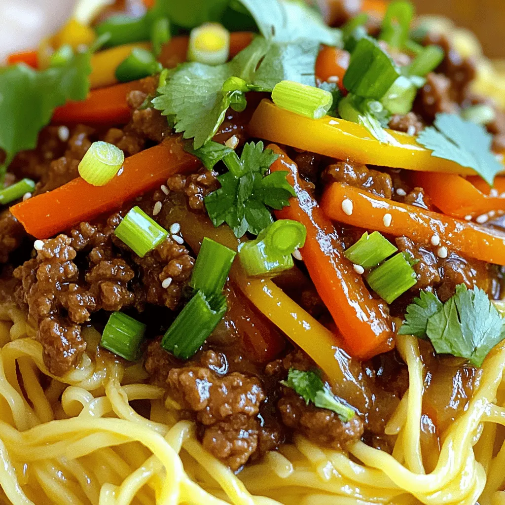 - 1 lb ground beef - 8 oz Asian egg noodles (or any preferred noodles) - 1 tablespoon vegetable oil - 3 cloves garlic, minced - 1 tablespoon ginger, grated - 1 bell pepper, sliced (any color) - 1 medium carrot, julienned - 3 green onions, chopped (whites and greens separated) - 3 tablespoons soy sauce - 1 tablespoon hoisin sauce - 1 tablespoon sesame oil - 1 teaspoon red pepper flakes (optional) - Salt and pepper to taste - Fresh cilantro for garnish (optional) Freshness matters! Use high-quality ground beef for the best flavor. Choose bright, firm bell peppers and vibrant green onions to enhance your dish. The carrots should be crisp and fresh for a nice crunch. For the noodles, you can use Asian egg noodles or any type you like. This flexibility means you can make the recipe your own! Always check your sauces for quality, as they are key to the dish's taste. For the full recipe, visit the recipe section. 1. First, cook the noodles according to the package. Drain and set them aside. 2. While the noodles cook, chop your veggies. Slice the bell pepper and julienne the carrot. 3. Mince the garlic and grate the ginger. This adds great flavor. 4. Chop the green onions, separating the whites from the greens. Timing is key. Start cooking the noodles first. This way, they are ready when you need them. Use a large skillet or wok for this dish. Heat the vegetable oil over medium-high heat. 1. Add the minced garlic and grated ginger. Sauté them for about 30 seconds until they smell good. 2. Next, add the ground beef. Break it apart with a wooden spoon. Cook until it turns brown, about 5 to 7 minutes. 3. Season the beef with salt, pepper, and red pepper flakes if you like spice. 4. Toss in the bell pepper and carrot. Cook for another 3 to 4 minutes until they soften. 5. Add the green onion whites, soy sauce, hoisin sauce, and sesame oil. Mix well and let it cook for 2 more minutes. Stir often. This helps prevent sticking and ensures even cooking. Once everything is cooked, gently add the noodles to the skillet. Toss everything together until the noodles are coated in sauce. 1. Remove from heat. 2. Garnish with the green onion greens and fresh cilantro if you want. For serving, use big bowls. This dish looks great and tastes even better. Enjoy your Mongolian Ground Beef Noodles! For more details, check the Full Recipe. To get the best flavor in your Mongolian Ground Beef Noodles, focus on fresh ingredients. Use fresh garlic and ginger for a bright taste. When cooking the beef, avoid overcrowding the pan. This helps it brown well instead of steaming. Stir the beef often for even cooking. Be careful with the seasoning; add salt and pepper gradually. Taste as you go. Common pitfalls include overcooking the noodles. They should be al dente, so they hold their shape when mixed. Also, watch the heat. If it's too high, garlic can burn quickly. This makes your dish bitter. If you cannot find Asian egg noodles, try rice noodles or whole wheat spaghetti. They work well too. For sauces, if you want a sweeter taste, use teriyaki sauce instead of hoisin. You can swap sesame oil with olive oil if you need a more neutral flavor. For a veggie boost, add mushrooms or zucchini. They blend nicely with the other ingredients. You can prepare some parts of the dish in advance. Cook the noodles and store them in the fridge for up to three days. This saves time on busy days. You can also brown the beef ahead of time. Store it in an airtight container in the fridge. Chop all your veggies the day before. Keep them in a sealed bag to stay fresh. This way, you can whip up the dish quickly when you're ready. For the full recipe, check out the entire guide. {{image_2}} You can easily change this dish to fit your diet. For a gluten-free option, use rice noodles or gluten-free noodles. Many stores sell these options. If you prefer vegetarian meals, swap the ground beef with tofu or tempeh. Just make sure to season them well. For a low-carb dish, use zucchini noodles or spaghetti squash. These substitutes keep the meal light but still tasty. Seasonal vegetables can add fresh flavors. In the spring, try adding snap peas or asparagus. In the summer, use zucchini or bell peppers for a crisp bite. In fall, sweet potatoes or butternut squash work well. These swaps not only taste great but also make use of what's fresh. You can enjoy different flavors with each season. There are several ways to cook this dish. You can use a slow cooker for a hands-off approach. Brown the meat first, then add the rest of the ingredients. Let it cook on low for several hours. The flavors will blend nicely. Another option is the Instant Pot. Cook everything on high pressure for a quick meal. Both methods save time and keep the beef tender. Check out the Full Recipe for more cooking techniques. To store your leftover Mongolian Ground Beef Noodles, let them cool down first. Place the noodles in an airtight container. Make sure the lid is tight. Store them in the fridge. They will stay fresh for about 3 to 4 days. When you're ready to eat, just reheat them in a skillet or microwave. Add a splash of water if they seem dry. If you want to freeze this dish, follow these steps. Cool the noodles completely before packing them. Use freezer-safe bags or containers. Squeeze out as much air as you can. This helps prevent freezer burn. The noodles can last in the freezer for up to 3 months. To reheat, thaw them overnight in the fridge. Then, heat them in a skillet with a bit of oil or water until hot. The shelf life of Mongolian Ground Beef Noodles depends on how you store them. In the fridge, aim to eat them within 3 to 4 days. If frozen, they are best used within 3 months for the best flavor. Always check for signs of spoilage before eating. If it looks or smells off, it’s best to toss it. How to make Mongolian Ground Beef Noodles spicier? To add heat, use red pepper flakes. Start with one teaspoon. You can always add more later. Consider adding chili oil for a bold flavor. If you want a fresh kick, try chopped fresh chilies. Adjust the spice to your taste for a perfect dish. Can I use beef alternatives for this recipe? Yes, you can! Ground turkey or chicken works great. For a vegetarian option, use mushrooms or lentils. Tofu is another good alternative. Just remember to adjust cooking times for these options. Each will give a unique flavor to your dish. What is the best cooking time for different types of noodles? Cooking time varies by noodle type. For Asian egg noodles, it’s about 4-6 minutes. If using rice noodles, soak them for 10-15 minutes. For whole wheat pasta, cook for about 8-10 minutes. Always check package instructions for the best results. In this blog post, we explored the essential ingredients for Mongolian Ground Beef Noodles. I provided step-by-step instructions, tips for better flavor, and suggestions for variations. Remember to use fresh ingredients for the best taste. You can also modify the recipe to suit different diets and cooking methods. Proper storage ensures your leftovers stay tasty. Keep experimenting and adjusting your dish as you make it your own. Enjoy the process and have fun in the kitchen!