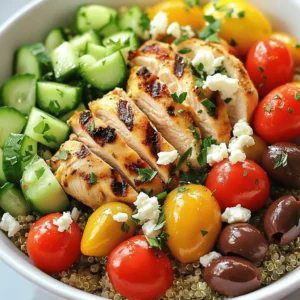 - 2 boneless, skinless chicken breasts - 1 cup quinoa or brown rice - 1 cup cherry tomatoes, halved - 1 cucumber, diced - 1 red onion, finely chopped - 1 cup kalamata olives, pitted and halved - 1 cup feta cheese, crumbled - 1 tablespoon olive oil - 2 teaspoons dried oregano - 1 teaspoon garlic powder - Salt and pepper to taste - Fresh parsley, chopped - Juice of 1 lemon Healthy Greek Chicken Bowls bring together simple, fresh ingredients. The chicken breasts serve as a great protein source. Quinoa or brown rice provides hearty fiber. Fresh vegetables add crunch and color. Kalamata olives and feta cheese give the dish its rich, salty flavor. For the marinade, olive oil works well to keep the chicken moist. Dried oregano adds a classic Greek taste. Garlic powder boosts the flavor without overpowering. Salt and pepper enhance all the ingredients. You can personalize your bowls with optional toppings. Fresh parsley adds a nice touch. A squeeze of lemon juice brightens the flavors. You can find the complete recipe in the Full Recipe section. To make the chicken flavorful, you need to prepare a simple marinade. In a small bowl, mix together olive oil, dried oregano, garlic powder, salt, and pepper. This blend brings out the best in the chicken. Coat the chicken breasts well with this mix. Let the chicken marinate for at least 30 minutes. For even better flavor, you can marinate it for up to 2 hours in the fridge. Start by rinsing the quinoa under cold water. This step removes any bitter taste. In a medium saucepan, add the rinsed quinoa and 2 cups of water or chicken broth. Bring this mixture to a boil. Once boiling, reduce the heat to low, cover the pot, and let it simmer for about 15 minutes. When done, the quinoa should look fluffy and the liquid should be absorbed. If you want perfect quinoa, avoid stirring it while cooking. Heat your grill pan or outdoor grill to medium-high heat. Place the marinated chicken on the grill. Grill each side for 6-7 minutes. You want the chicken to reach an internal temperature of 165°F (75°C). After grilling, remove the chicken and let it rest for 5 minutes. This resting period helps keep the meat juicy. While the chicken is grilling, chop your fresh vegetables. Use a sharp knife for clean cuts. In a large mixing bowl, combine halved cherry tomatoes, diced cucumber, finely chopped red onion, and pitted kalamata olives. This mix adds freshness and color to your bowls. Now it’s time to layer your bowls. Start with a base of cooked quinoa (or brown rice). Next, add sliced grilled chicken on top. Then, spoon in the fresh vegetable mixture. Sprinkle crumbled feta cheese over everything. Finish with a drizzle of fresh lemon juice for brightness. This adds a zesty touch that ties all the flavors together. For the complete instructions, check out the Full Recipe. Preparing ingredients in advance saves time during busy days. Start by marinating the chicken. You can mix the olive oil, oregano, garlic powder, salt, and pepper. Coat the chicken and let it sit. You can do this a few hours ahead or even the night before. Next, cook the quinoa. It takes just 15 minutes. Once it’s done, let it cool. Store it in an airtight container in the fridge. You can also chop the veggies ahead of time. Cut the cherry tomatoes, cucumber, and red onion. Place them in a bowl and cover with plastic wrap. To store prepped components, use clear containers. This way, you see everything easily. Keep the chicken and cooked quinoa in separate containers. Fresh veggies should stay in a chilled spot to keep them crisp. If grilling is not an option, you can still make tasty chicken bowls. You can cook the chicken in your oven. Preheat your oven to 400°F (200°C). Place the marinated chicken on a baking sheet. Bake for about 20-25 minutes. Check that it reaches 165°F (75°C) inside. Another option is using a stovetop pan. Heat a skillet over medium heat. Add a little olive oil, then cook the chicken for about 6-7 minutes on each side. Using an air fryer is also great. Set it to 375°F (190°C). Cook the chicken for 12-15 minutes, flipping halfway through. This method gives a nice crispness without deep frying. Healthy Greek chicken bowls offer many nutritional benefits. Chicken breasts are lean protein sources. They help build muscle and keep you full longer. Quinoa is a super grain, rich in fiber and protein. It’s also gluten-free, making it a good choice for many diets. Fresh veggies like tomatoes and cucumbers add vitamins. Tomatoes are high in antioxidants. Cucumbers keep you hydrated and low in calories. Kalamata olives and feta cheese provide healthy fats and calcium. To customize health benefits, think about adding more greens. Spinach or kale can boost vitamins. You could also swap quinoa for brown rice or farro for different nutrients. Experimenting with toppings, like fresh herbs, can add flavor and more health perks too. {{image_2}} If you want to mix things up, try new proteins. Shrimp cooks fast and adds a nice touch. Tofu is great if you prefer plant-based options. Chickpeas are another fantastic choice. They add protein and fiber. These options keep your bowls exciting and full of flavor. You can swap quinoa for other grains, too. Couscous cooks quickly and has a different texture. Farro has a chewy bite and adds a nutty flavor. Whole wheat pasta works well if you want something hearty. If you need gluten-free options, try brown rice or quinoa. They’re healthy and filling. Dressings can change the whole dish. Tzatziki sauce gives a creamy, tangy kick. Balsamic dressing adds sweetness and depth. You can also make your own dressings. A simple lemon and olive oil mix works wonders. Just whisk them together for a fresh taste. To keep your Healthy Greek Chicken Bowls fresh, use airtight containers. Glass or BPA-free plastic works best. Make sure the bowls cool down before sealing. Store them in the fridge for up to three days. If you want to keep them longer, separate the chicken from the veggies. This helps keep the flavors fresh. You can freeze cooked bowls for a quick meal later. Use freezer-safe containers to prevent freezer burn. Make sure to label the containers with the date. These bowls can last up to three months in the freezer. To eat, thaw them overnight in the fridge. Reheat in the microwave or on the stove until hot. The chicken can last up to four days in the fridge. Quinoa stays good for five days. Fresh veggies like tomatoes and cucumbers last about three days. Always check for signs of spoilage. If your chicken smells off or the veggies look slimy, it’s best to toss them. Fresh food is key for tasty meals! Yes! You can prep these bowls in advance. Start by marinating the chicken and cooking the quinoa. Store them separately in airtight containers. You can also chop the veggies and keep them fresh. When you are ready to eat, just warm the chicken and quinoa. Mix everything together for a quick meal. Yes, but it depends on the grain you choose. Quinoa is gluten-free, making it a great base. If you prefer brown rice, it is also gluten-free. Just double-check that any added sauces or toppings are gluten-free too. You can easily boost the veggie count! Try adding bell peppers, spinach, or zucchini. You can also mix in shredded carrots or roasted eggplant. The more colorful your bowl, the more nutrients it has! Some delicious sides include a simple Greek salad or roasted vegetables. You can also serve pita bread with tzatziki sauce. These sides complement the bowls without overpowering the flavors. To make your bowls heartier, add a protein source. You can use chickpeas, lentils, or grilled shrimp. If you want more carbs, serve with a side of whole grain pita. This will give you an extra boost of energy! For the full recipe of Healthy Greek Chicken Bowls, check out the recipe section. In this article, I covered the ingredients, steps, and tips for making Healthy Greek Chicken Bowls. You learned about the main ingredients and how to prepare them well. I shared storage ideas and how to enjoy these bowls throughout the week. Healthy Greek Chicken Bowls are tasty and easy to customize. You can change proteins or grains as you like. This dish gives you great nourishment and flavor. Enjoy making your own bowls that fit your taste!