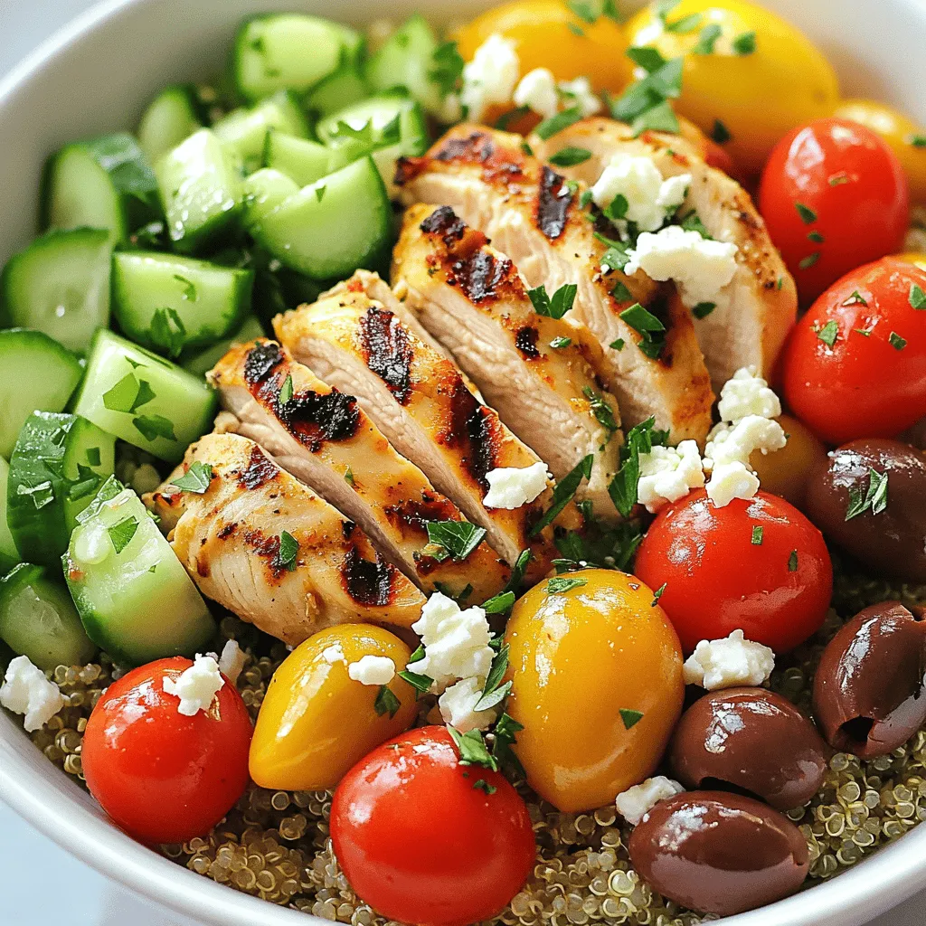 - 2 boneless, skinless chicken breasts - 1 cup quinoa or brown rice - 1 cup cherry tomatoes, halved - 1 cucumber, diced - 1 red onion, finely chopped - 1 cup kalamata olives, pitted and halved - 1 cup feta cheese, crumbled - 1 tablespoon olive oil - 2 teaspoons dried oregano - 1 teaspoon garlic powder - Salt and pepper to taste - Fresh parsley, chopped - Juice of 1 lemon Healthy Greek Chicken Bowls bring together simple, fresh ingredients. The chicken breasts serve as a great protein source. Quinoa or brown rice provides hearty fiber. Fresh vegetables add crunch and color. Kalamata olives and feta cheese give the dish its rich, salty flavor. For the marinade, olive oil works well to keep the chicken moist. Dried oregano adds a classic Greek taste. Garlic powder boosts the flavor without overpowering. Salt and pepper enhance all the ingredients. You can personalize your bowls with optional toppings. Fresh parsley adds a nice touch. A squeeze of lemon juice brightens the flavors. You can find the complete recipe in the Full Recipe section. To make the chicken flavorful, you need to prepare a simple marinade. In a small bowl, mix together olive oil, dried oregano, garlic powder, salt, and pepper. This blend brings out the best in the chicken. Coat the chicken breasts well with this mix. Let the chicken marinate for at least 30 minutes. For even better flavor, you can marinate it for up to 2 hours in the fridge. Start by rinsing the quinoa under cold water. This step removes any bitter taste. In a medium saucepan, add the rinsed quinoa and 2 cups of water or chicken broth. Bring this mixture to a boil. Once boiling, reduce the heat to low, cover the pot, and let it simmer for about 15 minutes. When done, the quinoa should look fluffy and the liquid should be absorbed. If you want perfect quinoa, avoid stirring it while cooking. Heat your grill pan or outdoor grill to medium-high heat. Place the marinated chicken on the grill. Grill each side for 6-7 minutes. You want the chicken to reach an internal temperature of 165°F (75°C). After grilling, remove the chicken and let it rest for 5 minutes. This resting period helps keep the meat juicy. While the chicken is grilling, chop your fresh vegetables. Use a sharp knife for clean cuts. In a large mixing bowl, combine halved cherry tomatoes, diced cucumber, finely chopped red onion, and pitted kalamata olives. This mix adds freshness and color to your bowls. Now it’s time to layer your bowls. Start with a base of cooked quinoa (or brown rice). Next, add sliced grilled chicken on top. Then, spoon in the fresh vegetable mixture. Sprinkle crumbled feta cheese over everything. Finish with a drizzle of fresh lemon juice for brightness. This adds a zesty touch that ties all the flavors together. For the complete instructions, check out the Full Recipe. Preparing ingredients in advance saves time during busy days. Start by marinating the chicken. You can mix the olive oil, oregano, garlic powder, salt, and pepper. Coat the chicken and let it sit. You can do this a few hours ahead or even the night before. Next, cook the quinoa. It takes just 15 minutes. Once it’s done, let it cool. Store it in an airtight container in the fridge. You can also chop the veggies ahead of time. Cut the cherry tomatoes, cucumber, and red onion. Place them in a bowl and cover with plastic wrap. To store prepped components, use clear containers. This way, you see everything easily. Keep the chicken and cooked quinoa in separate containers. Fresh veggies should stay in a chilled spot to keep them crisp. If grilling is not an option, you can still make tasty chicken bowls. You can cook the chicken in your oven. Preheat your oven to 400°F (200°C). Place the marinated chicken on a baking sheet. Bake for about 20-25 minutes. Check that it reaches 165°F (75°C) inside. Another option is using a stovetop pan. Heat a skillet over medium heat. Add a little olive oil, then cook the chicken for about 6-7 minutes on each side. Using an air fryer is also great. Set it to 375°F (190°C). Cook the chicken for 12-15 minutes, flipping halfway through. This method gives a nice crispness without deep frying. Healthy Greek chicken bowls offer many nutritional benefits. Chicken breasts are lean protein sources. They help build muscle and keep you full longer. Quinoa is a super grain, rich in fiber and protein. It’s also gluten-free, making it a good choice for many diets. Fresh veggies like tomatoes and cucumbers add vitamins. Tomatoes are high in antioxidants. Cucumbers keep you hydrated and low in calories. Kalamata olives and feta cheese provide healthy fats and calcium. To customize health benefits, think about adding more greens. Spinach or kale can boost vitamins. You could also swap quinoa for brown rice or farro for different nutrients. Experimenting with toppings, like fresh herbs, can add flavor and more health perks too. {{image_2}} If you want to mix things up, try new proteins. Shrimp cooks fast and adds a nice touch. Tofu is great if you prefer plant-based options. Chickpeas are another fantastic choice. They add protein and fiber. These options keep your bowls exciting and full of flavor. You can swap quinoa for other grains, too. Couscous cooks quickly and has a different texture. Farro has a chewy bite and adds a nutty flavor. Whole wheat pasta works well if you want something hearty. If you need gluten-free options, try brown rice or quinoa. They’re healthy and filling. Dressings can change the whole dish. Tzatziki sauce gives a creamy, tangy kick. Balsamic dressing adds sweetness and depth. You can also make your own dressings. A simple lemon and olive oil mix works wonders. Just whisk them together for a fresh taste. To keep your Healthy Greek Chicken Bowls fresh, use airtight containers. Glass or BPA-free plastic works best. Make sure the bowls cool down before sealing. Store them in the fridge for up to three days. If you want to keep them longer, separate the chicken from the veggies. This helps keep the flavors fresh. You can freeze cooked bowls for a quick meal later. Use freezer-safe containers to prevent freezer burn. Make sure to label the containers with the date. These bowls can last up to three months in the freezer. To eat, thaw them overnight in the fridge. Reheat in the microwave or on the stove until hot. The chicken can last up to four days in the fridge. Quinoa stays good for five days. Fresh veggies like tomatoes and cucumbers last about three days. Always check for signs of spoilage. If your chicken smells off or the veggies look slimy, it’s best to toss them. Fresh food is key for tasty meals! Yes! You can prep these bowls in advance. Start by marinating the chicken and cooking the quinoa. Store them separately in airtight containers. You can also chop the veggies and keep them fresh. When you are ready to eat, just warm the chicken and quinoa. Mix everything together for a quick meal. Yes, but it depends on the grain you choose. Quinoa is gluten-free, making it a great base. If you prefer brown rice, it is also gluten-free. Just double-check that any added sauces or toppings are gluten-free too. You can easily boost the veggie count! Try adding bell peppers, spinach, or zucchini. You can also mix in shredded carrots or roasted eggplant. The more colorful your bowl, the more nutrients it has! Some delicious sides include a simple Greek salad or roasted vegetables. You can also serve pita bread with tzatziki sauce. These sides complement the bowls without overpowering the flavors. To make your bowls heartier, add a protein source. You can use chickpeas, lentils, or grilled shrimp. If you want more carbs, serve with a side of whole grain pita. This will give you an extra boost of energy! For the full recipe of Healthy Greek Chicken Bowls, check out the recipe section. In this article, I covered the ingredients, steps, and tips for making Healthy Greek Chicken Bowls. You learned about the main ingredients and how to prepare them well. I shared storage ideas and how to enjoy these bowls throughout the week. Healthy Greek Chicken Bowls are tasty and easy to customize. You can change proteins or grains as you like. This dish gives you great nourishment and flavor. Enjoy making your own bowls that fit your taste!