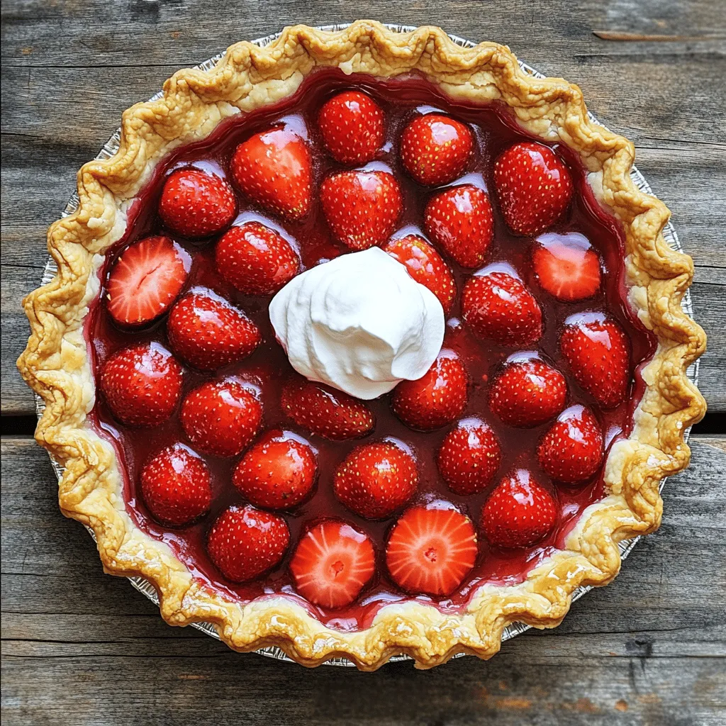 - 2 cups fresh strawberries, hulled and halved - 1 cup granulated sugar, divided - 2 tablespoons cornstarch - 1 tablespoon lemon juice - 1 teaspoon vanilla extract - 1 prepared pie crust (store-bought or homemade) - 1 tablespoon butter, diced - Whipped cream for serving (optional) When preparing your strawberries, make sure to wash them well. Use fresh, ripe strawberries for the best flavor. Remove the green tops, known as hulls, and cut each berry in half. This helps release their juices during baking. For the cornstarch, ensure it is fresh. Old cornstarch may not thicken the filling properly. If you want to mix it up, you can use other fruits. Blueberries or raspberries can work well. You can also try using honey instead of sugar. For a gluten-free crust, almond flour or gluten-free baking mixes are great options. If you want a vegan pie, use a plant-based butter and a dairy-free whipped cream. These swaps keep the pie delicious while catering to different diets. To start, you need to hull and halve your strawberries. Use a small knife to remove the green tops. Then, slice each berry in half. This process will help the strawberries mix well with the other ingredients. Let the halved strawberries rest for about 10 to 15 minutes. This time allows them to release their sweet juices. The flavor will be richer and brighter in your pie when you do this. Now, it’s time to combine the ingredients. In a bowl, mix the halved strawberries with ¾ cup of sugar, cornstarch, lemon juice, and vanilla extract. Stir until everything is well combined. This mixture is the heart of your pie. Next, pour the strawberry mixture into your prepared pie crust. Make sure to spread it evenly across the crust. This helps every slice have a good balance of filling and crust. Don’t forget to dot the top with diced butter for extra flavor. Preheat your oven to 425°F (220°C). This high heat will help the pie crust start baking perfectly. Bake the pie for 15 minutes. After 15 minutes, lower the oven temperature to 350°F (175°C). Continue baking for another 30 minutes. This step is key for a golden crust and bubbling filling. When done, let the pie cool on a wire rack for at least 2 hours. This cooling time helps the filling set. Afterward, you can serve your delicious pie. For a nice touch, top each slice with whipped cream if you like. Check out the Full Recipe for complete details. For the best pie crust, you can choose between homemade and store-bought. Homemade crusts offer fresh taste and texture. They also let you control the ingredients. Store-bought crusts save time and work well too. Just pick a good brand for better results. To avoid a soggy bottom, blind bake your crust. This means you bake it for a short time before adding the filling. Use pie weights or dried beans to hold it down. This keeps it firm and crisp. You can add spices or extracts for an extra twist. A pinch of cinnamon can add warmth. A dash of almond extract gives a nutty taste. Experiment to find your favorite mix. Lemon juice plays a key role in balancing sweetness. It cuts through the sugar and adds brightness. A tablespoon is enough to brighten the pie without making it sour. If your filling is too runny, don’t fret. You can thicken it by cooking it on the stove. Mix a little cornstarch with water, then stir it in. Cook until it thickens, then pour it back into the crust. For overbaked crusts, brush it with a little melted butter. This can help restore some moisture. You can also cover it with whipped cream when serving to mask any dryness. {{image_2}} You can switch up the strawberries for mixed berries. Raspberries, blueberries, and blackberries all work well. They each add their own twist. Try combining them for a berry medley. Seasonal fruits can also shine in this pie. Peaches in summer or apples in fall can create new flavors. Each fruit brings its own sweetness and tartness. If you need a gluten-free crust, try almond flour or oats. Both make tasty options for your pie base. You can also find gluten-free pie crusts in stores. For vegan choices, use coconut oil instead of butter. Maple syrup or agave can replace sugar to keep it plant-based. For toppings, use coconut whipped cream or a dairy-free alternative. These swaps keep the pie delicious while catering to dietary needs. To keep your leftover pie fresh, use an airtight container. This helps prevent the pie from drying out. You can also cover it with plastic wrap. Store the pie at room temperature for one day. If you want it to last longer, place it in the fridge. In the fridge, it can stay good for up to four days. When you want to enjoy a slice again, heat your oven to 350°F (175°C). Place the slice on a baking sheet. Warm it for about 10 minutes. This method keeps the crust crispy and the filling warm. Avoid using a microwave, as it may make the crust soggy. You can freeze the pie before or after baking. To freeze it before baking, wrap it well in plastic wrap and foil. This helps keep out air. You can bake it straight from the freezer. Just add about 10 extra minutes to the baking time. If you freeze it after baking, let it cool first. Then wrap it tightly and freeze. When you're ready to eat, thaw overnight in the fridge for the best taste and texture. The ultimate strawberry pie lasts about 3 to 4 days in the fridge. To keep it fresh, cover it tightly with plastic wrap or foil. If left out, the pie can spoil in just a few hours, especially in warm weather. Yes, you can make the pie ahead of time. It is best to bake the pie a day or two before serving. This way, the flavors can develop, and the pie will have time to cool properly. Serve the pie with whipped cream or a scoop of vanilla ice cream. Fresh mint leaves can add a nice touch too. You can also slice fresh strawberries on top for extra flavor and color. Yes, this recipe is great for beginners. The steps are simple and easy to follow. Just take your time, and you will create a beautiful pie that everyone will love. You know the pie is done when the filling bubbles and the crust turns golden brown. A good sign is when you see the juices from the strawberries bubbling up through the crust. This means it is ready to come out of the oven. For the full recipe, check out the Ultimate Strawberry Pie 🥧 section. The ultimate strawberry pie is a treat you can easily make at home. You learned how to prepare fresh strawberries, mix ingredients, and bake to perfection. Don't forget the tips for the best crust and flavor. You can even try different fruits or make it gluten-free or vegan. Store leftovers correctly for the best taste. Remember, making pie should be fun, so get creative! Enjoy each slice, and share the joy with others. Happy baking!