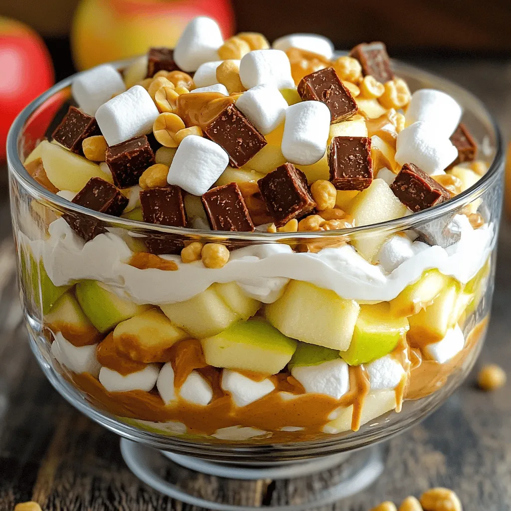 For this fun and easy Snickers Salad, you will need: - 6 fun-sized Snickers bars, chopped - 2 cups diced Granny Smith apples - 1 cup mini marshmallows - 1 cup whipped cream (or stabilized whipped topping) - 1/2 cup creamy peanut butter - 1/4 cup chopped unsalted peanuts - 1 tablespoon lemon juice - A pinch of salt (optional) These ingredients make a sweet and crunchy dessert that everyone loves. If you want to change things up, here are some good swaps: - Use other types of apples like Honeycrisp or Fuji for a sweeter taste. - Swap mini marshmallows for chopped caramel candies for a different flavor. - Use Greek yogurt instead of whipped cream for a healthier twist. - Replace creamy peanut butter with almond butter for a nutty flavor. These substitutions can help you customize the salad to your taste. When picking apples, look for ones that are firm and shiny. Avoid any with bruises or soft spots. Granny Smith apples are tart and crisp, perfect for this salad. Make sure to check the expiration date on whipped cream or whipped topping. Freshness matters for the best taste. Choosing quality ingredients will make your Snickers Salad even more delicious! To start, gather your ingredients. You need 6 fun-sized Snickers bars, 2 cups of diced Granny Smith apples, and other tasty items. First, chop the Snickers bars into small pieces. Then, dice the apples into bite-sized chunks. In a large bowl, mix the apples with 1 tablespoon of lemon juice and a pinch of salt. This keeps the apples fresh and bright. Next, add the chopped Snickers bars and 1 cup of mini marshmallows to the apple mix. Gently fold them in. Be careful not to mash the ingredients. In another bowl, combine 1 cup of whipped cream and 1/2 cup of creamy peanut butter. Use a spatula to mix until smooth. Pour this creamy mix over the apple and Snickers mixture. Toss everything together until coated well. For a great presentation, use a clear glass bowl. This shows off the colorful layers. Top with 1/4 cup of chopped unsalted peanuts for extra crunch. You can also add a few whole mini marshmallows for fun. Chill the salad for at least 30 minutes before serving. This helps the flavors blend together. Enjoy your Snickers salad! Check the Full Recipe for more tips. To boost flavor and texture, use crunchy apples like Granny Smith. Their tartness balances the sweet Snickers bars. Adding a pinch of salt can elevate all the flavors, too. Mixing in chopped peanuts gives a nice crunch. You might also try adding a dash of vanilla extract for extra depth. One common mistake is not tossing the apples with lemon juice. This step keeps them fresh and prevents browning. You must be gentle when mixing to avoid mashing the ingredients. Another mistake is serving it too soon. Allowing it to chill for 30 minutes helps the flavors blend well. For a beautiful presentation, use a clear glass bowl. This lets everyone see the colorful layers. Top your Snickers salad with whole mini marshmallows and peanuts for a fun touch. You can also drizzle some chocolate sauce on top for added flair. It makes a delightful dessert that everyone will love! {{image_2}} You can change up Snickers salad in fun ways! Try adding different candy bars. Milky Way bars give a smooth caramel taste. Twix bars add a crunchy cookie layer. You can also swap the apples for pears for a sweet twist. Want a lighter Snickers salad? Use Greek yogurt instead of whipped cream. This adds protein and cuts calories. You can also use sugar-free candy bars. For a fresh touch, add some berries like strawberries or blueberries. Snickers salad can change with the seasons! In fall, add chopped pumpkin or sweet potato for a cozy flavor. In summer, mix in fresh peaches or berries for a bright taste. You can even sprinkle cinnamon in the fall for warmth. To keep your Snickers salad fresh, store it in an airtight container. This helps prevent it from drying out or absorbing other smells in the fridge. If you have any leftovers, make sure to cover them well. I like to use a glass bowl with a lid for this. Snickers salad stays fresh for about 3 days in the fridge. After that, the apples may start to brown and lose their crunch. To keep it fresh longer, add the chopped peanuts just before serving. This keeps them crunchy and tasty. You don't really need to reheat Snickers salad. It tastes best cold. If the salad looks a bit dry after a day, you can add a dollop of whipped cream to refresh it. Just mix it in gently to revive the flavors. Enjoy your Snickers salad! Snickers Salad is a fun dessert that mixes sweet and crunchy ingredients. It combines Snickers bars, apples, mini marshmallows, whipped cream, and peanut butter. The flavors blend to create a tasty treat that feels like a dessert and a salad. Yes, you can make Snickers Salad ahead of time. It tastes even better after chilling in the fridge. Just prepare it a few hours before serving. Let the flavors mix well and enjoy a delicious dessert. Yes, Snickers Salad is gluten-free if you use gluten-free ingredients. Check the Snickers bar and whipped cream brands to ensure they are gluten-free. This dessert can be a safe choice for those with gluten sensitivities. Absolutely! You can use any type of apple you enjoy. While Granny Smith apples add tartness, you can try Honeycrisp or Fuji apples for sweetness. The key is to choose crisp apples for the best texture. To add more crunch, you can mix in extra nuts or use different toppings. Chopped almonds or walnuts can give a nice crunch. You can also sprinkle more peanuts on top for added texture. This blog post covered all you need to know about Snickers Salad. We reviewed ingredients, steps for making it, and tips to enhance it. I shared how to mix flavors and avoid common mistakes. Variations can help fit any season or taste. Finally, proper storage tips keep your salad fresh longer. Enjoy making this fun dish for your friends and family! With these insights, you'll impress everyone with your skills and creativity.