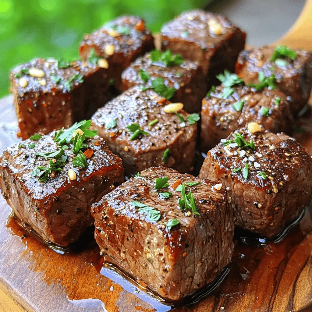 To make tasty air fryer steak bites, gather these main ingredients: - 1 pound steak (sirloin or ribeye), cut into 1-inch cubes - 2 tablespoons olive oil - 2 cloves garlic, minced - 1 teaspoon paprika - 1 teaspoon onion powder - 1 teaspoon smoked salt - 1/2 teaspoon black pepper - Fresh parsley, chopped (for garnish) These simple items create a great flavor base. The olive oil helps the spices stick to the steak. Garlic adds a nice touch, while paprika gives a subtle kick. Each ingredient works together to make your bites juicy and tasty. Want to jazz up your steak bites? Consider these optional ingredients: - 1 tablespoon Worcestershire sauce - 1 teaspoon chili powder - 1 teaspoon dried thyme - Fresh lemon juice - Crumbled blue cheese These extras can change the flavor profile. Worcestershire sauce adds depth, while chili powder brings heat. You can also squeeze some lemon juice for a zesty twist. Blue cheese adds a rich, creamy touch that pairs well with steak. Choosing the right cut of steak is key for great bites. Here are my top picks: - Sirloin: Lean and flavorful, perfect for quick cooking. - Ribeye: Rich in marbling, very juicy and tender. - Tenderloin: Very soft, a bit pricier but worth it. Each cut offers different textures and flavors. Sirloin is lean, while ribeye has more fat, making it juicier. Tenderloin is the softest option, great for a special treat. For the best results, pick a cut that suits your taste and budget. For the complete recipe, check out the [Full Recipe]. Start by cutting your steak into 1-inch cubes. I like to use sirloin or ribeye, but any good cut works. Next, pat the steak cubes dry with paper towels. This step helps create a nice sear. In a large bowl, mix together the olive oil, minced garlic, paprika, onion powder, smoked salt, and black pepper. Stir well to combine. Now, add the steak cubes to the bowl. Toss until every piece is coated. Let them sit for about 15 minutes. This time allows the flavors to soak in. While your steak bites marinate, preheat your air fryer to 400°F (200°C). This usually takes about 5 minutes. After preheating, arrange the marinated steak bites in the air fryer basket. Ensure they are in a single layer. If you have a smaller air fryer, you may need to cook in batches. Cook for 8-10 minutes. Remember to shake the basket halfway through. This helps them cook evenly. Use a meat thermometer to check for doneness. Aim for 130°F (54°C) for medium-rare. To get the best steak bites, always use a meat thermometer. This tool takes the guesswork out of cooking. If you prefer your steak medium or well-done, adjust the time slightly. Remember, the steak will continue to cook after you take it out. Let it rest for a couple of minutes before serving. This step allows the juices to redistribute. Garnish your steak bites with chopped parsley for a fresh touch. For the full recipe, refer to the beginning of this article. When picking steak for bites, select cuts that are tender and flavorful. Sirloin and ribeye are great choices. They provide a nice balance of taste and texture. Look for marbling in the meat. This fat adds flavor and keeps the steak juicy. Ask your butcher for advice if you are unsure. Freshness is key, so choose the best quality you can find. You can change up the flavor of your steak bites with different marinades. Here are some ideas: - Teriyaki Marinade: Use soy sauce, ginger, and brown sugar for an Asian twist. - Spicy Cajun Marinade: Add Cajun spice, lime juice, and a bit of honey for heat. - Balsamic Glaze: Mix balsamic vinegar, garlic, and rosemary for a sweet and tangy flavor. Let your steak marinate for at least 15 minutes before cooking. For stronger flavors, marinate for a few hours. To get the best results from your air fryer, follow these tips: - Preheat: Always preheat your air fryer. This ensures even cooking and a nice sear. - Don’t Overcrowd: Place steak bites in a single layer. This helps them cook evenly and get crispy. - Shake the Basket: Halfway through cooking, shake the basket. This allows hot air to circulate well around the meat. - Check Doneness: Use a meat thermometer to check the internal temperature. Aim for 130°F (54°C) for medium-rare. These simple tips will help you make perfect steak bites every time. For the complete recipe, check the Full Recipe section. {{image_2}} Steak bites pair well with many sides. I love serving them with crispy fries. Sweet potato fries are a fun twist. You can also try a fresh salad. A simple green salad with lemon dressing adds brightness. Roasted vegetables, like broccoli or asparagus, bring color and flavor to the plate. Rice or quinoa can soak up the steak juices nicely too. When enjoying steak bites, a good drink enhances the meal. A bold red wine, like Cabernet Sauvignon, complements the beef well. If you prefer white, a Chardonnay can work too. For a non-alcoholic option, try sparkling water with lemon. It cleanses the palate and keeps the meal light. How you serve steak bites can impress your guests. Use small skewers for easy eating at parties. Place the bites on a wooden board with dips. Chimichurri or garlic aioli adds a fun touch. You can also serve the steak bites in lettuce wraps. This makes for a fresh and crunchy bite. Remember to garnish with fresh parsley for color. For the full recipe, check out the details above. To store leftover steak bites, place them in an airtight container. Let them cool first. Then, seal the container and store it in the fridge. They will stay fresh for up to three days. If you want to keep them longer, consider freezing. When reheating steak bites, I recommend using the air fryer. This method keeps them juicy and tender. Preheat the air fryer to 350°F (175°C). Place the steak bites in the basket for about 5 minutes. Check to ensure they are heated through. You can also use a microwave, but it may make them tough. If you want to freeze steak bites, cool them completely first. Then, arrange them in a single layer on a baking sheet. Freeze for about an hour until firm. After that, transfer them to a freezer bag. Remove as much air as possible to prevent freezer burn. They will last up to three months. When ready to eat, thaw them overnight in the fridge before reheating. For the full recipe, check the details above. To check if your steak bites are done, use a meat thermometer. Aim for 130°F (54°C) for medium-rare and 140°F (60°C) for medium. You can also cut a piece open to see the color. Pink inside means it's done. Letting them rest for a few minutes after cooking helps keep them juicy. Yes, you can use chicken, pork, or tofu as substitutes. Cut them into similar bite-sized pieces. Adjust the cooking time based on the protein you choose. Chicken usually takes a bit longer, while tofu cooks quickly. Besides the basic spices, you can try different flavors. Some great options include: - Italian herbs (like oregano and basil) - Chili powder for some heat - Soy sauce for an umami kick - Lemon juice for brightness Experimenting with herbs and spices can help you find your favorite blend. For full flavor ideas, check out the Full Recipe. In this post, we explored how to make delicious air fryer steak bites. We covered main ingredients and steps to prepare and cook perfectly. I shared tips on choosing steak and unique marinade ideas. You also learned how to serve steak bites and store leftovers for later. Enjoy experimenting with flavors and techniques. Your air fryer can make quick, tasty meals. Happy cooking!