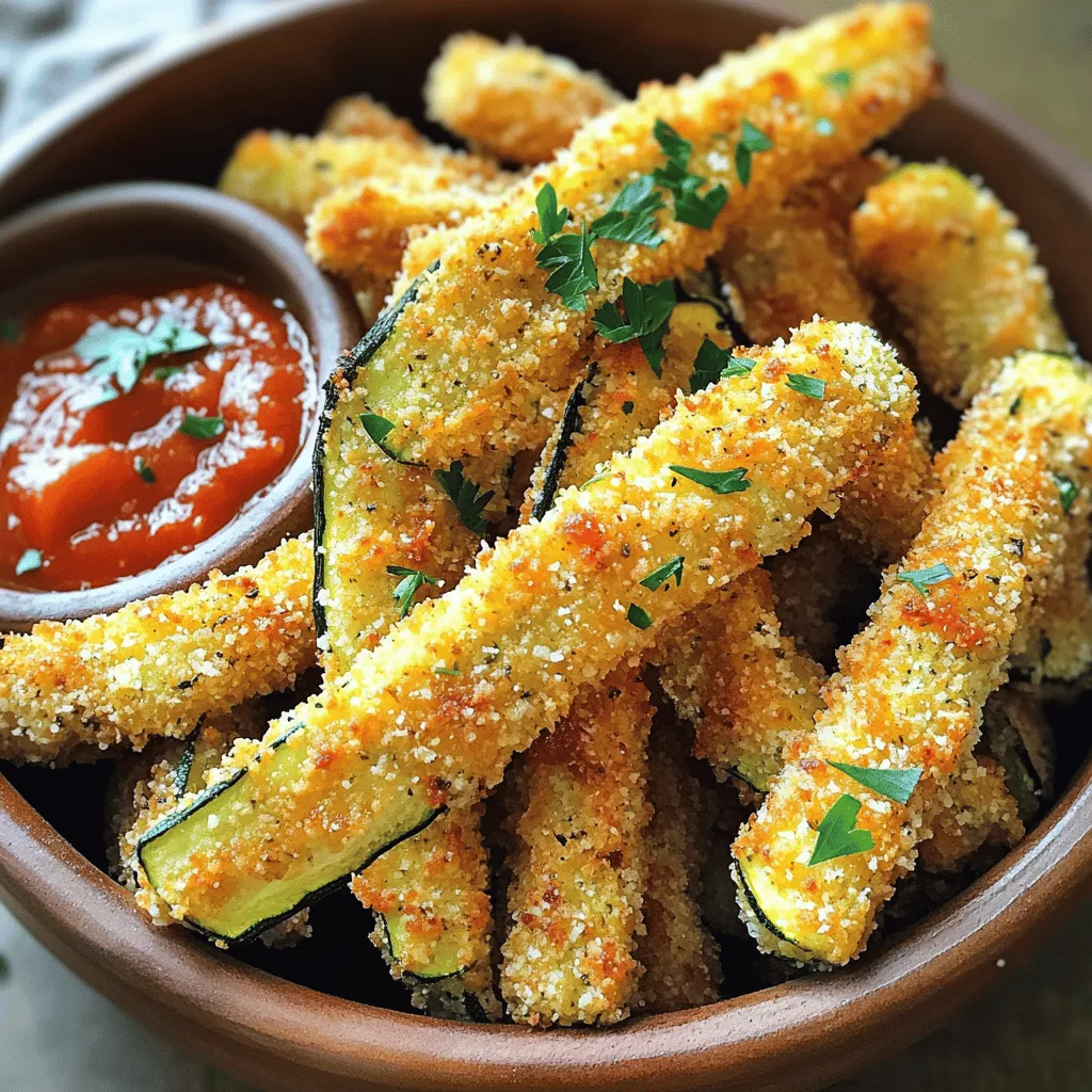 - 2 medium zucchinis - 1 cup panko bread crumbs - 1/2 cup grated Parmesan cheese - 1 teaspoon garlic powder - 1 teaspoon onion powder - 1/2 teaspoon paprika - 1/4 teaspoon black pepper - 1/4 teaspoon salt - 1/2 cup all-purpose flour - 2 large eggs, beaten - Olive oil spray The magic of these extra crispy zucchini fries starts with fresh ingredients. I choose medium zucchinis because they are tender and perfect for frying. Panko bread crumbs give a crunchy texture. The grated Parmesan adds savory flavor. Garlic and onion powder bring depth. Paprika adds a hint of warmth. Black pepper and salt round out the taste. To coat the fries, I use all-purpose flour and eggs. The flour helps the coating stick. The beaten eggs create a rich layer of flavor. Finally, a light spray of olive oil helps everything crisp up in the oven. - Baking sheet - Parchment paper - Shallow bowls for dredging - Knife and cutting board - Oven Gathering the right tools makes your cooking easier. A baking sheet lined with parchment paper helps with cleanup. Shallow bowls are great for dredging the zucchini. A knife and cutting board will help you cut the zucchinis into fry shapes. Finally, your oven will be the star of the show, transforming these fries into a crispy delight. For the full recipe, check out the complete guide to making these extra crispy oven baked Parmesan zucchini fries. To start, cut the zucchinis into fries. Aim for sticks about 1/4 inch thick. This size helps them cook evenly. If they are all the same size, they will crisp up together. Use a sharp knife for clean cuts. If you have a mandoline slicer, it can make this job easier. Next, set up your dredging station. You will need three shallow bowls. In the first bowl, add all-purpose flour. In the second bowl, beat the eggs. In the last bowl, mix panko bread crumbs, Parmesan cheese, garlic powder, onion powder, paprika, black pepper, and salt. Now for the fun part! Take each zucchini fry and coat it in flour first. Shake off any extra flour. Then, dip it into the beaten eggs. Let any excess egg drip off. Finally, roll it in the panko mixture. Press down gently to make sure it sticks. Preheat your oven to 425°F (220°C). Line a large baking sheet with parchment paper. This makes cleanup easy and helps the fries not stick. Arrange the coated zucchini fries on the baking sheet in a single layer. Make sure they are not touching each other. This is key for getting them crispy. Lightly spray the tops with olive oil spray. This helps them brown nicely. Bake the fries for 20-25 minutes. Flip them halfway through for even cooking. Look for a golden brown color and a crispy texture. Once they are done, take them out and let them cool for a few minutes before serving. For the full recipe, check out the complete instructions above. Enjoy your crispy delights! To get those extra crispy oven-baked parmesan zucchini fries, choose panko bread crumbs. They are lighter and crunchier than regular bread crumbs. This texture makes every bite satisfying. Next, use olive oil spray. It helps the fries crisp up nicely without adding too much fat. A light spray keeps them golden and crunchy. Be careful not to overcrowd the baking sheet. If the fries touch, they will steam instead of crisp. Spread them out in a single layer for the best results. Also, coat the fries properly. Make sure each fry gets a good layer of the flour, egg, and panko mix. This ensures they are fully coated and crispy after baking. Zucchini fries are best served with dips. Marinara sauce is a classic choice. Ranch dressing also pairs well. For garnish, sprinkle fresh parsley on top. This adds a pop of color and makes the dish look more appealing. Remember, presentation matters! {{image_2}} To make your zucchini fries extra tasty, add spices to the coating. Try cayenne for heat or Italian seasoning for a fresh twist. Mixing in smoked paprika gives a nice depth of flavor. You can also incorporate herbs. Fresh or dried parsley, basil, or oregano work well with zucchini. Just mix them into the panko before coating. This adds a burst of flavor and a pop of color. If you want to try a different method, use an air fryer. Air frying gives you that crispy texture with less oil. Just set it to 400°F (200°C) and cook for about 10 to 15 minutes. Grilling is another great option. Slice the zucchini into thicker pieces. Brush them with olive oil, season with salt, and grill them for about 5 to 7 minutes per side. This adds a smoky flavor and is perfect for summer. For a vegan version, swap eggs with flaxseed meal. Mix one tablespoon of flaxseed with three tablespoons of water. Let it sit until it thickens. Instead of Parmesan cheese, use nutritional yeast for a cheesy taste. It’s dairy-free and adds a savory flavor to your zucchini fries. This way, everyone can enjoy these tasty treats. For the full recipe, check out the details above. To keep leftover zucchini fries fresh, place them in an airtight container. This will help maintain their flavor and crunch. I recommend using glass containers or BPA-free plastic ones. Store them in the fridge for up to three days. Be sure to let them cool before sealing the container, as this prevents moisture buildup. You can freeze the fries before or after baking. If you freeze them raw, place them on a baking sheet in a single layer. After they freeze, transfer them to a freezer bag. This method saves space and keeps them separate. If you freeze them after baking, allow them to cool first. Store them in a freezer-safe container. They will last up to two months. When you're ready to use them, thaw in the fridge overnight for best results. If you’re short on time, you can microwave them briefly. However, this may affect their crispiness. For the best way to reheat, use the oven. Preheat it to 400°F (200°C). Place the zucchini fries on a baking sheet. Bake for about 10-15 minutes until they are hot and crispy. This method helps restore their crunch. You can also reheat them in an air fryer. Set the air fryer to 350°F (175°C) for about 5-7 minutes. This will give them a nice crisp without drying them out. Enjoy your fries just as you did fresh! For the full recipe, check out the Extra Crispy Oven Baked Parmesan Zucchini Fries. You can dip your zucchini fries in many tasty sauces. Here are some popular options: - Marinara sauce - Ranch dressing - Garlic aioli - Spicy mustard - Ketchup Each sauce adds a unique flavor. Try mixing sauces for a fun twist! Yes, you can use regular breadcrumbs. However, panko is lighter and crispier. It creates a better crunch. Regular breadcrumbs tend to be denser and may not give the same result. If you have panko, use it for that extra crisp! Look for a golden brown color on your zucchini fries. They should feel crisp when you touch them. If they look dry and crunchy, they are likely ready. Keep an eye on them as they bake. Enjoy them hot for the best taste! For the complete recipe, check out the Full Recipe section. In this post, we explored how to make crispy zucchini fries. We covered the right ingredients, tools, and cooking steps. I shared tips for perfecting your fries and ideas for serving them. You can also adapt the recipe for different flavors or dietary needs. Lastly, we discussed storage options to keep your fries fresh. Making zucchini fries is fun and rewarding. Try this recipe for a tasty and healthier snack. You won't regret it!