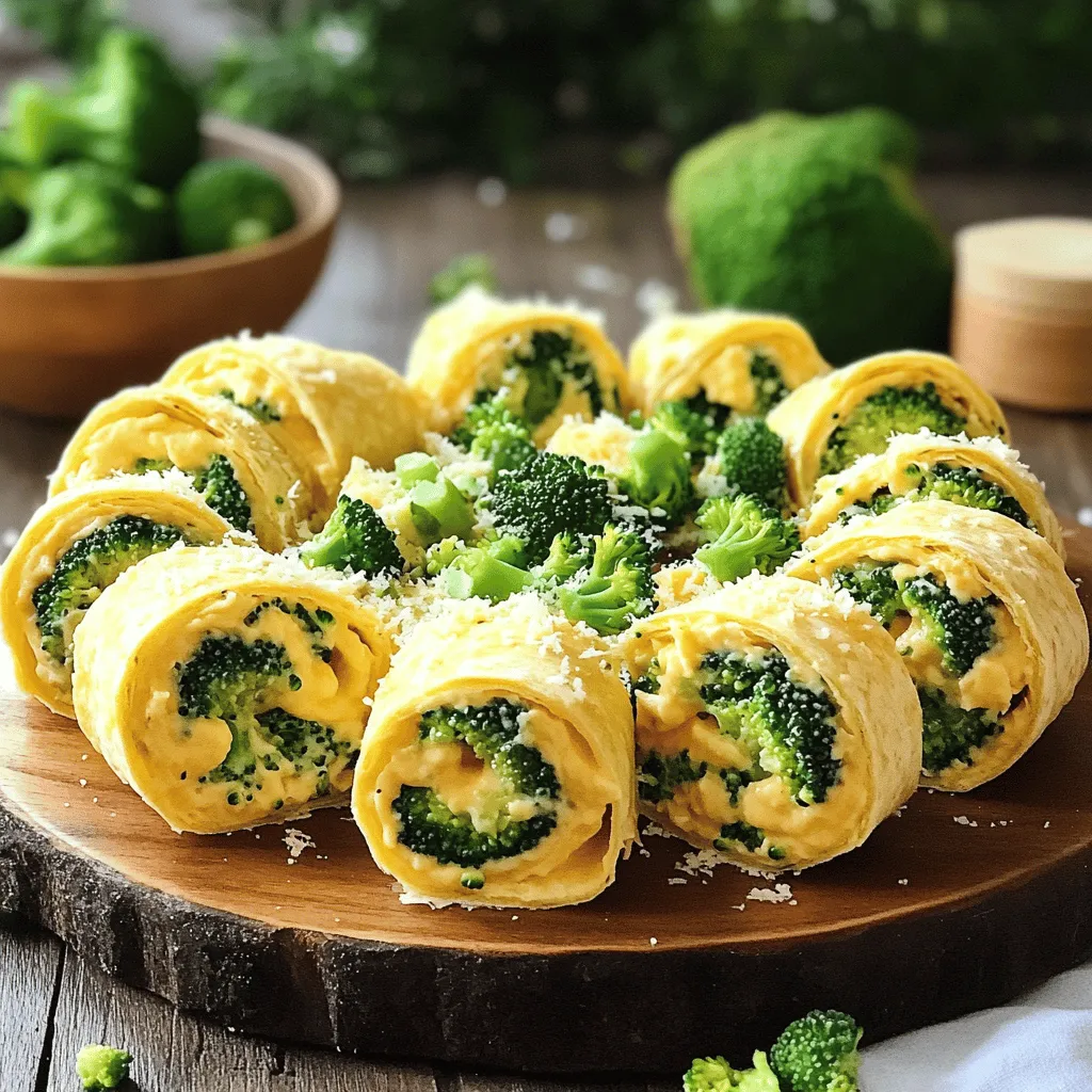 To make these tasty broccoli cheese pinwheels, you need: - 1 cup fresh broccoli florets, chopped - 1 cup shredded cheddar cheese - 1/2 cup cream cheese, softened - 1/4 cup grated Parmesan cheese - 1 tsp garlic powder - Salt and pepper to taste - 1 large tortilla wrap (whole wheat or regular) - 1/2 cup shredded carrots (optional) - Olive oil (for brushing) You can switch up the ingredients to suit your taste. Use any cheese you love, like mozzarella or pepper jack. If you want a healthier option, try using a whole wheat tortilla or a gluten-free one. You can also add other veggies, like spinach or bell peppers. For extra flavor, toss in some herbs or spices. When picking broccoli, look for bright green florets with no yellowing. The stems should feel firm. For cheese, choose blocks over pre-shredded, as they melt better. Check the expiration date on cream cheese. Fresh ingredients make a big difference in taste. Always select the best for your pinwheels. First, gather all your ingredients. You need fresh broccoli, cheddar cheese, cream cheese, Parmesan cheese, garlic powder, and a tortilla wrap. This recipe takes about 30 minutes from start to finish. You will have a tasty snack ready in no time. 1. Preheat the Oven: Set your oven to 375°F (190°C). This step is key for even cooking. 2. Steam the Broccoli: Place the chopped broccoli in a steaming pot. Steam it for 3-4 minutes. It should turn bright green and be tender. After steaming, let it cool for a few minutes. 3. Mix the Cheese: In a bowl, combine softened cream cheese, shredded cheddar, grated Parmesan, garlic powder, salt, and pepper. Mix until it’s all smooth. 4. Combine Ingredients: Add the cooled broccoli to the cheese mixture. If you want more color and crunch, add shredded carrots. Mix until everything is well-coated. 5. Prepare the Tortilla: Lay the tortilla flat on a clean surface. Spread the broccoli cheese mixture evenly over the tortilla. 6. Roll It Up: Start from one end and roll the tortilla tightly. Make sure the filling stays inside as you roll. 7. Slice the Pinwheels: Cut the rolled tortilla into 1-inch thick slices. You should get about 12-15 pinwheels. 1. Arrange on Baking Sheet: Place the pinwheels on a lined baking sheet. 2. Brush with Olive Oil: Lightly brush the tops of the pinwheels with olive oil. This helps them crisp up. 3. Bake: Put the baking sheet in the preheated oven. Bake for 10-12 minutes. The cheese should melt and the edges should turn golden. 4. Cool and Serve: Take the pinwheels out of the oven. Let them cool for a couple of minutes. Serve warm for the best taste. For the full recipe, you can refer to our earlier section to ensure all steps are clear. Enjoy your delicious broccoli cheese pinwheels! To make the best broccoli cheese pinwheels, start with fresh ingredients. The broccoli should be bright green and crisp. Chop it finely to mix well with the cheeses. Use softened cream cheese for easy spreading. This is key for a smooth texture. Spread the cheese mixture evenly on the tortilla. Roll it tightly but gently. This keeps the filling inside and helps with slicing. A sharp knife works best for cutting the pinwheels. Aim for 1-inch slices for a good bite size. One mistake is overcooking the broccoli. Steaming it for just 3-4 minutes keeps it bright and crunchy. Another error is using too much filling. If you overstuff, the pinwheels can fall apart. Also, avoid using cold cream cheese. Always let it soften first. Lastly, don’t skip brushing olive oil on top. This helps the pinwheels brown nicely in the oven. For a great look, serve the pinwheels on a large platter. Add a sprinkle of extra Parmesan cheese on top for flair. Fresh broccoli florets can add color and freshness. You can even arrange them like a flower. This makes your dish pop and look inviting. For extra fun, serve with a colorful dip on the side. This makes it more appealing and interactive for your guests. Enjoy creating your masterpiece! {{image_2}} You can change up your broccoli cheese pinwheels with fun add-ins. Try adding cooked bacon for a smoky flavor. You can also mix in sun-dried tomatoes for a pop of color and taste. For a spicy kick, add some diced jalapeños. If you want extra veggies, consider spinach or bell peppers. These small changes can make a big difference in taste. Don't be afraid to experiment! If you need gluten-free pinwheels, use a gluten-free tortilla. For a vegan version, swap out the cheese for vegan cheese. You can also use a nut-based cream cheese. This way, everyone can enjoy these tasty snacks. Adjusting the recipe helps make it fit your needs while keeping the flavor strong. Serve your pinwheels warm or cold. They taste great either way! Arrange them on a platter for a fun party snack. Pair them with your favorite dips, like ranch or salsa. You can also serve them with a fresh salad for a light meal. Don’t forget to garnish with extra cheese or broccoli florets for a nice touch. For the full recipe, check out the details above! To keep your broccoli cheese pinwheels fresh, store them in an airtight container. Place a paper towel inside the container to absorb moisture and keep the pinwheels crisp. They can last in the fridge for up to three days. If you want to enjoy them later, it’s best to freeze them. To freeze the pinwheels, first, slice them and place them on a baking sheet. Make sure they are not touching. Freeze them for about one hour until solid. Then, transfer them to a freezer bag or container. This method helps keep their shape. You can freeze them for up to three months. When you're ready to eat the pinwheels, preheat your oven to 350°F (175°C). Place the pinwheels on a baking sheet and cover them loosely with foil. Heat them for about 10-15 minutes. This helps them warm through without drying out. You can also microwave them for a quick option, but they may lose some crispness. Enjoy your tasty snack! If you want the full recipe for these delicious pinwheels, check out the [Full Recipe]. Broccoli cheese pinwheels last about 3 to 4 days in the fridge. Keep them in an airtight container. This helps keep them fresh and tasty. If you notice any changes in smell or texture, it's best to toss them. Yes, you can make these pinwheels ahead of time. Prepare them a day before serving. Just wrap them tightly and place them in the fridge. When you're ready, bake them for a quick snack. Absolutely! You can use many types of cheese. Try mozzarella for a milder taste or pepper jack for some heat. Mixing cheeses can add fun flavors to your pinwheels. Great dips include ranch, sour cream, or even a spicy salsa. You can also try a creamy garlic dip for a rich flavor. These dips complement the cheesy taste well and make snacking even better. This article covered everything you need for broccoli cheese pinwheels. We discussed key ingredients, cooking steps, tips, and variations. You learned how to avoid common pitfalls and make your pinwheels shine. Remember to store any leftovers properly for later enjoyment. Experiment with flavors and adaptations to suit your taste. With these insights, you can create tasty pinwheels that impress everyone at your next gathering. Happy cooking!