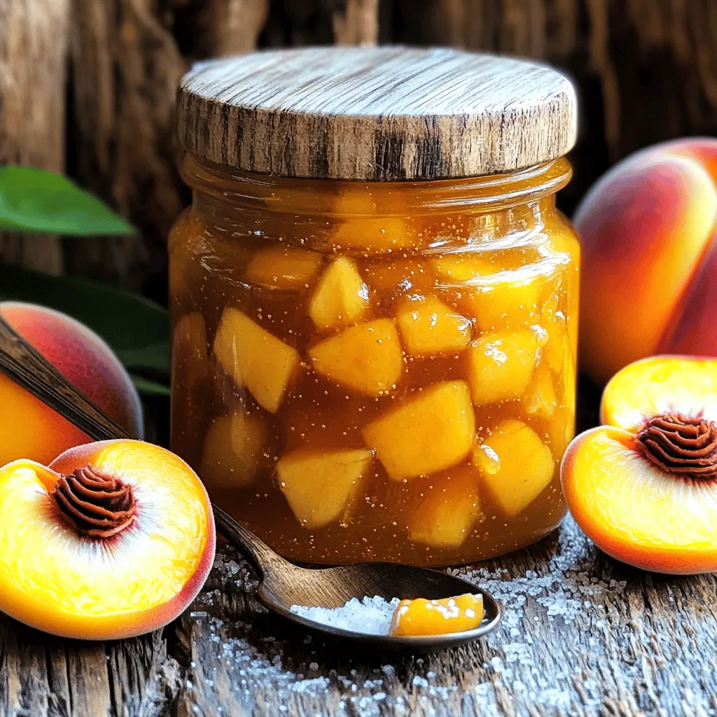 - Fresh peaches - Granulated sugar - Lemon juice - Vanilla extract - Almond extract - Water To make this jam, start with fresh peaches. They give the best flavor. Use ripe, juicy peaches for a sweet treat. Next, gather granulated sugar for sweetness. Lemon juice adds a nice tartness, balancing the flavors. Remember to include vanilla extract to enhance the peach taste. Almond extract adds a hint of nuttiness. Lastly, water helps to cook down the peaches. - Pectin for thicker consistency - Spices like cinnamon or nutmeg If you want a thicker jam, use pectin. It helps the jam set perfectly. You can also add spices for extra flavor. A pinch of cinnamon or nutmeg can make the jam unique. These add-ins allow you to customize your jam to your liking. - Medium saucepan - Potato masher or immersion blender - Sterilized jars for storage You will need a medium saucepan to cook the jam. A potato masher or immersion blender helps to break down the peaches. This gives the jam the right texture. Lastly, use sterilized jars for storage. This keeps your jam fresh and safe to eat. For the complete instructions, check out the Full Recipe! To make this jam, start with ripe peaches. Here’s how to peel and dice them easily: - Boil water in a pot. - Score the peaches with a small "X" on the bottom. - Blanch the peaches for about 30 seconds. - Remove and cool them in ice water. - Peel the skins off with your fingers. Now, to dice the peaches: - Cut the peaches in half and remove the pit. - Slice the peach halves into wedges. - Chop the wedges into small pieces. Time-saving tips: - Use ripe peaches; they peel easier. - Prepare a batch of peaches ahead of time. Now let’s cook the jam. Follow these steps: 1. Combine the diced peaches and water in a medium saucepan. 2. Heat over medium for about 5 minutes, stirring often. 3. Add sugar, lemon juice, and both extracts. Stir well. 4. Turn up the heat to medium-high and let it boil gently. 5. Boil for 10-15 minutes, stirring to prevent sticking. To get the perfect thickness: - Test the jam by spooning some onto a plate. - If it drips slowly, it’s done. If it’s too runny, keep boiling. After cooking, it's time to fill your jars: - Sterilize jars by boiling them in water for 10 minutes. - Pour the jam into the hot jars, leaving some space at the top. - Seal tightly with lids. - Let them cool to room temperature. For longer storage, you can process the jars: - Place them in a water bath for 10 minutes. - Let them cool completely. Following these steps makes your vanilla peach jam safe and delicious. For the full recipe, check the recipe section. To make your jam just right, you can adjust the sweetness. If you like it sweeter, add a bit more sugar. Taste as you go to find your perfect balance. If it’s too sweet, add a splash of lemon juice. This adds a nice bright flavor. Enhancing vanilla notes is easy too. Use high-quality vanilla extract. If you want a stronger vanilla taste, add a touch more. Just remember not to overdo it. A little goes a long way. Watch out for overcooking. This can make your jam too thick and sticky. Keep an eye on it while it cooks. Stir often to avoid burning. Under-cooking is another issue. If you don’t cook it long enough, your jam may be too runny. To prevent sticking, use a heavy-bottomed pan. This helps to heat evenly. Stir the mix every few minutes. This keeps it from sticking to the bottom. If it does stick, reduce the heat a bit. Creative ways to present your jam can impress friends. Try using small glass jars. They look cute and are easy to gift. You can also label them with fun names or the date. Pairing suggestions are key for serving. Spread the jam on toast or scones. It also tastes great with cheese. Try it on a cheese board. The sweet and savory mix is a hit. For a simple treat, enjoy it with yogurt or ice cream. For the full recipe, check the full recipe section above. {{image_2}} You can mix peaches with other fruits for a unique jam. Try adding strawberries or raspberries for a berry twist. The sweet and tart flavors work well with peaches. In the fall, consider pairing peaches with apples or pears. These combinations create a warm, cozy flavor that feels like a hug in a jar. Spice blends can bring a new depth to your jam. Adding a pinch of cinnamon or nutmeg can warm up the flavor. If you want a floral touch, try using rosewater or lavender extract. These flavors blend beautifully with peaches. You can also swap out vanilla extract for maple extract for a different twist. Each new flavor makes the jam special. If you want a lower-sugar jam, try using honey or agave syrup. These natural sweeteners can replace granulated sugar. Start by using half the amount and adjust to your taste. Another option is using stevia or monk fruit sweetener for a no-calorie choice. Keep in mind that these alternatives may need different cooking times. Always check for the right thickness to get the best jam. You can find the full recipe in another section. Enjoy making this jam your own! How long will the jam last in the fridge? The jam will last about three weeks in the fridge. Store it in a sealed jar. This keeps it fresh and safe to eat. Best practices for keeping it fresh Always use clean utensils when scooping the jam. Avoid double-dipping to prevent bacteria. Keep the jar tightly sealed when not in use. This helps to keep out air and moisture. Water bath canning process To can your jam, first prepare your jars. Place them in simmering water to sterilize. Fill the hot jars with hot jam, leaving a little space at the top. Wipe the rims clean and seal with lids. Then, process the jars in boiling water for about 10 minutes. Tips for safe canning practices Check that the lids seal tightly after cooling. Press the center of each lid. If it pops up, it did not seal properly. Store sealed jars in a cool, dark place. This can help the jam last up to a year. How to properly freeze jam for long-term storage To freeze jam, use freezer-safe containers. Leave some space at the top for expansion. Label each container with the date and type of jam. This keeps your freezer organized and helps you use it in time. Thawing and reusing frozen jam To thaw frozen jam, place it in the fridge overnight. You can also set the container in warm water for faster thawing. Once thawed, stir well before using. Enjoy it on toast, in yogurt, or as a filling for desserts! Yes, you can use frozen peaches. They work well in jam. Here are some best practices: - Thaw before use: Let them sit in the fridge overnight. - Drain excess liquid: Frozen peaches may release water. Drain this to avoid runny jam. - Adjust cooking time: You may need to cook them a bit longer to thicken. You can tell if your jam is done by looking for these signs: - Color change: It will deepen and look glossy. - Thick consistency: It should coat the back of a spoon. - Testing with a plate: Place a spoonful on a cold plate. If it holds its shape, it’s ready. This jam is versatile and tasty! Here are some ideas: - Spread on toast: Perfect for breakfast or snacks. - Swirl into yogurt: Add sweetness to your morning. - Use in desserts: Try it in cakes or pastries. - Serve with cheese: It pairs well with brie or goat cheese. If your jam turns out runny, don’t worry! Here are some tips: - Cook longer: Return it to the heat and boil for a bit more time. - Add pectin: Stir in some pectin to help it set. - Test again: Use the cold plate test for thickness after adjusting. For a full recipe, check out the Full Recipe section. In this post, we covered how to make delicious peach jam from scratch. You learned about the main and optional ingredients, the equipment you need, and step-by-step instructions for cooking. I shared tips for perfecting flavor and avoiding common mistakes. We explored variations and different storage methods to keep your jam fresh. Making peach jam is fun and rewarding. Now, you can create your own tasty treats. Enjoy your kitchen adventure!