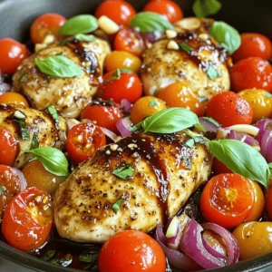 To make One Pan Balsamic Chicken, you will need these ingredients: - 4 boneless, skinless chicken breasts - 1 cup cherry tomatoes, halved - 1 red onion, sliced - 3 cloves garlic, minced - 1/2 cup balsamic vinegar - 1/4 cup honey - 2 tablespoons olive oil - 1 teaspoon dried oregano - 1 teaspoon dried basil - Salt and pepper to taste - Fresh basil leaves for garnish You can boost flavor with these optional items: - Spinach or kale for extra greens - Bell peppers for sweetness and color - Feta cheese for a tangy twist - Crushed red pepper flakes for heat When shopping for ingredients, look for these tips: - Choose chicken breasts that are pale pink and firm. - Pick cherry tomatoes that are bright and plump. - Select a red onion with dry, smooth skin. - Buy garlic bulbs that feel firm and heavy. - Opt for fresh herbs over dried for better taste. Using these fresh ingredients makes a big difference. They help create a dish that tastes great and looks beautiful too! For more details on the recipe, check the Full Recipe. First, gather your ingredients. You need four boneless, skinless chicken breasts, cherry tomatoes, red onion, garlic, balsamic vinegar, honey, olive oil, dried oregano, dried basil, salt, and pepper. Fresh basil leaves add great flavor for garnish. Wash and cut the cherry tomatoes in half. Slice the red onion. Mince the garlic. Next, preheat your oven to 425°F (220°C). This step ensures the chicken cooks evenly. Mix the balsamic vinegar, honey, olive oil, oregano, basil, salt, and pepper in a bowl. Whisk them together until they blend well. Set this mixture aside. Heat a drizzle of olive oil in a large oven-safe skillet over medium-high heat. Season the chicken with salt and pepper. Place the chicken in the skillet. Sear each side for about 4-5 minutes. You want them golden brown. After browning the chicken, add minced garlic, sliced red onion, and halved cherry tomatoes around the chicken. This mix will add depth to the dish. Pour the balsamic mixture over the chicken and veggies. Make sure to coat everything evenly. Now, transfer the skillet to your preheated oven. Bake for 20-25 minutes. Check that the chicken reaches an internal temperature of 165°F (75°C) to ensure it’s safe to eat. Searing the chicken creates a lovely crust. This adds flavor and keeps the meat juicy. Do not overcrowd the skillet when searing; it can lower the heat. Using a thermometer helps you know when the chicken is done. This method prevents overcooking. Let the chicken rest for 5 minutes after baking. This step allows the juices to redistribute, keeping it moist. Garnish with fresh basil leaves right before serving. This not only looks nice but also adds fresh flavor. Enjoy this one-pan meal straight from the skillet for a beautiful presentation! For the complete recipe, refer to the Full Recipe section. When cooking One Pan Balsamic Chicken, some mistakes can spoil the dish. Here are key points to keep in mind: - Not Searing the Chicken: Searing adds a nice crust. Skipping this step can make it bland. - Overcrowding the Pan: If you add too many chicken breasts, they won’t brown well. Cook in batches if needed. - Ignoring Rest Time: Let the chicken rest after cooking. This keeps it juicy and tender. Adding depth to your dish is simple with a few tricks: - Use Fresh Herbs: Fresh basil adds bright flavor. Try adding it right before serving. - Add a Splash of Lemon Juice: A little lemon juice brightens the dish. It balances the sweetness of the balsamic and honey. - Include Other Vegetables: Bell peppers or zucchini can add more color and flavor. They roast well alongside the chicken. To ensure your chicken stays juicy, follow these tips: - Choose the Right Cut: Boneless, skinless chicken breasts are best. They cook evenly and stay moist. - Check Internal Temperature: Use a meat thermometer. The chicken should reach 165°F (75°C) to be safe and juicy. - Marinate Before Cooking: If you have time, marinating the chicken in the balsamic mix for an hour or overnight works wonders. It infuses the meat with flavor. For a complete guide on how to prepare this dish, check out the Full Recipe. {{image_2}} You can swap out the cherry tomatoes and red onion. Think about using bell peppers, zucchini, or broccoli. These veggies add color and taste. You can also use asparagus for a nice crunch. Just make sure to cut the vegetables to similar sizes. This helps them cook evenly. While I love boneless, skinless chicken breasts, you can try other cuts. Chicken thighs are juicy and full of flavor. They can handle higher heat too. Bone-in chicken works as well, but cook it longer. Adjust the baking time to ensure it cooks through. Each cut brings its unique taste to the dish. Feel free to play with the sauce. You can add soy sauce for a savory twist. Try Dijon mustard for a zesty kick. If you want it sweeter, add more honey. For a tangy flavor, mix in some lemon juice. These changes keep the recipe fresh and exciting. Check out the Full Recipe for even more ideas! To keep your One Pan Balsamic Chicken fresh, let it cool first. Place it in an airtight container. This keeps moisture in and air out. You can also wrap it tightly with plastic wrap. Always label your container with the date. This helps you know when to use it. When you’re ready to enjoy leftovers, reheat them gently. You can use a microwave, but I prefer the oven. Preheat your oven to 350°F (175°C). Place the chicken in an oven-safe dish. Cover it with foil to keep it moist. Heat for about 15-20 minutes or until warm. Stir in any remaining sauce for extra flavor. You can safely store One Pan Balsamic Chicken in the fridge for up to four days. If you want to keep it longer, freeze it! It can last up to three months in the freezer. Just make sure to store it well. When you’re ready to eat, thaw in the fridge overnight before reheating. Enjoy your flavorful meal anytime! You can pair One Pan Balsamic Chicken with many sides. I love serving it with rice or quinoa. They soak up the tasty sauce. You can also add a fresh salad. A simple green salad with a light dressing works well. Roasted veggies complement the dish too. Try carrots, broccoli, or zucchini for color and taste. Yes, you can make One Pan Balsamic Chicken ahead of time. Cook the dish and let it cool. Store it in the fridge for up to three days. When you’re ready to eat, reheat it in the oven or microwave. You can also prep the chicken and sauce the day before. Just mix and cook when you’re ready. To check if the chicken is fully cooked, use a meat thermometer. Insert it into the thickest part of the chicken. It should read 165°F (75°C). If you don’t have a thermometer, cut into the chicken. The meat should be white and juices should run clear. If it’s pink, cook it a bit longer. For the full recipe, check out the complete guide. This blog post covered how to make One Pan Balsamic Chicken. We reviewed the ingredients needed, cooking steps, and some helpful tips. I also shared ways to store leftovers and answered common questions. Making this dish is easy and rewarding. You can adjust flavors and try new veggies. With these methods, you’ll create a tasty meal that everyone will enjoy. Happy cooking!