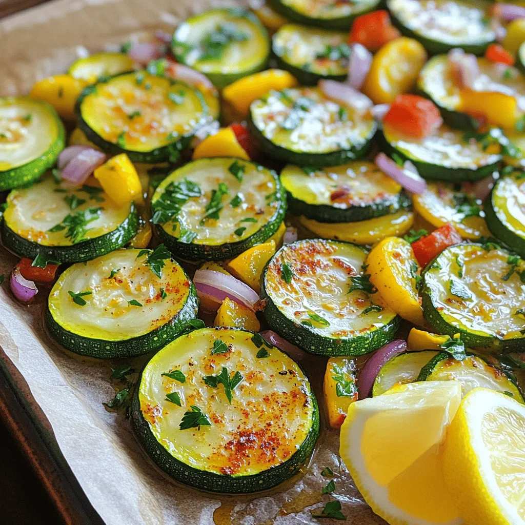 Roasting zucchini and squash brings out their sweet flavor. For this dish, you need: - 2 medium zucchinis, sliced into half-moons - 2 medium yellow squashes, sliced into half-moons - 1 red bell pepper, diced - 1 small red onion, sliced - 4 cloves garlic, minced The right blend of seasonings makes these veggies shine. You will need: - 3 tablespoons olive oil - 1 teaspoon smoked paprika - 1 teaspoon dried oregano - 1 teaspoon salt - 1/2 teaspoon black pepper - 1/4 teaspoon red pepper flakes (optional for spice) Garnishes add a nice touch to your dish. Consider: - Fresh parsley, chopped (for garnish) - Lemon wedges (for serving) You can find the full recipe for this delightful side dish above. Start with fresh zucchinis and yellow squashes. You need two medium zucchinis and two medium yellow squashes. Slice them into half-moons, about half an inch thick. Next, chop one red bell pepper into small pieces. Slice one small red onion into thin rings. Lastly, mince four cloves of garlic. These veggies will add great taste to your dish. In a large mixing bowl, combine the sliced zucchinis, yellow squashes, diced red bell pepper, and sliced red onion. In a separate bowl, mix three tablespoons of olive oil with the minced garlic, one teaspoon of smoked paprika, one teaspoon of dried oregano, one teaspoon of salt, and half a teaspoon of black pepper. If you like some heat, add a quarter teaspoon of red pepper flakes. Pour this mixture over the veggies and toss them well. Ensure every piece is coated nicely. Preheat your oven to 425°F (220°C). While the oven heats, line a large baking sheet with parchment paper. After mixing, spread the seasoned vegetables in a single layer on the baking sheet. Roast them in the oven for about 25 to 30 minutes. Stir halfway through to ensure even cooking. They should become tender and start to caramelize. Once done, take them out and place them on a serving platter. Garnish with chopped fresh parsley and serve with lemon wedges. This adds a fresh zest to your roasted zucchini and squash. For the complete recipe, check the Full Recipe section. To get great roasted zucchini and squash, I recommend a high heat. Set your oven to 425°F (220°C). This allows the veggies to cook fast and caramelize. The high heat helps develop a nice golden color. If you roast at a lower temperature, they may turn mushy. Trust me, this step is key to a tasty dish! You can change up the flavors for your taste. Try adding herbs like thyme or rosemary. If you like a kick, add more red pepper flakes. For a fresh touch, squeeze some lemon juice before serving. You can also use different oils, like avocado or sesame oil, for a unique twist. The goal is to make it your own! Roasted zucchini and squash pair well with many dishes. Serve them alongside grilled chicken or fish. They also work great in pasta or grain bowls. For a lighter meal, enjoy them with a fresh salad. Don’t forget to garnish with parsley for a pop of color. You can find the full recipe for this dish in the article. {{image_2}} You can mix in more veggies for extra taste. Try adding bell peppers, carrots, or even asparagus. Each adds a new flavor and color. Use what you have at home. Just cut them to the same size for even cooking. This makes your dish more fun and healthy. Experiment with herbs and spices to change the flavor. Basil, thyme, or rosemary work well with zucchini and squash. You can also switch the smoked paprika for cumin or curry powder. These choices can give a whole new vibe to your dish. Be bold and have fun with the flavors! For a heartier meal, you can add protein. Grilled chicken or shrimp pairs nicely with these veggies. You can also toss in chickpeas or black beans for a vegetarian option. This makes the dish filling and nutritious. Protein can turn your side dish into a main course. Try the Full Recipe for more delicious ideas! After cooking, let your roasted zucchini and squash cool down. Place them in an airtight container. Store them in the fridge for up to four days. This keeps them fresh and tasty. When ready to eat, you can enjoy them cold or reheated. To freeze the leftovers, first cool them completely. Transfer the veggies into freezer bags. Remove as much air as possible before sealing. Label the bags with the date. You can freeze them for up to three months. When you want to eat them, thaw in the fridge overnight before reheating. To reheat, preheat your oven to 350°F (175°C). Spread the zucchini and squash on a baking sheet. Heat them for about 10-15 minutes. This will help them stay crispy. You can also reheat them in a skillet over medium heat for 5-7 minutes. Stir occasionally to warm evenly. Enjoy your flavorful side dish again! For the full recipe, check out the Flavor Fusion Roasted Zucchini & Squash. It takes about 25 to 30 minutes to roast zucchini and squash. You preheat your oven to 425°F (220°C). Spread the veggies on a baking sheet. Stir halfway through for even cooking. They are done when they are tender and slightly caramelized. Yes, you can use other types of squash. Butternut, acorn, or pattypan squash work well too. Each type will add a unique flavor. Just be sure to cut them into similar sizes for even cooking. Roasted zucchini and squash pair well with many dishes. You can serve them with grilled chicken or fish. They also go great with rice or quinoa. For a light meal, try them with a fresh salad. You can find the full recipe for this delicious dish and more ideas. This article covers how to roast zucchini and squash perfectly. You learned about fresh veggies, seasonings, and garnishes. I shared easy steps for preparation and roasting. We explored tips for temperature and customization. You also saw delicious variations by adding other veggies and proteins. Finally, I provided storage tips and answered some common questions. Now, with this knowledge, you can enjoy tasty roasted zucchini and squash anytime. Happy cooking!