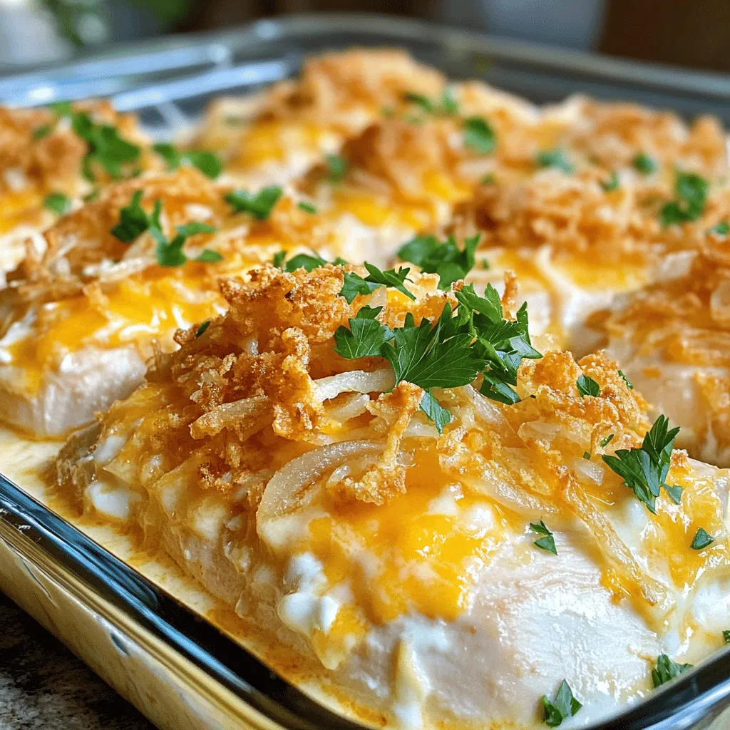 To make Million Dollar Chicken Bake, gather these items: - 4 boneless, skinless chicken breasts - 1 cup cream cheese, softened - 1 cup sour cream - 1 cup shredded cheddar cheese - ½ cup ranch dressing - ½ teaspoon garlic powder - ½ teaspoon onion powder - 1 teaspoon dried parsley - ½ teaspoon black pepper - 1 cup crispy fried onions (for topping) You can swap ingredients if needed. Here are some ideas: - Use Greek yogurt instead of sour cream for a healthier option. - Swap cream cheese with Neufchâtel cheese for fewer calories. - Try different cheese, like Monterey Jack, for a unique taste. - If you don't have ranch dressing, use a mix of mayo and herbs. Quality matters in this dish. Here are some tips: - Look for chicken breasts that are pink and firm. - Choose cream cheese that feels soft and fresh. - Check the expiration date on the sour cream and ranch dressing. - Pick sharp cheddar cheese for a stronger flavor. - Fresh herbs will always taste better than dried ones. Using fresh, high-quality ingredients will elevate your Million Dollar Chicken Bake to a new level. For the full recipe, refer to the section above. First, gather your ingredients. You will need: - 4 boneless, skinless chicken breasts - 1 cup cream cheese, softened - 1 cup sour cream - 1 cup shredded cheddar cheese - ½ cup ranch dressing - ½ teaspoon garlic powder - ½ teaspoon onion powder - 1 teaspoon dried parsley - ½ teaspoon black pepper - 1 cup crispy fried onions (for topping) Next, preheat your oven to 375°F (190°C). Grease a 9x13 inch baking dish. In a large bowl, mix the cream cheese, sour cream, ranch dressing, cheddar cheese, garlic powder, onion powder, parsley, and black pepper. Stir until smooth. This mix is the heart of the dish. Now, place the chicken breasts in the greased dish. Spread half of the cheese mixture over the chicken. Cover them well so they soak up the flavor. Bake in the oven for 25-30 minutes. Your chicken is done when it reaches 165°F (74°C). After the first bake, take out the dish. Spread the rest of the cheese mixture on top of the chicken. Sprinkle crispy fried onions over everything for extra crunch. Return the dish to the oven for another 10-15 minutes. You want the top to be golden and bubbly. Let the dish cool for about 5 minutes after baking. This helps it set. Serve it right from the baking dish for a cozy family meal. Garnish with fresh parsley for color. Pair it with a side salad or steamed vegetables. This makes the meal more balanced. For the full recipe, check the earlier section! To keep chicken juicy, choose the right cut. Boneless, skinless chicken breasts are great, but they can dry out. Marinating the chicken in ranch dressing adds flavor and moisture. Let it sit for at least 30 minutes before baking. This helps the flavors soak in. During cooking, avoid opening the oven door too much. Each time you do, heat escapes. Baking is ideal for this dish. It cooks the chicken evenly and keeps it moist. Preheat your oven to 375°F (190°C) for best results. You can also use a meat thermometer. Aim for an internal temperature of 165°F (74°C). This ensures the chicken is safe to eat. If you want a crispy top, broil the dish for a few minutes at the end. This gives a nice golden finish. One mistake is overcooking the chicken. This leads to dry meat. Always check the temperature to avoid this. Another common error is not greasing the baking dish. This can cause sticking and make serving hard. Also, don’t forget to let the dish cool for five minutes before digging in. This helps set the cheese mixture and makes serving easier. For the full recipe, check out the Million Dollar Chicken Bake. {{image_2}} To add a kick, try making a spicy version. You can mix in diced jalapeños or a splash of hot sauce into the cheese mixture. This gives each bite a nice heat. If you love spice, this change will excite your taste buds! For a low-carb option, swap the chicken breasts for cauliflower. Use the same cheese mixture to cover the cauliflower. Bake it until it is tender and golden. This makes a great vegetarian dish that still feels rich and creamy. You can also make this dish vegetarian by using chickpeas instead of chicken. Use the same cheese sauce over the chickpeas. You can add spinach or bell peppers for extra flavor and color. This way, you keep the creamy texture, but it becomes a plant-based meal. These variations keep the spirit of the Million Dollar Chicken Bake while adding new twists. Feel free to mix and match based on your taste! For more details, check out the Full Recipe. After enjoying your Million Dollar Chicken Bake, store leftovers in an airtight container. Place the cooled dish in the fridge. It can stay fresh for about 3 to 4 days. If you want to keep it longer, freezing is a better option. To reheat, preheat your oven to 350°F (175°C). Place the chicken bake in a baking dish. Cover it with foil to keep it moist. Heat for about 20-25 minutes or until hot throughout. You can also use a microwave for quick reheating. Just cover it and heat in short bursts, stirring in between. To freeze, wrap the chicken bake tightly in plastic wrap, then in foil. This helps prevent freezer burn. You can freeze it for up to 3 months. When you're ready to eat, thaw it overnight in the fridge before reheating. Enjoy your delicious meal whenever you crave it! You can serve Million Dollar Chicken Bake with many sides. I love pairing it with a fresh salad. A simple green salad adds crunch and freshness. Steamed vegetables like broccoli or green beans work great too. You can also serve it with rice or mashed potatoes for a hearty meal. These sides balance the rich flavors of the chicken bake. Yes, you can prepare Million Dollar Chicken Bake ahead of time. Just follow the recipe steps up to baking. Cover the dish and place it in the fridge. When you're ready to eat, bake it directly from the fridge. You might need to add a few extra minutes to the cooking time. This makes dinner easier on busy days. To check if the chicken is fully cooked, use a meat thermometer. The thickest part of the chicken should reach 165°F (74°C). If you don’t have a thermometer, cut into the chicken. The meat should be white with no pink inside. Juices should run clear. This ensures your chicken is safe to eat. If you don't have ranch dressing, don’t worry! You can make a quick substitute. Mix equal parts sour cream and mayonnaise. Add some herbs like dill or parsley for flavor. You can also use Italian dressing or a yogurt-based dressing. These options will keep your dish delicious and creamy. You learned about choosing great ingredients and their substitutions. We explored steps for prep, cooking, and serving. I shared tips for juicy chicken and the best cooking methods. We also looked at fun variations and important storage info. Finally, remember to avoid common mistakes to get the best meal. Use these tips to make cooking enjoyable and easy. Happy cooking!