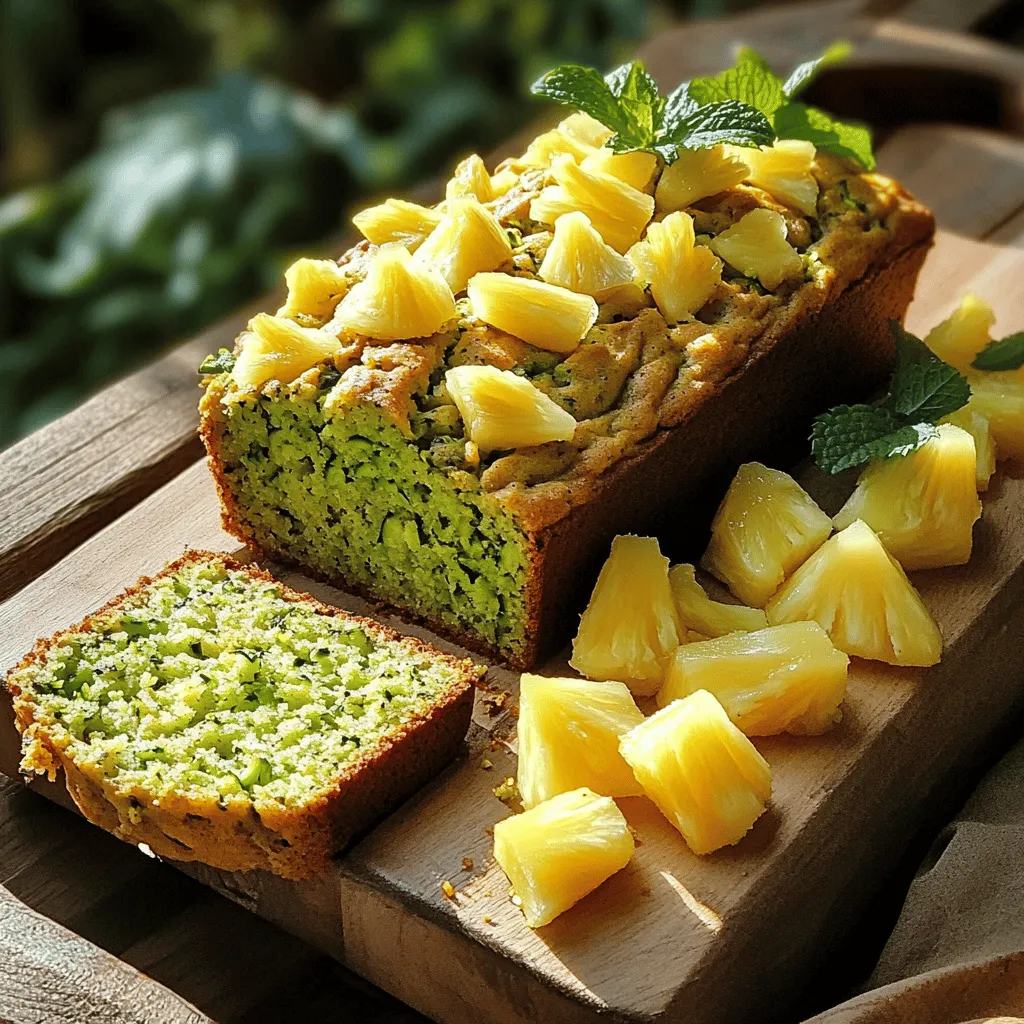 To make Moist Pineapple Zucchini Bread, gather these key ingredients: - 1 cup grated zucchini (about 1 medium zucchini) - 1 cup crushed pineapple, drained - 1/2 cup granulated sugar - 1/2 cup brown sugar, packed - 1/2 cup vegetable oil - 2 large eggs - 1 teaspoon vanilla extract - 1 1/2 cups all-purpose flour - 1 teaspoon baking soda - 1/2 teaspoon baking powder - 1/2 teaspoon salt - 1 teaspoon ground cinnamon - 1/2 teaspoon ground nutmeg - 1/2 cup chopped walnuts or pecans (optional) - 1/2 cup shredded coconut (optional, for extra moisture and flavor) Each ingredient plays a role in making the bread moist and tasty. The zucchini adds moisture and nutrition, while the pineapple brings a sweet, tangy flavor. The sugars help the bread rise and keep it soft. Oils and eggs bind everything together, giving it a rich texture. If you want to enhance your bread, consider using the optional mix-ins. Chopped nuts add crunch, while shredded coconut boosts moisture and flavor. You can also tweak the spices to match your taste. Try adding a pinch of cardamom or ginger for a different twist. Ready to bake? Follow the [Full Recipe] for steps to create this delicious loaf. 1. Preheating the oven First, set your oven to 350°F (175°C). This helps the bread cook evenly. 2. Combining wet ingredients In a large bowl, mix the grated zucchini, crushed pineapple, granulated sugar, brown sugar, vegetable oil, eggs, and vanilla extract. Stir until everything is smooth. 3. Mixing dry ingredients In a separate bowl, whisk together the all-purpose flour, baking soda, baking powder, salt, cinnamon, and nutmeg. This step ensures the leavening agents are evenly spread. 1. Pouring batter into the pan Slowly pour the mixed batter into your greased or lined loaf pan. Use a spatula to smooth the top. 2. Baking and testing for doneness Place the pan in your preheated oven. Bake for 50-60 minutes. To check if it’s done, insert a toothpick in the center. If it comes out clean, your bread is ready. For the complete recipe, look for the Full Recipe section. Enjoy the process and the delicious results! To keep your bread moist, it's key to drain the pineapple well. If you skip this step, the excess juice can make your bread soggy. Use a fine mesh strainer or cheesecloth to remove that extra liquid. Zucchini plays a big role too. Grated zucchini adds moisture naturally. It helps bind the ingredients and keeps the bread soft. Don't forget the oil! Using vegetable oil adds richness and keeps the bread tender. One big mistake is overmixing the batter. Mixing too much can lead to tough bread. Stir just until the dry ingredients blend in. Little lumps are okay, just don't see dry flour. Another mistake is not having the right oven temperature. An oven too hot can burn the outside while leaving the inside raw. Always preheat your oven to 350°F (175°C) as stated in the Full Recipe. Use an oven thermometer to check for accuracy. A good temperature makes all the difference! {{image_2}} You can make your moist pineapple zucchini bread even better with some simple changes. - Adding spices and extracts: Consider adding a pinch of allspice or ginger. These spices can give your bread a warm, cozy flavor. You can also include a dash of almond or coconut extract for a unique twist. - Incorporating different nuts: If you want a crunchy texture, try different nuts. Pecans, hazelnuts, or even macadamia nuts can add depth. Simply chop them up and mix them in. You can make this recipe a bit healthier with some easy swaps. - Using whole wheat flour: Replace half or all of the all-purpose flour with whole wheat flour. This change can add fiber and nutrients. It may make the bread a bit denser, but the flavor will still shine. - Reducing sugars: You can cut down on sugar without losing flavor. Try using only one type of sugar or cutting the total amount by a third. The pineapple adds natural sweetness, so you can use less sugar and still enjoy a delicious loaf. For the full recipe, check the detailed instructions above! To keep your moist pineapple zucchini bread fresh, store it properly. - Room temperature storage: Wrap the bread in plastic wrap or foil. This keeps it moist. Place it in a cool, dry spot. It stays good for about 3 to 4 days. - Refrigeration tips: If you live in a humid area, store it in the fridge. Wrap it well to avoid drying out. It can last up to a week in the fridge, but the texture may change slightly. Freezing your bread is a smart way to enjoy it later. - How to freeze and thaw properly: Allow the bread to cool completely. Then, slice it into pieces. Wrap each slice in plastic wrap, then place them in a freezer bag. Squeeze out the air to avoid freezer burn. It freezes well for up to 3 months. When you're ready to enjoy it, take out a slice. Let it thaw at room temperature or pop it in the microwave for a quick warm-up. Enjoy the moistness and flavor as if it was just baked! For the full recipe, check out the guide provided. How can I make the bread gluten-free? To make this bread gluten-free, you can swap regular flour for a gluten-free blend. Look for a blend that works in baking. Many of these blends include xanthan gum, which helps with texture. Always check the package for the right measurement. Can I substitute the sugar? Yes, you can use honey, maple syrup, or coconut sugar. If you choose a liquid sweetener, reduce the oil by a couple of tablespoons. This keeps the moisture right. Adjust to your taste for sweetness, as some substitutes are sweeter than granulated sugar. What can I use instead of eggs? You can use flax eggs or applesauce. For a flax egg, mix one tablespoon of ground flaxseed with three tablespoons of water. Let it sit for a few minutes until it thickens. For applesauce, use 1/4 cup to replace one egg. This keeps the bread moist and tasty. For more details, check the Full Recipe. In this post, we covered all you need for moist pineapple zucchini bread. You learned about key ingredients, step-by-step mixing, and baking tips. We discussed how to keep it moist and avoid common mistakes. You also found flavor variations and storage methods. Baking should be fun and rewarding. Enjoy experimenting with your own versions. With practice, you’ll create a delicious bread that everyone loves. Happy baking!