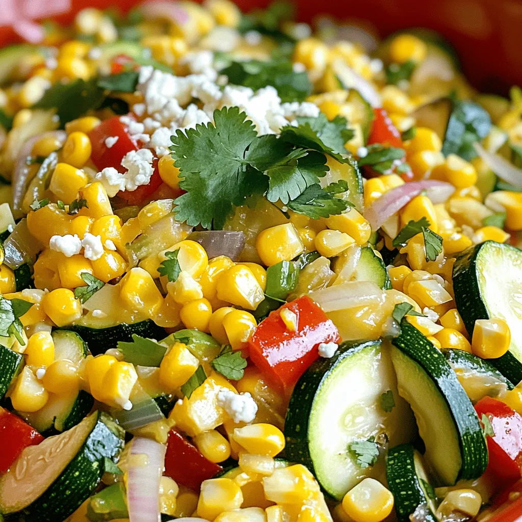 Calabacitas shines with its fresh, vibrant flavors. This dish mainly features zucchini and corn. - Zucchini: Use medium zucchinis, about three. Dice them into bite-sized pieces. They add a light, tender texture. - Corn: One cup of fresh corn kernels works best. You can also use frozen corn if fresh isn’t available. Corn brings sweetness and crunch. You can enhance calabacitas with more veggies. - Red Bell Pepper: One diced red bell pepper adds color and a slight sweetness. - Onion: A small onion, chopped, gives depth to the dish. - Garlic: Use two cloves of minced garlic for a fragrant boost. Spices bring the flavors alive. - Ground Cumin: One teaspoon adds warmth and earthiness. - Smoked Paprika: One teaspoon offers a smoky flavor that complements the veggies. - Chili Powder: Use 1/2 teaspoon for a little heat, if you like. - Olive Oil: Two tablespoons help to sauté the vegetables perfectly. - Salt and Pepper: Adjust these to taste for the best flavor. - Fresh Cilantro: A 1/4 cup of chopped cilantro adds freshness at the end. - Queso Fresco: Crumbled queso fresco is optional but adds a creamy finish. These ingredients come together to create a colorful and delicious meal. For the cooking instructions, check the Full Recipe. Prepping the Vegetables Start by washing your zucchinis and corn. Dice three medium zucchinis into small pieces. If using fresh corn, cut the kernels off the cob. You can also use frozen corn if that's what you have. Next, chop one small onion and dice one red bell pepper. Mince two cloves of garlic, and your veggies are ready to go. Cooking Order Heat two tablespoons of olive oil in a large skillet over medium heat. First, add the chopped onion. Sauté for about two to three minutes until it becomes soft. Then, stir in the minced garlic and cook for one more minute. After that, add the diced zucchini and red bell pepper. Cook these for five to seven minutes until they start to soften. Adding Seasonings Mix in one cup of corn kernels, one teaspoon of ground cumin, one teaspoon of smoked paprika, and half a teaspoon of chili powder if you want some heat. Stir everything well to combine. Season with salt and pepper to your taste. Cook for another five minutes so all the flavors blend together. You want the zucchini tender but not mushy. Garnishing Tips Once you've removed the skillet from the heat, stir in a quarter cup of chopped fresh cilantro. This adds a nice freshness to the dish. If you like cheese, sprinkle half a cup of crumbled queso fresco on top just before serving. It looks great and adds a creamy texture. Adjusting Flavor Profiles Taste your calabacitas before serving. If it needs more flavor, add a bit more salt or cumin. You can also squeeze a little lime juice for brightness. This dish is all about balancing flavors, so feel free to adjust to your liking. Enjoy your zesty calabacitas! For the full recipe, check the recipe section. - Achieving the Right Texture To get the best texture, cook the zucchini until soft but not mushy. Start with onions and garlic for flavor. Then add zucchini and bell pepper. Cook these for about 5 to 7 minutes. Stir often to prevent sticking. The goal is to have soft veggies with a slight bite. - Flavor Enhancements Use spices to boost the taste. Ground cumin and smoked paprika add warmth. If you like heat, add a bit of chili powder. Fresh cilantro at the end brightens the dish. For a creamy touch, sprinkle crumbled queso fresco on top. - Pairing Ideas Calabacitas pairs well with grilled meats. Try it with chicken, steak, or fish. It also complements rice or quinoa nicely. For a vegetarian meal, serve it with black beans. This dish works as a side or a main dish. - Best Accompaniments Serve calabacitas in a colorful bowl. Garnish with extra cilantro leaves and queso fresco. Pair it with crusty bread or warm tortillas. These add texture and flavor. For a drink, try iced tea or a light beer. For a complete guide, check out the Full Recipe. {{image_2}} Calabacitas is great because you can easily change it up! If you want to swap veggies, try these options: - Yellow squash adds a sweet touch. - Bell peppers bring crunch and color. - Spinach or kale adds green goodness. - Mushrooms can give a nice earthy flavor. Feel free to mix and match your favorites. Each choice brings a new taste! Cheese can change the whole dish. Here are some ideas: - Feta adds a tangy kick. - Cheddar gives a sharp flavor. - Monterey Jack melts beautifully. - Vegan cheese can work for a dairy-free option. Choosing the right cheese can make calabacitas even better! Calabacitas can fit many diets easily. To make it vegan, simply skip the cheese or use vegan cheese. This keeps the dish plant-based and tasty. For gluten-free, just check that your spices are gluten-free. If you want to cut calories, use less oil or swap some cheese for more veggies. You can also reduce the portion size and serve with a salad. This keeps the meal light but still flavorful. Try these swaps and adaptations to make calabacitas your own! For the full experience, check out the Full Recipe. To keep your calabacitas fresh, store leftovers in the fridge. Use an airtight container. It will last for about 3 to 4 days. Make sure it cools down before you seal it. This way, it won't trap steam, which makes it soggy. If you want to save it for longer, freezing is a great option. Place the calabacitas in a freezer-safe bag. Remove as much air as possible to prevent freezer burn. It can stay good for up to 3 months. When it's time to reheat, use a skillet for the best results. Heat it on low to medium heat. Add a splash of water or broth for moisture. Stir often to heat evenly. You can also use the microwave if you're short on time. Place it in a microwave-safe dish. Add a damp paper towel on top to keep it moist. Heat in short bursts, stirring in between. Maintain the flavor and texture by avoiding high heat. This can make the zucchini mushy. By following these tips, your calabacitas will taste just as fresh as when you first made it. For the full recipe, check out my earlier sections. What is Calabacitas? Calabacitas is a tasty dish made from zucchini and corn. It comes from Mexican cuisine. The dish often includes other veggies like bell peppers and onions. You cook it in a skillet with simple spices. It is colorful and full of flavor. I love serving it as a side or a light main dish. Can I use canned corn instead of fresh? Yes, you can use canned corn. Just drain and rinse it before adding. Fresh corn gives a crisp taste, but canned corn works well too. It's a great time-saver when you want to cook quickly. Caloric Content per Serving Each serving of calabacitas has about 150 calories. This can vary based on added ingredients. It’s a light dish that fills you up without heavy calories. Health Benefits of Zucchini and Corn Zucchini is low in calories and rich in water. It has vitamins A and C, which help your skin. Corn is a good source of fiber and energy. It also has antioxidants that support your health. Together, they make a nutritious dish that tastes great. This dish is not just good for you but also fun to eat! For the full recipe, check out the Zesty Calabacitas Delight 🥒. Calabacitas blends fresh zucchini, corn, and spices for a tasty dish. We explored how to prep ingredients and cook them to get the best flavor. Tips on garnishing and serving ideas can enhance your meal. You can swap ingredients for your dietary needs, making it versatile. Store leftovers with care and reheat properly to enjoy them again. I hope you feel ready to make your own delicious calabacitas today. Enjoy this simple, healthy dish!