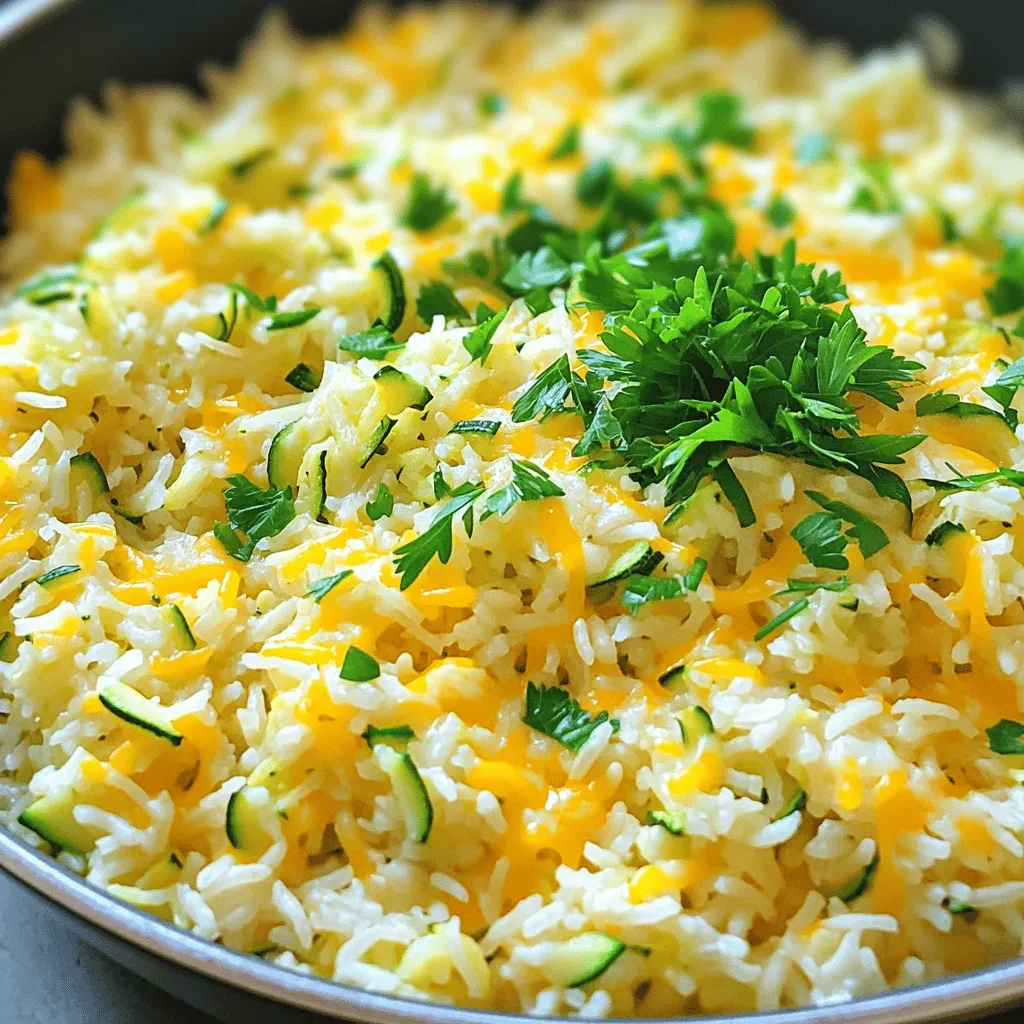 When making Cheesy Zucchini Rice, gather these simple ingredients: - 1 cup uncooked rice (white or brown) - 2 medium zucchinis, grated - 1 cup shredded cheddar cheese - 1/2 cup grated Parmesan cheese - 1 small onion, finely chopped - 3 cloves garlic, minced - 2 tablespoons olive oil - 1 cup vegetable or chicken broth - Salt and pepper to taste - Fresh parsley, chopped (for garnish) These items create a creamy, cheesy dish that is both tasty and filling. For this dish, I love using cheddar cheese. It melts well and adds a rich flavor. You can also mix in some mozzarella for extra creaminess. If you want a sharper taste, try using Gruyère or aged cheddar. Parmesan adds a nice salty kick, too. The choice of cheese can change the taste, so feel free to experiment! Fresh zucchini gives the best flavor and texture. It has a nice crunch when cooked. I recommend using fresh zucchini for this recipe. However, if you are short on time, frozen zucchini works as well. Just be sure to thaw and drain it well, as frozen zucchini can hold more water. This helps keep your dish from getting too soggy. Using the right zucchini makes your Cheesy Zucchini Rice taste even better! You can view the [Full Recipe] for more details on how to prepare this delicious dish. To start, you need to rinse the rice. Place it in a bowl and run cold water over it. Keep rinsing until the water is clear. This step removes excess starch and helps the rice cook better. After rinsing, drain the rice well. Next, gather your ingredients. You will need two medium zucchinis, one small onion, and three garlic cloves. Grate the zucchinis and finely chop the onion. Mince the garlic. This prep work makes cooking fast and easy. Now, let’s cook! Heat two tablespoons of olive oil in a large skillet over medium heat. Once the oil is hot, add the chopped onion. Sauté it for about three to four minutes until it softens. Then, stir in the minced garlic and grated zucchini. Cook for another two to three minutes. You want the zucchini to become tender. After that, add the rinsed rice to the skillet. Mix everything well. Pour in one cup of vegetable or chicken broth. Bring the mixture to a boil. Season it with salt and pepper to your taste. Once boiling, lower the heat, cover the skillet, and let it simmer. Cook for about 15 to 20 minutes, or follow the rice package instructions. The rice should absorb all the liquid and become tender. The key to perfect rice is to avoid lifting the lid while it cooks. This helps keep the steam inside. Another trick is to let the rice sit off the heat after cooking. This step allows flavors to blend better. When the rice is done, remove it from heat. Add one cup of shredded cheddar cheese and half a cup of grated Parmesan cheese. Stir until the cheese melts and combines with the rice. Taste and adjust the seasoning if needed. Let it rest for a few minutes before serving. Garnish with fresh parsley for a nice touch. For the full recipe, check out the complete details above. Enjoy your Cheesy Zucchini Rice! To make Cheesy Zucchini Rice even tastier, consider these tips: - Use fresh herbs: Fresh basil or thyme can add a nice touch. - Add spices: A pinch of paprika or cayenne gives warmth and depth. - Try different cheeses: Mixing Gouda or mozzarella with cheddar can create a unique taste. When making this dish, watch out for these common errors: - Skipping the rinsing step: Rinsing rice removes excess starch and prevents stickiness. - Overcooking zucchini: Cook it just until tender to keep some crunch. - Not seasoning enough: Salt and pepper enhance all the flavors. Don’t skip this! Having the right tools can make cooking easier: - Large skillet: A wide skillet helps with even cooking. - Rice cooker: This tool can simplify the rice cooking process. - Grater: A box grater works best for zucchini and cheese, making prep quick and easy. For the full experience, check out the Full Recipe to guide you through every step! {{image_2}} You can easily make Cheesy Zucchini Rice vegetarian by skipping the chicken broth. Use vegetable broth instead. To go vegan, swap the cheese for a plant-based option. Nutritional yeast adds a cheesy flavor without dairy. You can also use cashew cream for added creaminess. These changes keep the dish tasty and satisfying for everyone. You can customize Cheesy Zucchini Rice with various add-ins. Try adding cooked black beans or chickpeas for protein. Bell peppers, spinach, or peas will add more color and nutrition. For a spicy kick, mix in red pepper flakes or diced jalapeños. Fresh herbs like basil or thyme can lift the dish's flavors. Experiment with these options to find your favorite mix! If you want to change the grain, you have options. Quinoa or farro make great substitutes for rice. They add unique textures and flavors. Cauliflower rice can be a fun, low-carb option. Just remember to adjust cooking times as needed. Each grain brings its own taste, making the dish even more exciting. For the full recipe, check back to see how these variations fit in! To keep your cheesy zucchini rice fresh, place it in an airtight container. Make sure it cools down first. This helps keep the flavor and texture. Store it in the fridge for up to three days. If you want to enjoy it later, freezing is a great option. When you’re ready to eat, reheating is simple. You can use the microwave or the stove. For the microwave, place the rice in a bowl. Add a splash of water to keep it moist. Heat it for about 1-2 minutes, stirring halfway. On the stove, heat it in a pan over low heat. Stir often for even warming. This helps to revive the flavors and keeps it cheesy. Freezing cheesy zucchini rice is easy. Portion it into smaller containers. This way, you only thaw what you need. Make sure to label each container with the date. You can freeze it for up to three months. When you are ready to eat, thaw it in the fridge overnight. Then, reheat as mentioned above for a delicious meal. For the full recipe, check out Cheesy Zucchini Rice 🥒. Cheesy Zucchini Rice lasts about three to four days in the fridge. Make sure to store it in an airtight container. This helps keep it fresh and tasty. If you want to enjoy it later, let the rice cool before sealing it up. Yes, you can use other cheeses! Try mozzarella for a stretchier texture. Gouda adds a nice smoky flavor. You can mix different cheeses for even more taste. Just remember to adjust the amount based on how cheesy you want it. I recommend using either white or brown rice. White rice cooks faster and is soft. Brown rice is healthier but takes longer to cook. Both types work great and soak up the flavors well. For the best results, check the package instructions for cooking times. You can find the full recipe for more details. This blog post covered important parts of making Cheesy Zucchini Rice. We discussed the best ingredients, cooking steps, and tips for great taste. I shared common mistakes to avoid and tools you need. You also learned about tasty variations and how to store leftovers. In summary, enjoy experimenting with this dish to make it your own. It’s fun and easy to create delicious meals!
