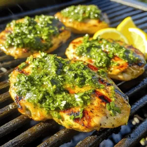You will need 4 boneless, skinless chicken breasts. This cut cooks evenly and stays juicy. Make sure they are fresh for the best taste. You can also pound them lightly to ensure even cooking. For the chimichurri sauce, gather these ingredients: - 1 cup fresh parsley, finely chopped - 1/2 cup fresh cilantro, finely chopped - 4 cloves garlic, minced - 1/2 teaspoon red pepper flakes - 1/3 cup olive oil - 3 tablespoons red wine vinegar (or lemon juice) - Salt and pepper to taste These herbs and spices create a bright, fresh flavor that pairs well with grilled chicken. The garlic adds a nice kick, while the vinegar gives it a tangy finish. For a simple garnish, use lemon wedges. They add a zesty touch when served with the chicken. You can squeeze the lemon over the chicken for extra flavor. It brightens the dish and enhances the taste of the chimichurri. For the full recipe, check out Easy Grilled Chimichurri Chicken Breast. To start, gather your ingredients for the chimichurri sauce. You will need fresh parsley, fresh cilantro, garlic, red pepper flakes, olive oil, and red wine vinegar. This sauce gives your chicken a fresh taste. 1. In a medium bowl, combine: - 1 cup fresh parsley, finely chopped - 1/2 cup fresh cilantro, finely chopped - 4 cloves garlic, minced - 1/2 teaspoon red pepper flakes - 1/3 cup olive oil - 3 tablespoons red wine vinegar (or lemon juice) - Salt and pepper to taste 2. Mix everything together well. Make sure all the herbs and spices blend. Set aside a few tablespoons for later. This sauce can also be used as a dip. Now it’s time to marinate the chicken. This step adds flavor and keeps the chicken moist. 1. Take 4 boneless, skinless chicken breasts and place them in a large zip-top bag or shallow dish. 2. Pour half of the chimichurri sauce over the chicken. 3. Seal the bag or cover the dish. 4. Marinate in the refrigerator for at least 30 minutes, or up to 4 hours for more flavor. Marinating makes a big difference. It helps the chicken soak up the tasty sauce. Grilling the chicken is the final step. This is where the magic happens. 1. Preheat your grill to medium-high heat. Clean the grates and lightly oil them. This helps prevent sticking. 2. Remove the chicken from the marinade. Let any excess drip off. 3. Place the chicken on the grill. Grill for about 6-7 minutes per side. 4. Cook until the chicken reaches an internal temperature of 165°F (75°C). Once done, remove the chicken from the grill and let it rest for 5 minutes. This helps keep it juicy. Serve the grilled chicken with the reserved chimichurri sauce drizzled on top. Enjoy your delicious meal! For the full recipe, check out [Full Recipe]. To keep chicken breasts juicy, start with the right cut. Choose boneless, skinless chicken breasts. Next, marinate them for at least 30 minutes. This helps the meat soak up flavor and moisture. Use a mixture of acid, like vinegar or lemon juice, with oil. This blend tenderizes the chicken and keeps it juicy. During grilling, avoid pressing down on the chicken. This can squeeze out important juices. Use a meat thermometer to check for doneness. Aim for 165°F (75°C) inside. Let the chicken rest after grilling. This allows juices to redistribute, making each bite tender and flavorful. Start by preheating your grill to medium-high heat. Clean the grates with a brush to remove any leftover food. Oiling the grates helps prevent sticking. You can use a paper towel dipped in oil, held with tongs. Place the marinated chicken breasts on the grill. Grill each side for about 6-7 minutes. Avoid opening the grill too often. This keeps the heat inside, helping the chicken cook evenly. If using a grill basket, it can make flipping easier and prevent sticking. If you have leftover chimichurri sauce, store it in an airtight container. It will keep in the fridge for up to one week. The flavors will deepen as it sits. You can also freeze chimichurri. Pour it into ice cube trays, freeze, then transfer to a bag. This way, you have easy portions ready for future meals. {{image_2}} You can change the herbs in chimichurri. If you want, swap parsley or cilantro with fresh oregano or basil. These herbs give a new taste while keeping the sauce fresh. Mix and match herbs to find your favorite flavor. You don’t need a grill. You can cook the chicken in the oven or on the stovetop. For the oven, preheat it to 400°F (200°C). Place the chicken on a baking sheet and bake for 20-25 minutes. Check if the chicken reaches 165°F (75°C). If on the stovetop, heat a skillet over medium-high heat. Cook for 6-7 minutes on each side. This way, you still get tasty chimichurri chicken without a grill. Serve your chimichurri chicken with tasty sides. Try it with rice, quinoa, or a fresh salad. Roasted veggies or grilled corn also pair well. You can even add a dollop of chimichurri on top of your sides for extra flavor. This makes each meal colorful and delicious. For more ideas, check out the Full Recipe. Store your grilled chimichurri chicken in an airtight container. This keeps it fresh. It will last for up to three days in the fridge. If you want to keep it safe, make sure it cools down first. You can also keep the chimichurri sauce in a separate container. Use it to add flavor when serving. You can freeze chimichurri sauce if you have leftovers. Simply pour it into an ice cube tray. Once frozen, transfer the cubes to a freezer bag. This way, you can use small portions later. The sauce can last in the freezer for up to three months. Just thaw what you need in the fridge before using. To reheat grilled chicken, use the oven for the best results. Preheat it to 350°F (175°C). Place the chicken on a baking sheet and cover it with foil. Heat for about 15 minutes or until warm. You can also use a microwave, but it may dry the chicken out. Cover it with a damp paper towel to help keep it moist. Chimichurri sauce is a fresh, green sauce from Argentina. It mixes herbs, garlic, and oil. The main herbs are parsley and cilantro. You can also add red pepper flakes for a kick. This sauce is perfect for grilled meats. It adds flavor and brightness to your dish. You should marinate the chicken for at least 30 minutes. This allows the flavors to soak in. For best results, marinate for up to 4 hours. The longer you marinate, the more flavor the chicken will have. Just remember to keep it in the fridge while it marinates. Yes, you can use chicken thighs instead of breasts. Thighs are often juicier and more flavorful. They also hold up well on the grill. If you choose thighs, make sure to adjust the cooking time. Cook them until they reach an internal temperature of 165°F (75°C). This will keep your meal safe and tasty. For the full recipe, check out the Easy Grilled Chimichurri Chicken Breast recipe. This guide has covered delicious chicken breast with chimichurri sauce. You learned to make the sauce, marinate the chicken, and grill it perfectly. I shared tips for juicy chicken and ways to store leftovers. You discovered variations like different herbs and grilling methods. Experiment with recipes and enjoy different flavors. Cooking this dish can be easy and fun. Try it out and share it with friends!