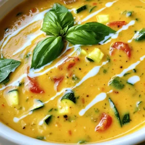 Here is the list of ingredients you will need for the Zucchini Tomato Soup: - 3 medium zucchinis, chopped - 4 medium ripe tomatoes, diced - 1 small onion, finely chopped - 2 cloves garlic, minced - 3 cups vegetable broth - 1 cup coconut milk (or heavy cream for non-vegans) - 2 tablespoons olive oil - 1 teaspoon dried basil - 1 teaspoon dried oregano - Salt and pepper to taste - Fresh basil leaves for garnish These ingredients create a bright and tasty soup. The zucchinis add a nice texture while tomatoes bring sweetness. Onions and garlic give depth. I love using fresh basil as a garnish. It makes the soup look good and taste even better. You can always adjust the seasonings to fit your taste. If you want a creamier texture, swap coconut milk for heavy cream. For a lighter option, use just vegetable broth. This recipe is simple yet packed with flavor. Check out the Full Recipe for all the details on how to put it together! - Heat the olive oil and sauté onion Start by heating the olive oil in a large pot over medium heat. Once hot, add the finely chopped onion. Sauté for about 3-4 minutes until the onion turns translucent. - Add garlic and cook until fragrant Next, add the minced garlic to the pot. Cook it for about 1 minute. You want the garlic to be fragrant but not brown. - Incorporate zucchini and tomatoes Now, stir in the chopped zucchinis and diced tomatoes. Let them cook for 5-7 minutes. Stir occasionally, so they don’t stick to the pot. You want the zucchinis to be tender. - Pour in vegetable broth and seasonings After the vegetables are tender, pour in the vegetable broth. Add the dried basil, oregano, salt, and pepper. Stir everything together. - Bring to a boil and simmer Increase the heat and bring the mixture to a boil. Once boiling, reduce the heat. Let it simmer for 15 minutes. This helps the flavors blend well. - Blend soup to desired consistency Remove the pot from heat. Use an immersion blender to puree the soup until it is smooth. If you don’t have one, carefully transfer it to a blender in batches. - Stir in coconut milk and warm through Finally, stir in the coconut milk. Return the pot to low heat and warm the soup for another 5 minutes. Taste and adjust the seasoning if needed. For more details and a full list of ingredients, check the Full Recipe. - Using fresh herbs vs dried herbs: Fresh herbs bring bright flavors. They can uplift the soup. Use them during cooking for a strong taste. Add dried herbs early in the cooking process. They need time to release their flavor. - Adding a splash of lemon juice for brightness: Lemon juice adds a zing. It cuts through the richness of the coconut milk. Just a little will brighten the whole dish. Add it right before serving for the best effect. - Experimenting with spices for added depth: Don’t be afraid to play with spices. A pinch of cumin can add warmth. Try smoked paprika for a subtle smokiness. Every twist can create a new flavor experience. - Immersion blender vs traditional blender: An immersion blender is easy to use. You can blend the soup right in the pot. It saves time and makes cleanup simple. A traditional blender can give a finer texture. Just be careful when handling hot soup. - Preparing in a slow cooker or Instant Pot: A slow cooker allows flavors to develop over time. Just add all ingredients and let it cook. The Instant Pot speeds up the process. It cooks the soup quickly, keeping flavors intact. Both methods can lead to a delicious outcome. {{image_2}} You can adjust this recipe to fit different diets. If you follow a vegan diet, use coconut milk. It's creamy and rich, perfect for this soup. For non-vegans, you can swap coconut milk for heavy cream. It adds a nice touch of richness. If you need gluten-free options, this soup is already safe. All the main ingredients are gluten-free. Just check your vegetable broth for any hidden gluten. Feel free to get creative with the vegetables. You can add carrots or bell peppers. They bring more flavor and color. Spinach or kale adds nutrition and makes the soup even better. For extra protein, consider adding beans or lentils. They make the soup heartier and more filling. Use canned beans for quick prep or cook lentils separately for more texture. For the full recipe, see above. To store your zucchini tomato soup, let it cool first. Then, pour it into an airtight container. This keeps the soup fresh and tasty in the fridge. You can store it for up to four days. When you want to enjoy it again, remember to reheat it before serving. For best results, glass containers work well. They do not stain or absorb odors. Plus, they are easy to clean. If you use plastic, choose BPA-free options. This helps keep your food safe. If you want to keep your soup longer, freezing is a great option. Allow the soup to cool completely. Then, pour it into freezer-safe bags or containers. Leave some space at the top, as soup expands when frozen. This can last for up to three months in the freezer. When you are ready to eat it, thaw it overnight in the fridge. You can also use the microwave for quick thawing. Once thawed, reheat it on the stove over low heat. Stir often to prevent sticking. Make sure it is hot all the way through before serving. Enjoy your creamy zucchini tomato bliss from the freezer! How can I thicken zucchini tomato soup? You can thicken zucchini tomato soup by adding more vegetables or using a thickener. Try adding a potato or some cooked rice. Both will blend well and add texture. You can also use cornstarch mixed with water. Stir it in slowly until the soup thickens. Can I make this soup in advance? Yes, you can make this soup in advance. In fact, the flavors deepen over time. Store it in the fridge for up to three days. Just reheat it gently before serving. You can also freeze it for up to three months. Just remember to leave some space in the container for expansion. What can I serve with zucchini tomato soup? This soup pairs well with crusty bread or a fresh salad. You can also add a grilled cheese sandwich for a classic combo. For a healthy twist, try some avocado toast on the side. Is it necessary to peel the tomatoes? No, it's not necessary to peel the tomatoes. The skin adds flavor and nutrients. If you prefer a smoother soup, you can remove the skins. Just blanch the tomatoes in boiling water for a minute, then cool and peel them. Can I use canned tomatoes instead of fresh? Yes, you can use canned tomatoes instead of fresh ones. Canned tomatoes are often ripe and sweet. They save time and still deliver great flavor. Just use a can of diced tomatoes and adjust the seasoning as needed. This blog post guides you through a tasty zucchini tomato soup. I shared a list of key ingredients, and provided easy steps for preparation and cooking. You can enhance the flavor with tips and variations for all diets. Proper storage methods keep your soup fresh. Remember, you can adjust the recipe to suit your taste. Enjoy creating this warm meal that fits your needs. Experiment, and have fun making it your own!