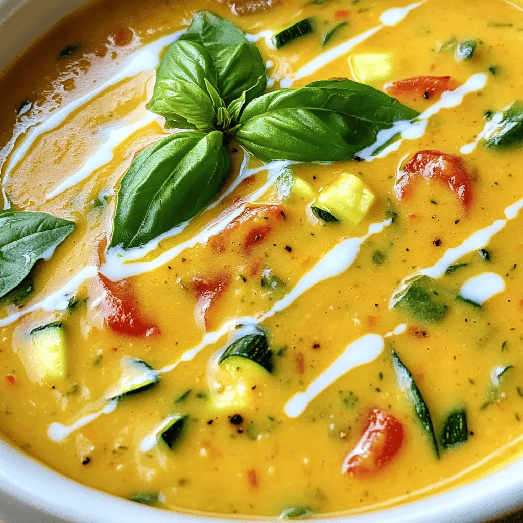 Here is the list of ingredients you will need for the Zucchini Tomato Soup: - 3 medium zucchinis, chopped - 4 medium ripe tomatoes, diced - 1 small onion, finely chopped - 2 cloves garlic, minced - 3 cups vegetable broth - 1 cup coconut milk (or heavy cream for non-vegans) - 2 tablespoons olive oil - 1 teaspoon dried basil - 1 teaspoon dried oregano - Salt and pepper to taste - Fresh basil leaves for garnish These ingredients create a bright and tasty soup. The zucchinis add a nice texture while tomatoes bring sweetness. Onions and garlic give depth. I love using fresh basil as a garnish. It makes the soup look good and taste even better. You can always adjust the seasonings to fit your taste. If you want a creamier texture, swap coconut milk for heavy cream. For a lighter option, use just vegetable broth. This recipe is simple yet packed with flavor. Check out the Full Recipe for all the details on how to put it together! - Heat the olive oil and sauté onion Start by heating the olive oil in a large pot over medium heat. Once hot, add the finely chopped onion. Sauté for about 3-4 minutes until the onion turns translucent. - Add garlic and cook until fragrant Next, add the minced garlic to the pot. Cook it for about 1 minute. You want the garlic to be fragrant but not brown. - Incorporate zucchini and tomatoes Now, stir in the chopped zucchinis and diced tomatoes. Let them cook for 5-7 minutes. Stir occasionally, so they don’t stick to the pot. You want the zucchinis to be tender. - Pour in vegetable broth and seasonings After the vegetables are tender, pour in the vegetable broth. Add the dried basil, oregano, salt, and pepper. Stir everything together. - Bring to a boil and simmer Increase the heat and bring the mixture to a boil. Once boiling, reduce the heat. Let it simmer for 15 minutes. This helps the flavors blend well. - Blend soup to desired consistency Remove the pot from heat. Use an immersion blender to puree the soup until it is smooth. If you don’t have one, carefully transfer it to a blender in batches. - Stir in coconut milk and warm through Finally, stir in the coconut milk. Return the pot to low heat and warm the soup for another 5 minutes. Taste and adjust the seasoning if needed. For more details and a full list of ingredients, check the Full Recipe. - Using fresh herbs vs dried herbs: Fresh herbs bring bright flavors. They can uplift the soup. Use them during cooking for a strong taste. Add dried herbs early in the cooking process. They need time to release their flavor. - Adding a splash of lemon juice for brightness: Lemon juice adds a zing. It cuts through the richness of the coconut milk. Just a little will brighten the whole dish. Add it right before serving for the best effect. - Experimenting with spices for added depth: Don’t be afraid to play with spices. A pinch of cumin can add warmth. Try smoked paprika for a subtle smokiness. Every twist can create a new flavor experience. - Immersion blender vs traditional blender: An immersion blender is easy to use. You can blend the soup right in the pot. It saves time and makes cleanup simple. A traditional blender can give a finer texture. Just be careful when handling hot soup. - Preparing in a slow cooker or Instant Pot: A slow cooker allows flavors to develop over time. Just add all ingredients and let it cook. The Instant Pot speeds up the process. It cooks the soup quickly, keeping flavors intact. Both methods can lead to a delicious outcome. {{image_2}} You can adjust this recipe to fit different diets. If you follow a vegan diet, use coconut milk. It's creamy and rich, perfect for this soup. For non-vegans, you can swap coconut milk for heavy cream. It adds a nice touch of richness. If you need gluten-free options, this soup is already safe. All the main ingredients are gluten-free. Just check your vegetable broth for any hidden gluten. Feel free to get creative with the vegetables. You can add carrots or bell peppers. They bring more flavor and color. Spinach or kale adds nutrition and makes the soup even better. For extra protein, consider adding beans or lentils. They make the soup heartier and more filling. Use canned beans for quick prep or cook lentils separately for more texture. For the full recipe, see above. To store your zucchini tomato soup, let it cool first. Then, pour it into an airtight container. This keeps the soup fresh and tasty in the fridge. You can store it for up to four days. When you want to enjoy it again, remember to reheat it before serving. For best results, glass containers work well. They do not stain or absorb odors. Plus, they are easy to clean. If you use plastic, choose BPA-free options. This helps keep your food safe. If you want to keep your soup longer, freezing is a great option. Allow the soup to cool completely. Then, pour it into freezer-safe bags or containers. Leave some space at the top, as soup expands when frozen. This can last for up to three months in the freezer. When you are ready to eat it, thaw it overnight in the fridge. You can also use the microwave for quick thawing. Once thawed, reheat it on the stove over low heat. Stir often to prevent sticking. Make sure it is hot all the way through before serving. Enjoy your creamy zucchini tomato bliss from the freezer! How can I thicken zucchini tomato soup? You can thicken zucchini tomato soup by adding more vegetables or using a thickener. Try adding a potato or some cooked rice. Both will blend well and add texture. You can also use cornstarch mixed with water. Stir it in slowly until the soup thickens. Can I make this soup in advance? Yes, you can make this soup in advance. In fact, the flavors deepen over time. Store it in the fridge for up to three days. Just reheat it gently before serving. You can also freeze it for up to three months. Just remember to leave some space in the container for expansion. What can I serve with zucchini tomato soup? This soup pairs well with crusty bread or a fresh salad. You can also add a grilled cheese sandwich for a classic combo. For a healthy twist, try some avocado toast on the side. Is it necessary to peel the tomatoes? No, it's not necessary to peel the tomatoes. The skin adds flavor and nutrients. If you prefer a smoother soup, you can remove the skins. Just blanch the tomatoes in boiling water for a minute, then cool and peel them. Can I use canned tomatoes instead of fresh? Yes, you can use canned tomatoes instead of fresh ones. Canned tomatoes are often ripe and sweet. They save time and still deliver great flavor. Just use a can of diced tomatoes and adjust the seasoning as needed. This blog post guides you through a tasty zucchini tomato soup. I shared a list of key ingredients, and provided easy steps for preparation and cooking. You can enhance the flavor with tips and variations for all diets. Proper storage methods keep your soup fresh. Remember, you can adjust the recipe to suit your taste. Enjoy creating this warm meal that fits your needs. Experiment, and have fun making it your own!