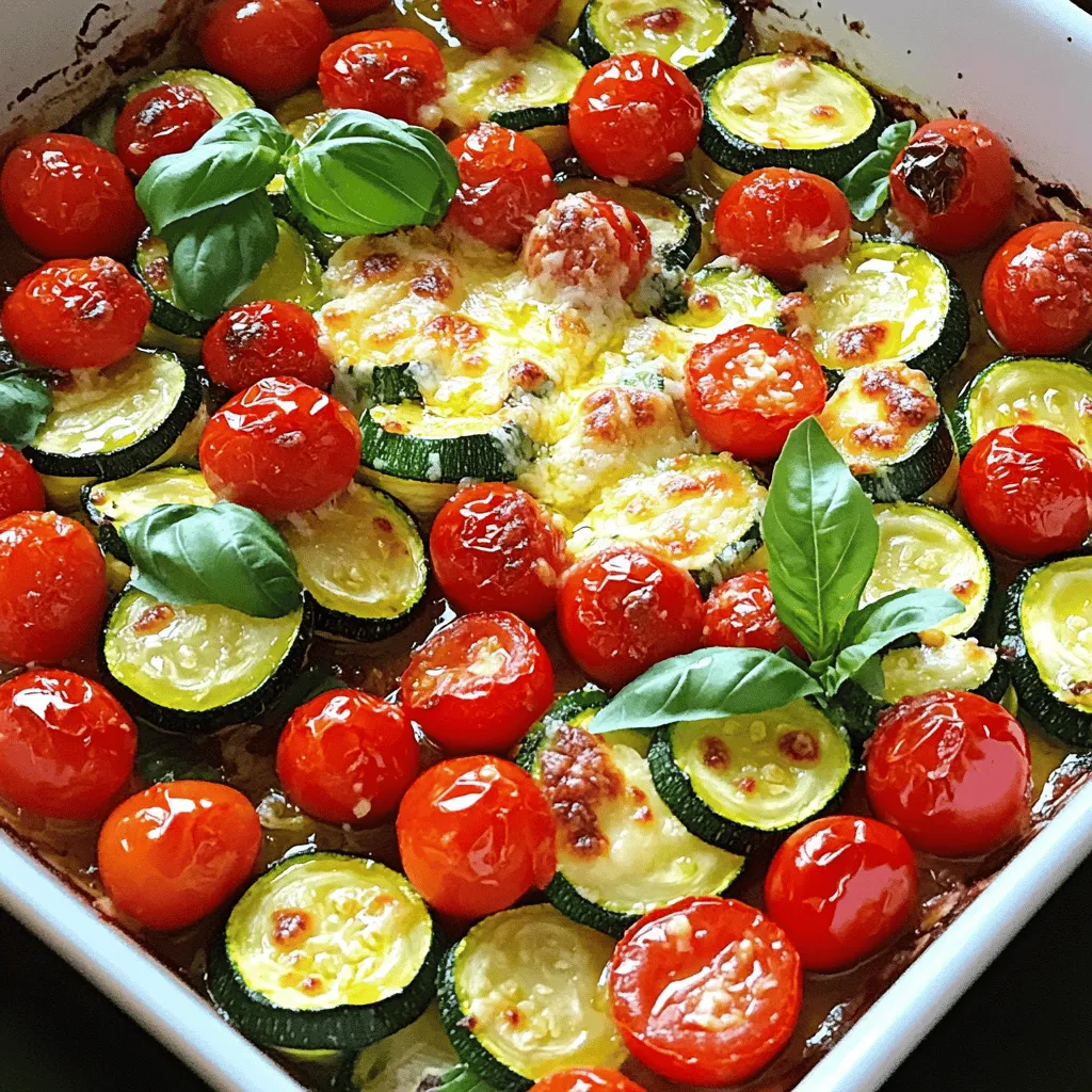 - 2 medium zucchinis, sliced into half-moons - 1 cup cherry tomatoes, halved - 1/2 cup grated Parmesan cheese - 3 tablespoons olive oil - 2 cloves garlic, minced - 1 teaspoon dried oregano - 1/2 teaspoon salt - 1/4 teaspoon black pepper - Fresh basil leaves for garnish When I make Roasted Parmesan Zucchini and Tomatoes, I pick fresh veggies. The zucchinis should feel firm and look shiny. The skins should be bright green. I aim for medium-sized zucchinis. They hold up well when cooked. For cherry tomatoes, I look for bright colors and smooth skins. I squeeze them gently to check for firmness. Ripe tomatoes have a sweet taste. You want that burst of flavor in every bite! - Choosing ripe zucchinis: Look for a vibrant green color and a firm texture. - Picking the best cherry tomatoes: Choose ones that are bright, plump, and free of blemishes. - Cheese alternatives: You can use grated mozzarella or a dairy-free cheese. - Olive oil options: Avocado oil or melted butter can work in place of olive oil. Using good ingredients makes this dish shine. The flavor of fresh veggies makes each bite special. If you want to switch things up, feel free to get creative with your choices! Check out the Full Recipe for more details. First, preheat your oven to 400°F (200°C). This step is key to getting that nice, roasted flavor. While the oven heats, line a baking sheet with parchment paper. This makes cleanup easy later. Now, grab a large mixing bowl. Add the sliced zucchinis and halved cherry tomatoes. Next, drizzle three tablespoons of olive oil over the veggies. This helps them roast well. Add two minced garlic cloves, one teaspoon of dried oregano, half a teaspoon of salt, and a quarter teaspoon of black pepper. Toss everything together until the vegetables are well coated. Spread the vegetable mixture evenly on the prepared baking sheet. Make sure they sit in a single layer for even cooking. Now, sprinkle half a cup of grated Parmesan cheese over the top. This will add a rich flavor that you will love. Place the baking sheet in the preheated oven. Roast for 20 to 25 minutes. You want the zucchini to be tender and the cheese to turn a golden brown. Keep an eye on it toward the end. Once the time is up, remove the baking sheet from the oven. Let the dish cool for a couple of minutes. This helps to avoid burns. Now, transfer the roasted vegetables to a serving dish. Garnish with fresh basil leaves for a pop of color and flavor. You can serve this dish as a side or even as a light main. It's perfect on its own or over grains. For the full recipe, check out the earlier section. Enjoy your meal! To get the best texture when roasting vegetables, follow these tips: - Cut zucchini into even half-moons. This ensures they cook evenly. - Spread the vegetables in a single layer on the baking sheet. This helps them roast instead of steam. - Keep an eye on the roasting time. Aim for 20-25 minutes at 400°F (200°C). For golden-brown cheese, sprinkle Parmesan evenly over the veggies. Using shredded cheese instead of grated can create nice, crispy bits. To boost the flavor, consider adding herbs and spices. Fresh thyme, rosemary, or parsley can add depth. You can even try a pinch of red pepper flakes for heat. Using infused oils can elevate the dish, too. Garlic-infused olive oil or herb-infused oil can add extra taste without much effort. Avoid overcooking your vegetables. They should be tender but still firm. If they turn mushy, it’s time to adjust the roasting time. Not using enough seasoning can make your dish bland. Don’t shy away from salt and pepper. You can always add more herbs to enhance the taste. For the full recipe, check out the detailed instructions to make Roasted Parmesan Zucchini and Tomatoes. {{image_2}} You can easily change this dish with more veggies. Try adding bell peppers, mushrooms, or red onions. These will give your dish more color and flavor. If you want to make it a full meal, add protein. Grilled chicken, shrimp, or beans work great. These options add nutrition and make it heartier. While Parmesan is a star here, you can swap it out. Feta cheese adds a tangy twist. Mozzarella gives a milder, creamy taste. For those who prefer dairy-free, many vegan cheeses can work too. Look for brands that melt well to keep the texture nice. You can serve this dish in many ways. Try it over pasta or rice for a filling meal. This adds a nice base and makes it more filling. You can also toss it into salads. Just mix the roasted veggies into fresh greens for a colorful, tasty dish. For the full recipe, visit the detailed instructions above. To keep your roasted Parmesan zucchini and tomatoes fresh, follow these steps. First, let the dish cool down to room temperature. Then, place it in an airtight container. Store it in the fridge. This will keep the flavors intact. You can enjoy it for up to three days. When reheating, use the oven or a microwave. To reheat in the oven, set it to 350°F (175°C). Place the dish in for about 10 minutes. This warms it evenly and keeps the cheese nice and crispy. If you use a microwave, heat it in short bursts. Stir in between to prevent hot spots. Freezing is a great way to save leftovers for later. To freeze, place the cooled roasted vegetables in a freezer-safe bag or container. Make sure to remove as much air as possible. This helps prevent freezer burn. You can store them for up to two months. When you're ready to enjoy, thaw the vegetables in the fridge overnight. After thawing, reheat them in the oven. This will help restore their texture and flavor. In the fridge, roasted Parmesan zucchini and tomatoes last about three days. You should eat it within this time for the best taste. Look for signs of spoilage. If the zucchini becomes slimy or the tomatoes smell off, it’s best to toss it. Always trust your senses when it comes to food safety. To make Roasted Parmesan Zucchini and Tomatoes, follow these steps: 1. Preheat your oven to 400°F (200°C) and line a baking sheet with parchment paper. 2. In a bowl, mix 2 sliced zucchinis and 1 cup of halved cherry tomatoes. 3. Drizzle 3 tablespoons of olive oil over the mix. 4. Add 2 minced garlic cloves, 1 teaspoon of dried oregano, 1/2 teaspoon of salt, and 1/4 teaspoon of black pepper. Toss to coat. 5. Spread the mixture on the baking sheet in a single layer. 6. Sprinkle 1/2 cup of grated Parmesan cheese on top. 7. Roast for 20-25 minutes until the zucchini is tender and the cheese is golden. 8. Let it cool for a few minutes, then garnish with fresh basil leaves. You can find the Full Recipe for more details. Yes, you can make this recipe ahead of time. Here are some best practices: - Prepare the zucchini and tomatoes a day before. Store them in an airtight container in the fridge. - Toss the vegetables with oil and seasonings just before roasting. This keeps them fresh. - You can roast them up to 30 minutes before serving. Let them cool, then reheat in the oven at 350°F (175°C) for about 10 minutes. This dish pairs well with many options. Here are some ideas: - Serve it alongside grilled chicken or fish for a balanced meal. - It complements pasta dishes nicely, adding a fresh touch. - Pair it with quinoa or rice for a hearty vegetarian option. Feel free to experiment with your favorite proteins and grains! This blog post covered a tasty recipe for roasted zucchini and tomatoes. You learned about fresh ingredients, easy substitutions, and cooking tips for the best results. We also discussed variations to suit your taste and storage methods for leftovers. Remember, with simple steps, you can create a delicious dish that impresses everyone. Enjoy trying this recipe and make it your own! Happy cooking!