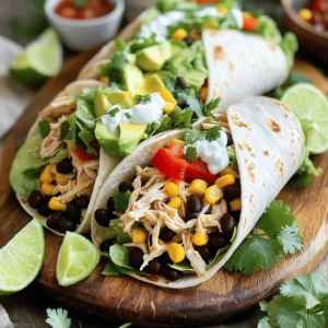 - Cooked chicken - Flour tortillas - Black beans - Corn - Red bell pepper - Avocado - Shredded lettuce - Fresh cilantro - Greek yogurt - Lime juice - Chili powder - Salt and pepper The main ingredients make these wraps hearty and full of flavor. I love using cooked chicken because it saves time. You can use any leftover chicken you have. Flour tortillas are my choice, but corn tortillas work too. Black beans add protein and fiber. Corn gives a nice crunch. The red bell pepper brings color and sweetness. Slicing an avocado adds creaminess. Fresh shredded lettuce gives a crisp bite. I always sprinkle fresh cilantro for that bright taste. Greek yogurt serves as a healthy sauce that adds tang. Lime juice brightens everything up and adds zest. Chili powder gives it a warm kick. Don’t forget to season with salt and pepper! - Additional vegetables - Different types of cheese - Various sauces You can make these wraps even better with optional add-ins. Add more veggies like spinach or tomatoes for extra nutrients. Different types of cheese can enhance the taste. Try cheddar or feta for a twist. You can also drizzle your favorite sauce, like hot sauce or ranch, for added flavor. - Salsas and dips - Garnishes like lime wedges Serve your wraps with salsas and dips for a complete meal. I love a fresh tomato salsa or guacamole on the side. They add another layer of flavor. Garnishes like lime wedges not only look good but also let you add more zest when you bite into the wrap. Try these serving ideas to impress your family or friends! For the full recipe, check out the section above. Enjoy making your hearty chicken tortilla wraps! In a large bowl, combine the ingredients. Add the shredded chicken, black beans, corn, and diced red bell pepper. Pour in the lime juice and sprinkle chili powder, salt, and pepper. Mix everything well. Seasoning makes the flavors pop. You want every bite to taste great! To warm your tortillas, heat a dry skillet over medium heat. Place one tortilla in the pan for about 30 seconds, then flip it. This helps make the tortilla soft and easy to wrap. You can use a non-stick pan or a cast-iron skillet. Either works well for this step. Lay your warm tortilla flat on a plate. Spoon the chicken mixture into the center, then add avocado slices and a handful of shredded lettuce. Make sure to balance the filling! Too much filling can make it hard to wrap. You want a good mix of flavors and textures. To wrap it up, fold the sides of the tortilla inward. Then roll it up from the bottom. This keeps the filling inside. For a nice touch, drizzle Greek yogurt over the filling and top with fresh cilantro. Slice the wraps in half and serve them on a platter. Presentation matters! Serve the wraps with salsa or guacamole and garnish with lime wedges. This adds color and freshness to your meal. Enjoy your zesty chicken tortilla wraps! For the full recipe, check out the earlier section. To keep your ingredients fresh, store them separately. Use airtight containers. This prevents wilting and sogginess. Wraps taste best when you use fresh fixings. To avoid sogginess, don't add wet ingredients directly. Instead, use spreads like Greek yogurt. Place veggies and proteins on top. This keeps your wrap intact and tasty. For meal prep, cook chicken and chop veggies in advance. You can store them in the fridge for easy use. This cuts down your prep time on busy days. Quick substitutions for the chicken include canned tuna or beans. You can also use leftover meats. This makes it easy to whip up a meal in no time. Involve kids in preparation by letting them choose toppings. They can also help mix ingredients. This makes cooking fun and engaging for them. To adapt flavors for younger plates, use milder spices. Skip the chili powder or use just a pinch. You can also add cheese or swap in their favorite veggies. {{image_2}} You can easily swap chicken for plant-based proteins like tofu or tempeh. This change keeps the wraps tasty and satisfying. You can also add more vegetables to boost flavor and nutrition. Think about using zucchini, carrots, or bell peppers. Fresh herbs like basil or dill can add a nice touch too. If you love heat, add jalapeños or spicy sauces to your wraps. You can choose how spicy you want it. For a mild kick, use just a few slices of jalapeño. For more heat, try a spicy sauce or hot pepper flakes. Always taste as you go to find your perfect level of spice. Explore different cultural twists on your wraps. You can use sauces and toppings from various cuisines. Try adding tzatziki for a Greek touch or sriracha for a Thai kick. You could even use curry sauce for an Indian vibe. The possibilities are as broad as your taste buds! For more ideas, check the Full Recipe and get inspired to create your unique wraps. To keep your chicken tortilla wraps fresh, refrigerate them within two hours of making. Place them in an airtight container. This helps keep moisture in and prevents them from getting dry. Use containers that stack easily in your fridge. Glass or BPA-free plastic containers work best. If you want to save wraps for later, freezing is a great option. Wrap each tortilla tightly in plastic wrap. Then, place them in a freezer-safe bag. This keeps them safe from freezer burn. When you’re ready to eat, thaw the wraps in the fridge overnight. For quick heating, microwave them for about one minute or until warm. Understanding how long your ingredients last helps you stay safe and delicious. Cooked chicken lasts about three to four days in the fridge. Fresh veggies should be used within a week for the best taste. Always check for best before dates on canned goods. Using fresh ingredients will ensure your wraps are always tasty. Yes, you can make Chicken Tortilla Wraps ahead of time. To do this, prepare the filling and store it in the fridge. Keep your tortillas separate until you’re ready to eat. This way, the tortillas stay fresh and don’t get soggy. When you are ready, warm the tortillas in a skillet. Then, assemble the wraps just before serving. This keeps everything tasty and crisp. If you want alternatives to flour tortillas, there are great options. Try corn tortillas for a gluten-free choice. Whole wheat tortillas add more fiber. You can also use lettuce leaves for a low-carb wrap. For a fun twist, try using pita bread or even crepes. Each option gives a unique taste and texture to your wraps. To make your wraps healthier, focus on fresh ingredients. Use whole wheat tortillas instead of regular ones. Add more veggies like spinach or cucumbers for crunch. Swap regular yogurt for low-fat Greek yogurt. You can also reduce cheese or use lower-fat versions. By making these small changes, you can enjoy a tasty wrap that’s also good for you. To store Tortilla Wraps, wrap them tightly in plastic wrap or foil. This helps keep them fresh. Place the wraps in an airtight container in the fridge. They last about 2 to 3 days. If you want to keep them longer, freeze the wraps. Just be sure to separate each wrap with parchment paper. This makes it easy to thaw them later. You can make delicious chicken tortilla wraps with simple ingredients. Start with cooked chicken, fresh veggies, and tasty toppings. Don’t forget to season well for flavor. Use warm tortillas for the perfect texture. Try different variations, like vegetarian or spicy options. Get creative with storage and meal prep. The wraps can be fun for kids too, letting them join in. Enjoy experimenting to find what you like best!