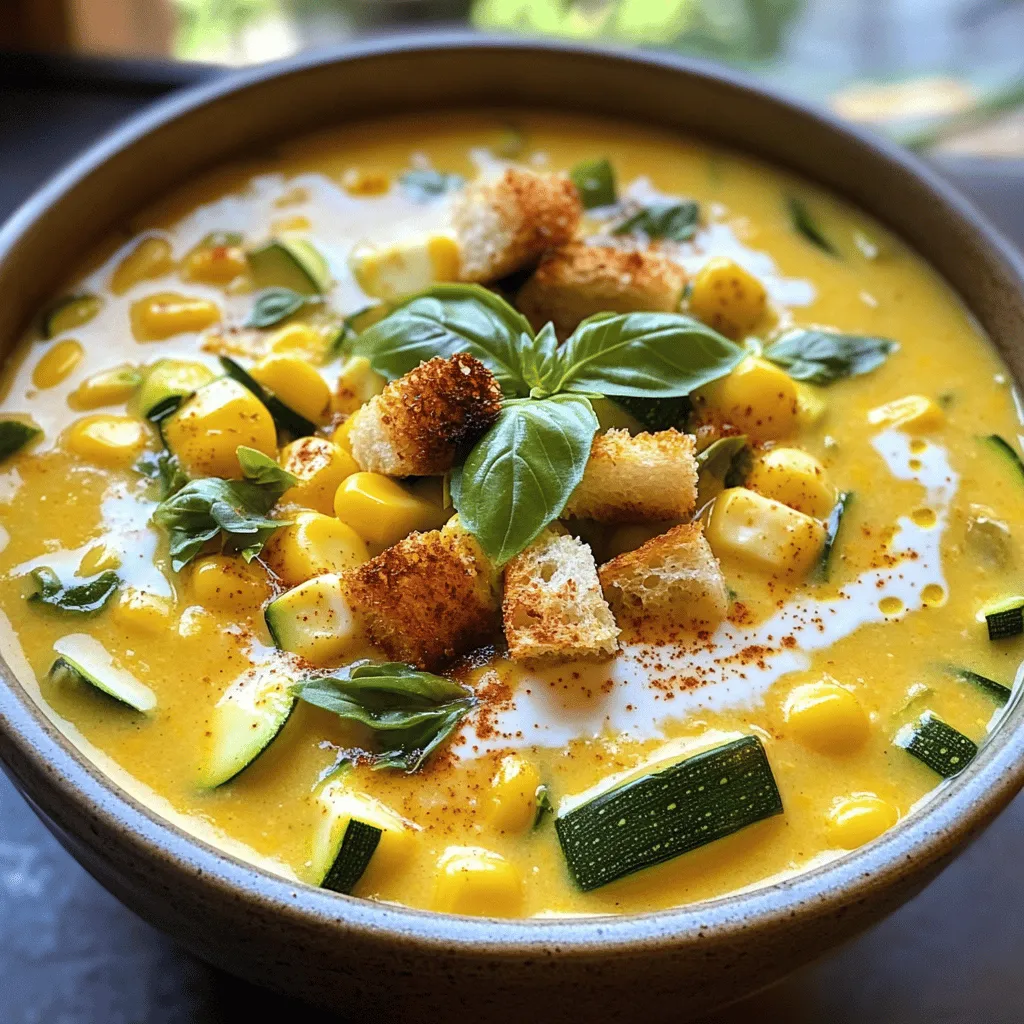 - 4 ears of fresh corn, kernels removed - 2 medium zucchinis, diced - 1 medium onion, chopped - 2 cloves garlic, minced - 4 cups vegetable broth - 1 cup heavy cream or coconut milk - 2 tablespoons olive oil - 1 teaspoon smoked paprika - Salt and black pepper to taste - 1 tablespoon fresh thyme, chopped (or 1 teaspoon dried thyme) - ¼ cup fresh basil, chopped (for garnish) - Optional: croutons for topping You can easily adjust the amounts to fit your needs. Here’s a guide: - Fresh Corn: Use about 2 cups of frozen corn if fresh isn't available. - Zucchini: If you prefer, yellow squash can work well too. - Broth: Swap vegetable broth for chicken broth for added depth. - Cream Options: Use coconut milk for a dairy-free option. - Herbs: Fresh herbs give the best taste, but dried herbs can substitute in a pinch. This chowder is quite flexible. Play around with these options based on what you have! For the full recipe, check out the complete instructions. Start by making a flavor base. In a large pot, heat olive oil over medium heat. Add the chopped onion and minced garlic. Sauté until the onion turns translucent, about 5 minutes. This step builds a tasty foundation for your chowder. Next, it’s time to add the star ingredients. Stir in the fresh corn kernels and diced zucchini. Cook for another 5 minutes. This softens the veggies while keeping their crunch. Now, let’s create that creamy texture. If you have an immersion blender, use it to blend part of the chowder. This process gives you a mix of smooth and chunky textures. If you don’t have one, carefully pour a portion into a regular blender. Blend it, then return it to the pot. This method also works well. For the finishing touches, stir in the heavy cream or coconut milk. Add the smoked paprika, thyme, salt, and pepper. Heat the chowder for another 5 minutes. Taste and adjust the seasonings to match your preference. This savory summer corn and zucchini chowder will warm your heart and excite your taste buds. You can find more details in the Full Recipe. To make the best chowder, start with fresh corn and zucchinis. Look for corn with bright green husks and firm, plump kernels. The zucchinis should be smooth and shiny, with no soft spots. Always choose smaller zucchinis for a sweeter taste. For cooking, keep the timing in mind. Sauté the onions and garlic for about five minutes. This builds a good base flavor. Add corn and zucchini next, cooking for another five minutes. This helps them soften just right. Cook the chowder for ten to fifteen minutes after adding broth. This makes the zucchini tender without losing their crunch. Adding spices can really boost your chowder’s flavor. Consider using cayenne for heat, or cumin for warmth. Fresh herbs like parsley or dill can also brighten the dish. If you want a smoky taste, try adding smoked paprika or chipotle powder. To deepen the flavor, think about adding a splash of white wine before you add the broth. This small step can add layers of taste. You can also stir in a squeeze of fresh lemon juice just before serving. This adds brightness and freshness. Pair your chowder with simple sides. A fresh green salad or crusty bread works great. You can also serve it with grilled cheese for a cozy meal. For garnishes, fresh basil is perfect. It adds color and a burst of flavor. Croutons can add a nice crunch too. Just sprinkle them on top right before serving. {{image_2}} For a vegan or dairy-free version of this chowder, swap heavy cream for coconut milk. This change keeps the chowder creamy while adding a hint of sweetness. You can also use vegetable broth instead of chicken broth for a lighter base. If you want to change the veggies, try adding diced potatoes or carrots. You could even throw in some bell peppers for a pop of color and flavor. These swaps make the dish fun and exciting. You can add proteins like cooked chicken or shrimp to make this chowder heartier. Simply stir them in during the last few minutes of cooking. This addition makes the chowder more filling and nutritious. Also, feel free to experiment with different broth types. Using a spicy broth can add a nice kick to the chowder. If you prefer a smokier flavor, try using a broth infused with smoked spices. This can elevate the dish to new levels. For the full recipe, check the main article on Summer Corn and Zucchini Chowder. To store leftover chowder, let it cool first. Then, place it in an airtight container. It can stay fresh in the fridge for up to three days. When you want to reheat, pour the chowder into a pot over low heat. Stir often to avoid burning. You can also use the microwave, but heat it in short bursts. Stir in between until it reaches a warm temperature. You can freeze the chowder for future meals. To do this, let it cool completely. Pour it into freezer-safe bags or containers. Remove as much air as possible before sealing. It can last up to three months in the freezer. When you want to eat frozen chowder, thaw it overnight in the fridge. For quick thawing, place the bag in cold water. After thawing, reheat the chowder in a pot or microwave. Stir well and heat until hot. Enjoy your creamy delight anytime! For the full recipe, see the earlier section. How long does Summer Corn and Zucchini Chowder last in the fridge? Summer Corn and Zucchini Chowder can last for about 3 to 4 days in the fridge. Store it in an airtight container to keep it fresh. Make sure to let it cool down before you put it away. Can I make Summer Corn and Zucchini Chowder ahead of time? Yes, you can make this chowder ahead of time. It tastes even better the next day as the flavors blend well. Just follow the full recipe and store it in the fridge. Reheat it gently on the stove when you are ready to serve. What can I serve alongside this chowder? This chowder pairs well with crusty bread or a light salad. You could also serve it with grilled cheese for a comforting meal. A simple green salad adds a nice crunch and freshness. How spicy is the chowder, and can I adjust it? The chowder is mild in spice. The smoked paprika adds warmth without heat. If you like it spicier, you can add a pinch of cayenne or red pepper flakes. Adjust to your taste, and enjoy your perfect bowl! In this blog post, we explored the key ingredients, preparation steps, and tips for your Summer Corn and Zucchini Chowder. You learned about selecting fresh produce, achieving creamy textures, and customizing flavors to fit your taste. I shared storage methods to keep leftovers fresh and answered common questions. Embrace the joy of cooking this chowder. With practice, you’ll master it. Enjoy each bowl as a warm reminder of summer!