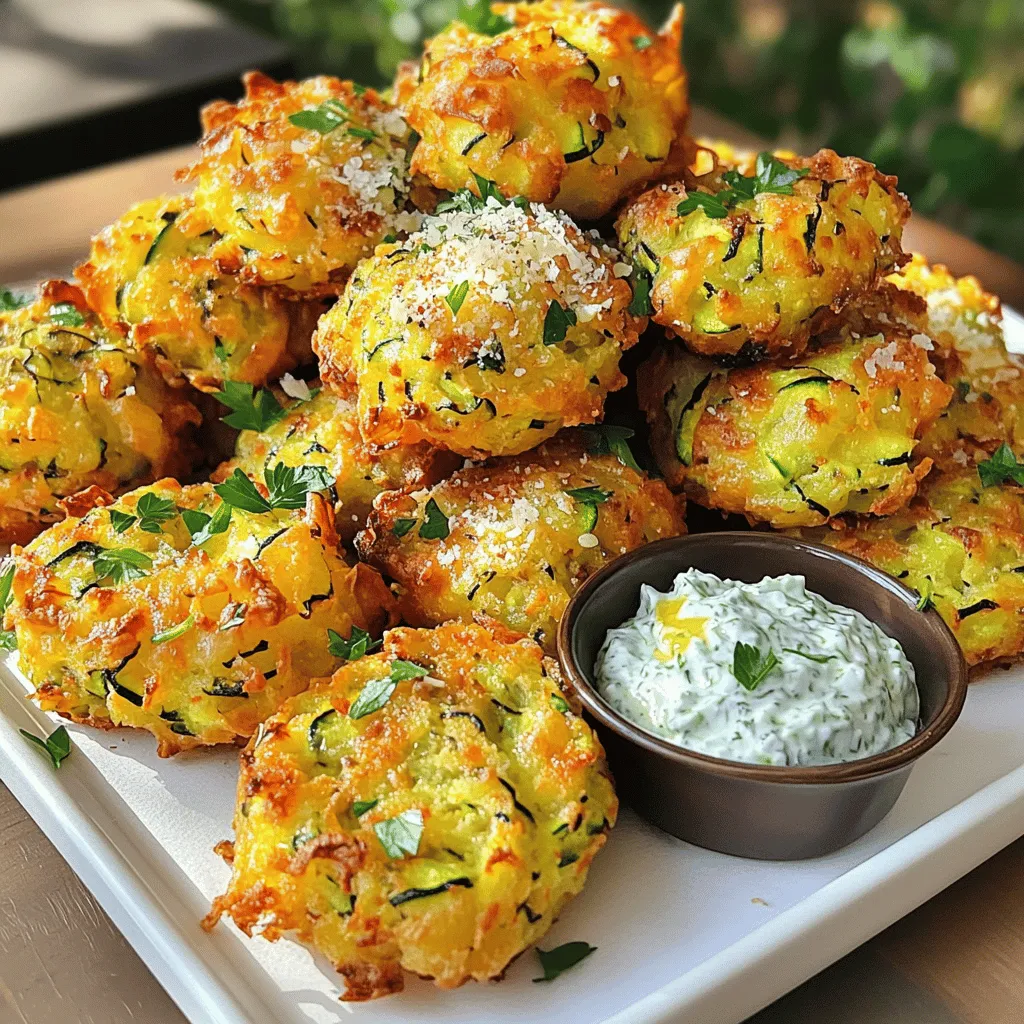 To make easy zucchini puffs, gather these ingredients: - 2 medium zucchinis, grated - 1 cup all-purpose flour - ½ cup grated Parmesan cheese - 2 large eggs - 1 teaspoon garlic powder - 1 teaspoon onion powder - ½ teaspoon baking powder - Salt and pepper to taste - ¼ cup chopped fresh herbs (such as parsley or basil) - Olive oil for frying Each ingredient plays a key role. The zucchini brings moisture and flavor. The eggs and flour bind everything together. The cheese adds a nice creaminess, while the herbs give a fresh touch. When picking zucchini, look for firm and shiny ones. Choose zucchinis that are medium-sized. Avoid ones with soft spots or blemishes. Fresh zucchini should feel heavy for its size. You can store it in the fridge for up to a week. If you want to add more flavor, consider these options: - Red pepper flakes for heat - Feta cheese for a tangy taste - Chopped sun-dried tomatoes for sweetness - Lemon zest for brightness These ingredients can transform your zucchini puffs into a unique dish. Mix and match based on your taste! For the full recipe, check out the detailed instructions in the article. To make Easy Zucchini Puffs, start with fresh zucchinis. Grate two medium zucchinis using a box grater. This step helps them cook evenly. After grating, place the zucchini in a clean kitchen towel. Gather the corners of the towel and squeeze out excess moisture. Removing this water is key for crispy puffs. In a large mixing bowl, combine the dried zucchini, one cup of all-purpose flour, and half a cup of grated Parmesan cheese. Add two large eggs, one teaspoon of garlic powder, one teaspoon of onion powder, and half a teaspoon of baking powder. Season with salt and pepper to taste. Mix all these ingredients well until you create a thick batter. Next, fold in a quarter cup of chopped fresh herbs, like parsley or basil. These herbs add great flavor and freshness to your puffs. Now, heat a large skillet over medium heat. Add a thin layer of olive oil to the pan. Once the oil is hot, drop spoonfuls of the zucchini mixture into the skillet. Make sure to flatten them slightly with the back of a spoon. Cook the puffs for about three to four minutes on each side. Look for a golden brown and crispy finish. As you cook, repeat with the remaining mixture, adding more oil as needed. Finally, transfer the cooked puffs to a paper towel-lined plate to soak up any excess oil. For crispy Easy Zucchini Puffs, moisture control is crucial. Grating zucchinis is just the first step. Squeezing out the excess moisture helps the puffs crisp up nicely when frying. If they are too wet, the puffs will turn out soggy. Using the right heat is also important. Medium heat allows the puffs to cook through without burning. If the oil is too hot, the outside will brown too quickly. Be patient, and let them cook until golden. Finally, ensure even cooking by flattening the mixture in the skillet. This helps create a nice, uniform texture. Flip them carefully to maintain their shape. To prepare easily, gather all your ingredients before you start. This makes the cooking process smoother. Set a timer for about 15 minutes for prep. Grating zucchinis and mixing the batter shouldn't take long. While cooking the puffs, use the time to clean up. Wipe down counters and wash mixing bowls. This keeps your kitchen tidy and makes it easier to enjoy your meal. By managing your time well, you can have delicious Zucchini Puffs ready in just 30 minutes. For the full recipe, check back to ensure you have all the steps covered. To make crispy zucchini puffs, you need to remove excess water. After grating the zucchinis, place them in a clean kitchen towel. Squeeze tightly to get rid of moisture. This step is key. A drier mixture leads to a crispier puff. Also, use enough oil in your skillet. A thin layer helps fry them evenly. Don't overcrowd the pan; this can lower the oil temperature. Cook in batches for the best results. Grating zucchinis can be simple with a few tips. First, use a box grater for fast results. Choose medium-sized zucchinis for easy handling. Grate them right before cooking for freshness. If you notice too much moisture, squeeze it out as mentioned. This helps keep the puffs from getting soggy. Finally, use a large bowl to mix everything. It makes combining ingredients much easier. A few mistakes can ruin your zucchini puffs. First, don’t skip squeezing out the moisture. Skipping this makes puffs soggy. Second, avoid using too much flour. If you add more than the recipe states, the texture changes. It can make them dense. Third, don't cook them on high heat. This can burn the outside while leaving the inside raw. Stick to medium heat for even cooking. Follow the Full Recipe for the best outcome! {{image_2}} You can easily change up the Easy Zucchini Puffs to keep things fun. Try adding corn or diced bell peppers for a sweet crunch. You can also mix in cooked bacon bits for a savory twist. If you like a kick, add some diced jalapeños or a dash of hot sauce. These changes will bring new flavors and textures to your snack. Cheese choices can really change the taste. Instead of Parmesan, try feta or cheddar. Each cheese gives a unique flavor. You can also play with spices. Add smoked paprika for a deep, warm flavor. Or, sprinkle in some Italian herbs like oregano or thyme. These options let you customize the puffs to fit your taste. Making these puffs vegetarian is simple. Just skip the cheese or use a plant-based option. For a vegan version, replace the eggs with flaxseed meal or a banana. Both options bind the ingredients well. You can also add nutritional yeast for a cheesy flavor without dairy. These swaps make the puffs friendly for all diets. Check out the Full Recipe for the complete details! Store leftover zucchini puffs in an airtight container. Let them cool completely first. Keep the container in the fridge for up to three days. This keeps the puffs fresh but may soften them. To freeze zucchini puffs, let them cool completely. Place them in a single layer on a baking sheet. Freeze for about an hour until firm. Then, transfer the puffs to a freezer bag. Label the bag and store for up to three months. To reheat, preheat your oven to 375°F (190°C). Place the puffs on a baking sheet. Bake for about 10 minutes until they are hot and crispy again. You can also use an air fryer for a quicker option. This method keeps them crunchy, just like when you first made them. For more details, check the Full Recipe. To make Easy Zucchini Puffs gluten-free, swap the all-purpose flour for a gluten-free blend. Look for a blend that includes xanthan gum. This helps bind the mixture. You can also use almond flour or coconut flour. These options add unique flavors. Keep in mind that the texture may change slightly, but they will still be delicious. Zucchini Puffs pair well with many dips and sides. Here are some ideas: - Tzatziki sauce - Spicy yogurt dip - Tomato salsa - A fresh salad - Sliced avocados These will enhance the flavors of your puffs. You can serve them warm or at room temperature. Yes, you can bake Zucchini Puffs! Preheat your oven to 400°F (200°C). Line a baking sheet with parchment paper. Place spoonfuls of the zucchini mixture on the sheet. Flatten them slightly. Bake for about 20-25 minutes, flipping halfway through. They may not be as crispy as fried puffs, but they will still be tasty and healthy. For the best results, brush them lightly with olive oil before baking. For the full recipe, check out the details above. Enjoy making these Easy Zucchini Puffs! In this post, we explored how to make Easy Zucchini Puffs. We covered the best ingredients, how to prepare them, and tips for success. You learned key cooking methods, storage tips, and how to avoid common mistakes. Try adding your favorite spices or cheeses for a new twist. With these steps, you'll enjoy crisp, tasty puffs every time. Enjoy your cooking journey!