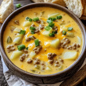 For this delicious cheeseburger soup, you need: - 1 pound ground beef - 1 medium onion, diced - 2 cloves garlic, minced - 3 medium potatoes, diced - 4 cups beef broth - 2 cups shredded cheddar cheese - 1 cup milk - 1 tablespoon Worcestershire sauce - 1 teaspoon mustard - 1 teaspoon paprika - Salt and pepper to taste - 2 tablespoons olive oil - Chopped green onions for garnish These ingredients blend to create a warm, hearty soup. The ground beef gives it that classic cheeseburger taste. The potatoes add bulk and texture. Cheddar cheese provides creamy goodness. You can add different flavors to make the soup your own. Some options include: - Cooked bacon for a smoky kick - Jalapeños for heat - Frozen corn for sweetness - Diced tomatoes for freshness - A splash of hot sauce for spice Using these optional ingredients lets you tailor the soup to your taste. Feel free to get creative! If you need to adjust amounts, here are some simple conversions: - 1 cup = 8 ounces - 1 tablespoon = 3 teaspoons For substitutes, you can use ground turkey instead of beef. Use vegetable broth for a lighter flavor. If you want a dairy-free version, try almond milk and non-dairy cheese. These swaps help keep the soup just as tasty! For the complete recipe, check out the Full Recipe section. Start by gathering your ingredients. You need: - 1 pound ground beef - 1 medium onion, diced - 2 cloves garlic, minced - 3 medium potatoes, diced - 4 cups beef broth - 2 cups shredded cheddar cheese - 1 cup milk - 1 tablespoon Worcestershire sauce - 1 teaspoon mustard - 1 teaspoon paprika - Salt and pepper to taste - 2 tablespoons olive oil - Chopped green onions for garnish Chop your onion, mince the garlic, and dice the potatoes. This step makes cooking easier. In a large pot, heat the olive oil on medium heat. Add the diced onion first. Cook until soft, about 5 minutes. Then, add the minced garlic and cook for one more minute. This makes the base of your soup flavorful. Now, increase the heat to medium-high. Add the ground beef and break it apart with a spoon. Cook until it turns brown, about 5-7 minutes. If there's excess grease, drain it off. Next, stir in the diced potatoes, beef broth, Worcestershire sauce, mustard, paprika, salt, and pepper. Bring this mixture to a boil. Once it's boiling, reduce the heat to a simmer. Cover the pot and let it cook for about 15-20 minutes. This makes the potatoes tender. Once the potatoes are soft, stir in the milk and shredded cheddar cheese. Mix until the cheese melts and the soup becomes creamy. Taste it and adjust the seasoning if you need to. Remove the pot from the heat and let it cool for a few minutes. Ladle the soup into bowls. For a nice touch, garnish with chopped green onions and an extra sprinkle of cheese on top. Serve with warm, crusty bread for a cozy meal. For a complete guide, don't forget to check the Full Recipe. To make your cheeseburger soup shine, use fresh ingredients. Fresh potatoes and onions add great taste. Brown the beef well for rich flavor. Don't rush the cooking; let the onions soften first. Stir the garlic in just before you add the beef. This keeps the garlic strong and tasty. Use good quality beef broth for depth. Try adding a splash of hot sauce for a kick. One mistake is not draining the fat from the beef. Too much fat can make the soup greasy. Another mistake is overcooking the potatoes. Keep an eye on them; they should be tender, not mushy. Don’t skip on seasoning. Taste and adjust as you go. Lastly, avoid boiling the soup after adding cheese. It can separate and ruin the texture. Need a lighter version? Use lean ground turkey instead of beef. If you want a dairy-free option, use coconut milk and dairy-free cheese. To make it gluten-free, ensure your broth and Worcestershire sauce are gluten-free. For a veggie boost, add spinach or carrots. These tweaks keep the taste while meeting your needs. Check the Full Recipe for more details. {{image_2}} You can make a tasty vegetarian version of cheeseburger soup. Swap out the ground beef for a mix of beans or lentils. Use vegetable broth instead of beef broth. This keeps the soup hearty and filling. Add diced mushrooms for a meaty texture. Want to change things up? You can add fun ingredients! Crispy bacon gives a nice crunch. Diced jalapeños add heat and spice. For a smoky taste, try adding smoked paprika. You can even throw in some corn for sweetness. These additions make the soup more exciting. You have two great choices: creamy or broth-based. For a creamy soup, use more milk and cheese. This makes it rich and smooth. For a lighter option, stick with the broth. This version is great if you want something less heavy. Both styles taste amazing, so pick what you like! To store leftover cheeseburger soup, let it cool to room temperature. Then, place it in an airtight container. Make sure to seal it well to keep out air. Store it in the fridge for up to three days. This keeps the soup fresh and tasty for later meals. You can freeze cheeseburger soup for future meals. First, let the soup cool completely. Then, pour it into freezer-safe bags or containers. Remove as much air as possible before sealing. Label the bags with the date. This soup can last in the freezer for up to three months. When you are ready to eat it, thaw it in the fridge overnight. When reheating, use a pot on the stove over low heat. Stir the soup often to avoid sticking. If it looks too thick, add a splash of milk or broth. This helps restore its creamy texture. You can also microwave it in a bowl, but cover it to prevent splattering. Heat in short bursts, stirring in between, until warm. Enjoy the comforting flavors again! Cheeseburger soup is a warm and tasty dish. It combines the flavors of a cheeseburger in a creamy soup. You get ground beef, cheese, and veggies all in one bowl. People love it because it’s hearty and easy to make. You can enjoy it with bread or crackers for a full meal. Yes, you can make cheeseburger soup ahead of time. Just prepare the soup as usual and let it cool. Then, store it in the fridge for up to three days. When you’re ready to eat, simply reheat it on the stove. The flavors will blend even more, making it taste great! Making cheeseburger soup in a slow cooker is simple. Start by browning the beef in a pan first. Then, add it to the slow cooker with all the other ingredients. Set it on low for about 6 hours or high for 3 hours. Stir in the cheese and milk before serving. It’s easy and perfect for busy days! You can serve many tasty sides with cheeseburger soup. Some great options are: - Warm crusty bread - Grilled cheese sandwiches - Salad with fresh greens - Crackers for dipping These sides pair well and make your meal even more enjoyable. For the full recipe, check out the [Full Recipe]. Cheeseburger soup is a tasty dish you can customize. We covered key ingredients, cooking steps, and storage tips. Don't forget the optional ingredients that can spice it up! Use the tips to avoid common mistakes and adjust the recipe to fit your diet. You can make it vegetarian or add unique flavors. With these guidelines, you can enjoy this comforting soup anytime. Your kitchen is ready for a delicious meal!