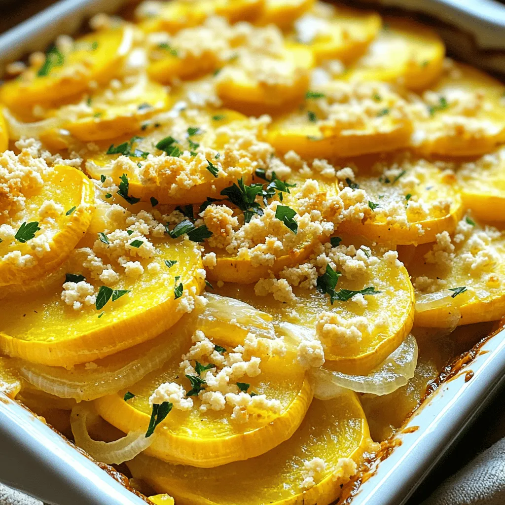 - 4 medium yellow squash, sliced thin - 1 medium onion, chopped - 1 cup shredded sharp cheddar cheese - 1 cup crushed saltine crackers (plus extra for topping) - 3 large eggs, beaten - ½ cup milk - 1 tablespoon olive oil - 1 teaspoon garlic powder - 1 teaspoon dried thyme - ½ teaspoon paprika - Salt and pepper to taste To create a delicious Kentucky squash casserole, the right ingredients matter. The squash gives a fresh taste, while the cheddar adds a creamy kick. The crushed saltine crackers provide a nice crunch. Eggs and milk hold everything together. You will also need some spices for flavor, like garlic powder and thyme. You can swap some items if you want. For cheese, use mozzarella or a dairy-free option. Instead of saltine crackers, try gluten-free breadcrumbs or crushed corn chips. If you want it vegetarian, use a plant-based cheese. This recipe is flexible to meet your needs. Experiment with what you have! You can also add more veggies like bell peppers or zucchini for extra flavor. 1. Preheat your oven to 350°F (175°C). 2. Grease a 9x13 inch baking dish with a bit of olive oil. 3. In a large skillet over medium heat, add the olive oil. 4. Next, add the chopped onion and sauté until it turns clear, about 5 minutes. 5. Now, add the sliced squash to the skillet. Cook until tender, about 8-10 minutes. Stir often. 1. In a big bowl, combine the sautéed onion and squash. 2. Add beaten eggs, milk, garlic powder, dried thyme, paprika, salt, and pepper. 3. Mix everything well to blend the flavors. 4. Then, fold in the shredded cheddar cheese and crushed saltine crackers. 5. Make sure to save some crackers for topping later. 1. Pour the mixture into the greased baking dish. Smooth it out. 2. Sprinkle the reserved crushed saltine crackers on top for crunch. 3. Bake in the oven for 30-35 minutes. Check when the top is golden brown. 4. Remove from the oven and let it cool for a few minutes. 5. Slice and serve warm for the best taste. For the complete recipe, check the Full Recipe section. To make your Kentucky Squash Casserole shine, focus on seasoning. Use salt and pepper to enhance the flavor. A touch of garlic powder wakes up the dish. Adding thyme gives it a fresh taste. Don’t be shy about tasting as you go. This ensures the right balance. For texture, consider how you cut the squash. Thin slices cook quickly and blend well. If you want a little bite, cut them thicker. You can also sauté them longer for a more caramelized flavor. This adds depth to your casserole. Pair your casserole with a light side salad. A mix of greens with a lemon vinaigrette works wonders. You can also serve it with cornbread for extra comfort. My favorite is to enjoy it warm. The flavors really pop when it’s fresh from the oven. Let it cool for a few minutes before serving. This helps the casserole set up well. You’ll find it easier to slice clean pieces. If you want to kick up the flavor, add herbs. Fresh basil or parsley can brighten the dish. You can also try a bit of crushed red pepper. This adds a nice heat that some may enjoy. For heartiness, think about adding proteins. Ground turkey or cooked sausage works great. You can mix in other vegetables too. Spinach or bell peppers add color and nutrition. This way, your casserole stays interesting and fun. Feel free to explore with the Full Recipe for more ideas! {{image_2}} You can easily change up your Kentucky squash casserole. One popular addition is ground turkey or sausage. Adding meat gives the dish more protein and flavor. Just cook the meat before adding it to the mix. This step ensures it blends well with the squash. You can also add more vegetables. Consider bell peppers, zucchini, or spinach. These add color and nutrients. They mix well with the squash and enhance the dish's taste. Feel free to experiment with what you have on hand. Southern states each have their take on squash casserole. In Alabama, some people add bacon or pimento cheese. This twist adds a smoky rich flavor. In Louisiana, you might find Cajun spices like cayenne. This gives it a fun kick! You can also modify your casserole based on local ingredients. If you have fresh tomatoes, toss them in for a burst of flavor. Seasonal veggies can make your casserole unique and fresh. If you're watching carbs, try low-carb options. Replace some squash with cauliflower. Cauliflower has a similar texture and absorbs flavors well. You can also skip the crackers and use almond flour instead. For dairy-free options, swap the cheese and milk with plant-based alternatives. Nutritional yeast can add a cheesy flavor without dairy. Coconut milk works well for a creamy base. These adjustments keep the dish delicious and friendly to various diets. If you want the full recipe, check out the Kentucky Comfort Squash Casserole 🥬. Enjoy making it your own! To keep your Kentucky Squash Casserole fresh, store leftovers in the fridge. Use an airtight container to prevent moisture loss. This helps maintain flavor and texture. Make sure to cool the casserole to room temperature first. It can last up to three days in the fridge. If you want to save it for later, freezing is a great option. Cut the casserole into serving-sized pieces. Wrap each piece tightly in plastic wrap. Place wrapped pieces in a freezer bag or container. This helps prevent freezer burn. You can freeze it for up to three months. When ready to eat, thaw it overnight in the fridge. To reheat, use the oven for the best results. Preheat your oven to 350°F (175°C). Place the casserole in an oven-safe dish. Cover it with foil to keep moisture in. Heat for about 25 minutes or until warmed through. This keeps the casserole from drying out. If you want a crisp top, remove the foil for the last 5-10 minutes. Avoid microwaving, as it can make the dish soggy. For best flavor, serve warm and enjoy! Kentucky Squash Casserole has roots in Southern cooking. It showcases summer squash, a staple in the region. Families often made this dish to use up their garden harvest. The blend of cheese and crackers adds comfort and flavor. This casserole reflects the warmth of Southern hospitality and tradition. It brings people together at the dinner table, making it a beloved dish. Yes, you can prepare Kentucky Squash Casserole ahead of time. Cook the squash and onion, then mix the ingredients. Store the mixture in the fridge for one to two days. When ready to bake, pour it into the dish and top with crackers. Bake as directed. This method saves time and makes hosting easier. To serve more people, simply scale the ingredients. For every additional two servings, add one medium squash and half an onion. Increase the cheese and crackers to match. Adjust eggs and milk accordingly. A larger dish may be needed, so keep an eye on the baking time. This way, everyone can enjoy Kentucky Squash Casserole. Yes, this dish is perfect for vegetarians. All the ingredients are plant-based, except for the eggs. You can easily replace eggs with a plant-based alternative, like flaxseed meal or applesauce. This keeps the casserole vegetarian-friendly while maintaining its delicious taste. Enjoy this comforting dish with friends and family! In summary, we explored the key ingredients for Kentucky Squash Casserole and how to prepare it step by step. We talked about exciting variations, substitutions, and storage tips. Overall, this dish is versatile and offers many options for all tastes. Whether vegetarian or loaded with meat, you can make it your own. I hope you feel inspired to try this comforting recipe. Happy cooking!