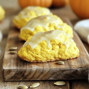 Here’s what you need to make pumpkin scones: - 2 cups all-purpose flour - 1/2 cup brown sugar, packed - 1 tablespoon baking powder - 1/2 teaspoon baking soda - 1 teaspoon ground cinnamon - 1/2 teaspoon ground nutmeg - 1/4 teaspoon ground ginger - 1/4 teaspoon salt - 1/2 cup unsalted butter, cold and cubed - 1/2 cup canned pumpkin puree - 1/4 cup heavy cream - 1 large egg - 1/2 teaspoon vanilla extract These ingredients create a rich, flavorful base for your scones. The pumpkin puree gives moisture and a lovely color. The spices add warmth and depth. You can customize your scones with these fun options: - 1/4 cup chopped nuts (such as walnuts or pecans) for added crunch - Chocolate chips for a sweet twist - Dried cranberries for tartness Feel free to mix and match! Each add-in brings its own joy to the scone. You can also experiment with different spices or zest of an orange for a fresh touch. If you have dietary needs, here are some swaps you can try: - Use gluten-free flour for a gluten-free option. - Substitute coconut oil for butter for a dairy-free choice. - Replace heavy cream with almond milk for a lighter option. These substitutes won’t change the flavor too much. You can still enjoy pumpkin scones no matter your diet. Check the [Full Recipe] for more details on how to make these tasty treats! Start by preheating your oven to 425°F (220°C). Line a baking sheet with parchment paper. In a large bowl, mix together the dry ingredients. Combine 2 cups of all-purpose flour, 1/2 cup of brown sugar, 1 tablespoon of baking powder, 1/2 teaspoon of baking soda, 1 teaspoon of ground cinnamon, 1/2 teaspoon of ground nutmeg, 1/4 teaspoon of ground ginger, and 1/4 teaspoon of salt. Whisk until everything blends well. Next, add 1/2 cup of cold, cubed unsalted butter to the bowl. Use your fingers or a pastry cutter to mix the butter into the flour mixture. Do this until it looks like coarse crumbs. In another bowl, stir together 1/2 cup of canned pumpkin puree, 1/4 cup of heavy cream, 1 large egg, and 1/2 teaspoon of vanilla extract. Mix until smooth and creamy. Pour the wet ingredients into the dry mixture. Gently mix until just combined. Be careful not to overmix. If you want, you can fold in 1/4 cup of chopped nuts for a nice crunch. Lightly flour a clean surface. Turn out the dough and pat it into a circle about 1 inch thick. Cut it into wedges or use a biscuit cutter. Place the shaped scones on the prepared baking sheet, making sure to space them evenly. Bake them for 15 to 20 minutes. They should turn golden brown. To check if they’re done, insert a toothpick. It should come out clean. While your scones bake, prepare the glaze. In a bowl, mix 1 cup of powdered sugar with 1 to 2 tablespoons of milk. Keep mixing until the glaze is smooth and drizzles easily. After the scones have cooled for a few minutes, drizzle the glaze on top. To make your scones pop, sprinkle a little cinnamon or some pumpkin seeds on top. You can find the Full Recipe for this delightful treat to guide you through every step! To get soft and fluffy pumpkin scones, mix gently. Overworking the dough makes them tough. The key is to stop mixing once combined. When you fold in the wet ingredients, do it lightly. Use cold butter to create that flaky texture. I like to cut the butter into small cubes. This helps it blend well with the flour. One mistake is not measuring ingredients accurately. Use dry measuring cups for flour and sugar. Also, make sure your baking powder is fresh. Old baking powder can lead to flat scones. Another common error is skipping the chilling step. If you chill the dough for 15 minutes, it helps with the rise. Lastly, avoid opening the oven door too soon. This can cause the scones to sink. Serve pumpkin scones warm for the best taste. They go well with a hot cup of tea or coffee. You can also add a dollop of whipped cream on top. For a fun twist, try adding a sprinkle of cinnamon sugar. If you want to make it special, serve with apple butter. This adds a nice sweet and spicy touch. For the full recipe, check out the steps above. {{image_2}} To make vegan pumpkin scones, you can swap a few ingredients. Use plant-based butter instead of regular butter. Replace the egg with a flax egg made from one tablespoon of ground flaxseed and three tablespoons of water. Mix the flaxseed and water and let it sit for five minutes to thicken. Use almond or coconut milk instead of heavy cream. This way, you keep the scones moist and tasty. For gluten-free pumpkin scones, use a gluten-free flour blend. Many blends work well, but make sure it has xanthan gum for structure. You can also try almond flour for a nutty flavor. Keep the other ingredients the same to maintain flavor. This makes a great scone that everyone can enjoy. You can customize your pumpkin scones with fun add-ins. Consider adding chocolate chips for a sweet touch. Dried cranberries or raisins bring a fruity flavor. For a nutty crunch, fold in chopped walnuts or pecans. You can also add spices like cardamom for a unique twist. These variations let you create your perfect pumpkin scone. Check out the Full Recipe for more ideas! To keep your baked pumpkin scones fresh, place them in an airtight container. This helps to lock in moisture. Store them at room temperature for up to three days. For longer freshness, consider refrigerating them. The cold air will help prevent mold and keep them tasty. When you're ready to enjoy your scones again, reheating is easy. Preheat your oven to 350°F (175°C). Place the scones on a baking sheet and cover them with foil. Heat them for about 10 minutes. This warms them through while keeping them soft. You can also microwave a scone for about 15 seconds, but it may not stay as fluffy. Freezing scones is a great way to save some for later. First, let the scones cool completely. Next, wrap each scone tightly in plastic wrap. Place them in a freezer bag or container. They can stay in the freezer for up to three months. When you're ready to eat, just thaw them in the fridge overnight. Reheat them in the oven for the best taste. For more delicious details, check out the Full Recipe. To make pumpkin scones from scratch, gather your ingredients. You need flour, brown sugar, baking powder, baking soda, spices, salt, butter, pumpkin puree, cream, egg, and vanilla. Mix the dry ingredients in one bowl. In another bowl, mix the wet ingredients. Then, combine both mixtures gently. Shape the dough, cut it into wedges, and bake until golden. For the full recipe, check out the detailed instructions. Yes, you can use fresh pumpkin. Start by roasting or steaming the pumpkin until soft. Then, blend it until smooth. Make sure to drain excess water. Fresh pumpkin can add a vibrant taste to your scones. However, canned pumpkin is often more convenient and consistent in texture. You can find pumpkin scones at many local bakeries or coffee shops. Some grocery stores also sell them, especially in the fall. If you want a fresh batch, try making them at home. It’s a fun and rewarding process! Pumpkin scones are simple to make and versatile. We covered main ingredients, optional add-ins, and substitutes for diets. The step-by-step guide helps you prepare the dough, bake the scones, and glaze them for a perfect finish. I shared tips to avoid mistakes and enhance your scone texture. You can even explore variations for vegan or gluten-free options. Lastly, I provided storage tips to keep your scones fresh. Enjoy baking and sharing your delicious pumpkin scones with friends and family!