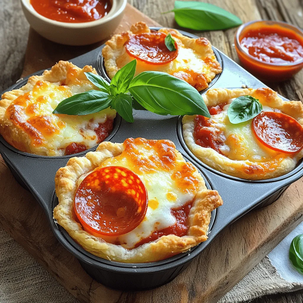 To make Mini Pizza Pot Pies, you will need: - 1 package refrigerated pie crusts (2 crusts) - 1 cup pizza sauce - 1 ½ cups shredded mozzarella cheese - ½ cup pepperoni slices (or your favorite toppings like bell peppers, olives, or mushrooms) - 1 teaspoon Italian seasoning - 1 egg, beaten (for egg wash) - Fresh basil leaves (for garnish) These ingredients create a warm, cheesy, and crunchy treat that everyone will love. Feel free to change the recipe to suit your taste. Try these options: - Cooked sausage or ground beef - Sliced onions or garlic for extra flavor - Spinach or zucchini for added veggies - Different sauces like pesto or Alfredo Mix and match to create your ideal Mini Pizza Pot Pie! Toppings can really change the taste. Here are some ideas: - Go for a classic Margherita with fresh tomatoes and basil. - Try a BBQ chicken version with BBQ sauce and shredded chicken. - Experiment with different cheeses such as cheddar or provolone. These options let you explore various flavors with each bite. You can find the full recipe within this section to guide you in making these delightful treats. 1. Preheat your oven to 425°F (220°C). This step is key to get a crispy crust. 2. Prep the crust by rolling out the refrigerated pie crusts on a floured surface. 3. Cut out 6 circles about 4 inches wide using a cookie cutter or a glass. These circles will form the base cups for your pot pies. 4. Place each circle into a greased muffin tin. Press them down gently. This forms small cups for the filling. 5. Mix the filling in a bowl. Combine 1 cup of pizza sauce, 1 ½ cups of shredded mozzarella cheese, and ½ cup of your favorite toppings like pepperoni. Add 1 teaspoon of Italian seasoning to boost the flavor. 1. Distribute the filling evenly into each pie crust cup until they’re about ¾ full. 2. Roll out the remaining pie crust and cut out 6 more circles for the tops. 3. Place each circle on top of the filling cups. 4. Seal the edges by pinching the crusts together. 5. Make a small slit in each top crust. This will let steam escape during baking. 6. Brush the tops with a beaten egg for that golden, shiny finish. 1. Bake the pot pies in the preheated oven for 20-25 minutes. 2. Look for a golden brown and flaky crust to know they are ready. 3. Remove them from the oven and let them cool for a few minutes. 4. Carefully lift them out of the muffin tin and garnish with fresh basil leaves before serving. This recipe is simple and fun. You can always find the full recipe details if needed! When making Mini Pizza Pot Pies, avoid these common mistakes: - Overfilling the crusts: If you add too much filling, the pies may spill over. Aim to fill them to about ¾ full. - Skipping the egg wash: This step gives a nice golden color. Don’t skip it! - Not sealing the edges: Make sure to pinch the crusts well. This keeps the filling inside. - Ignoring the steam vent: The slit on top is key. It lets steam escape and prevents sogginess. To get a flaky crust, follow these simple tips: - Use cold ingredients: Cold butter and chilled pie crusts work wonders. - Don’t overwork the dough: Mix just until combined. Overmixing can lead to tough crusts. - Roll out gently: Use a light touch when rolling out the dough. This helps keep layers intact. - Chill before baking: If time allows, chill the assembled pot pies for 15 minutes before baking. This helps keep the crust flaky. Presentation matters! Here are some fun ways to serve your Mini Pizza Pot Pies: - Wooden board: Serve them on a rustic wooden board for a cozy look. - Dipping sauce: Provide extra pizza sauce on the side for dipping. - Garnish: Add fresh basil leaves on top for color and flavor. - Pair with salad: A simple green salad makes for a great side dish. {{image_2}} You can create many flavors with Mini Pizza Pot Pies. If you love meat, try a Meat Lovers version. Use sausage, ham, and pepperoni as your toppings. For a Vegetarian option, skip the meat and use bell peppers, onions, and spinach. You can also add artichokes or zucchini for a fresh taste. Mix and match toppings to fit your mood! If you need gluten-free Mini Pizza Pot Pies, use gluten-free pie crusts. Many brands offer great options. For vegan pies, replace cheese with a vegan cheese substitute. Use a plant-based pizza sauce, and add your favorite veggies. A mix of mushrooms, tomatoes, and herbs works well. These options keep the flavors rich while meeting dietary needs. Seasonal ingredients make your Mini Pizza Pot Pies even better. In spring, add asparagus and peas for a fresh touch. In summer, use ripe tomatoes and fresh basil for a bright flavor. Fall brings great squash and mushrooms. In winter, try roasted root vegetables or hearty greens. Using seasonal ingredients makes cooking fun and helps support local farms! For the full recipe, check out the *Full Recipe* section. To keep your mini pizza pot pies fresh, let them cool first. Once cool, place them in an airtight container. Store the container in the fridge. They should stay tasty for about three days. If you want to enjoy them later, consider freezing them. Freezing mini pizza pot pies is easy. Wrap each pie tightly in plastic wrap. Then, place them in a freezer-safe bag or container. This helps prevent freezer burn. They can stay frozen for up to three months. When you're ready to eat, just thaw them in the fridge overnight. To reheat, preheat your oven to 350°F (175°C). Place the mini pizza pot pies on a baking sheet. Heat them for about 10-15 minutes, or until they are warmed through. You can also use a microwave for quick reheating. Just remember, the crust may not be as crispy. Enjoy your delicious mini pizza pot pies again! For more details, check the Full Recipe. Yes, you can prepare Mini Pizza Pot Pies in advance. Make the pies and store them in the fridge. Wrap them tightly in plastic wrap or foil. They will stay fresh for up to two days. Just bake them when you are ready to eat. This saves time and helps you enjoy a tasty meal fast. The best way to reheat Mini Pizza Pot Pies is in the oven. Preheat the oven to 350°F (175°C). Place the pot pies on a baking sheet. Heat for about 10-15 minutes or until warm all through. This method keeps the crust nice and crispy. You can also use a microwave, but the crust may not stay as flaky. Absolutely! You can use many types of crusts for Mini Pizza Pot Pies. Try using puff pastry for a lighter texture. You can also use biscuit dough for a fluffier bite. If you want a healthier option, look for whole wheat crusts. Each choice gives your pot pies a new twist! For the full recipe, check the details above. Mini Pizza Pot Pies are simple and fun to make. We covered the ingredients, steps, and tips for a great meal. You can customize them with various flavors and toppings. Remember to avoid common mistakes for the best crust. Store leftovers well or freeze them for a quick snack later. These pies bring joy to any meal. Now, go enjoy your cooking adventure!