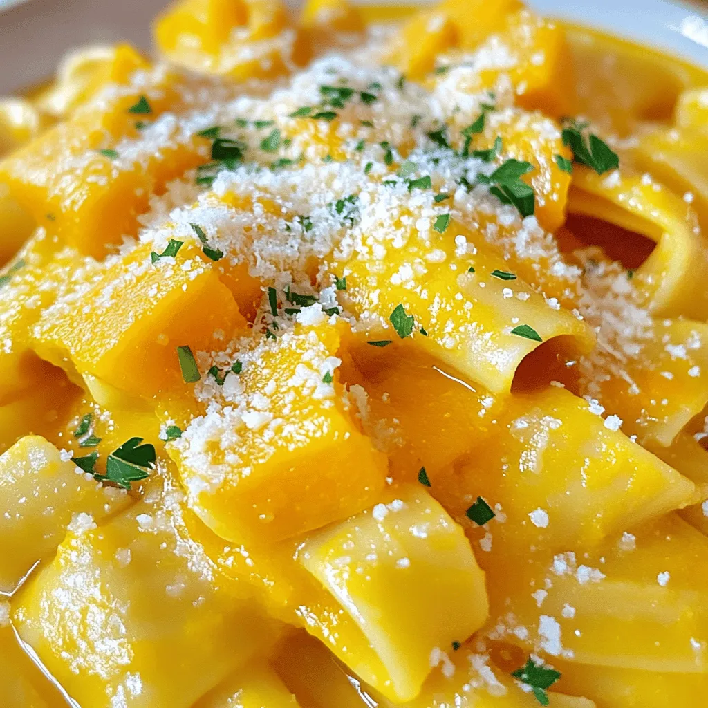 - 1 medium butternut squash, peeled and cubed - 1 tablespoon olive oil - 1 small onion, finely chopped - 2 garlic cloves, minced - 1 teaspoon fresh sage, chopped (or ½ teaspoon dried) - ½ teaspoon ground nutmeg - 1 cup vegetable broth - ½ cup heavy cream (or coconut cream for a vegan option) - Salt and pepper to taste - ¼ cup grated Parmesan cheese (optional, or nutritional yeast for vegan) - Fresh parsley, for garnish - Cooked pasta of your choice (about 12 oz) These ingredients create a rich and tasty sauce. The butternut squash gives a sweet and nutty flavor. Olive oil adds richness, while onion and garlic bring depth. Feel free to play with the flavors. You can add: - Red pepper flakes for heat - Thyme or rosemary for earthy notes - Lemon juice for brightness - Spinach for extra greens Using these optional ingredients can make your sauce unique. When it comes to pasta, choose what you love. Some great choices are: - Spaghetti for a classic feel - Penne for easy mixing - Fettuccine for a hearty bite - Gluten-free pasta for a lighter option Pairing the sauce with the right pasta makes each bite enjoyable. For the full recipe, check out Butternut Bliss Pasta Sauce. First, preheat your oven to 400°F (200°C). Take your medium butternut squash, peel it, and cube it into small pieces. This helps it cook evenly. Spread the cubed squash on a baking sheet. Drizzle it with olive oil and sprinkle with salt and pepper. Toss it to coat the cubes well. Roast the squash in the oven for about 25 to 30 minutes. It should be tender and slightly caramelized when done. While the squash roasts, let’s prepare the aromatics. Heat a tablespoon of olive oil in a large skillet over medium heat. Add in your finely chopped onion. Sauté it until it turns translucent, which takes about 5 minutes. Next, add the minced garlic, chopped fresh sage, and ground nutmeg. Cook everything for about one minute until it smells amazing. This step builds a great base for your sauce. Once your butternut squash is ready, add it to the skillet with the onion and garlic. Pour in one cup of vegetable broth and bring this mixture to a simmer. Now, we need to blend it. You can use an immersion blender or transfer everything to a regular blender. If using a blender, be very careful of the hot steam. Blend until the sauce is nice and smooth. Return the blended sauce to the skillet and stir in half a cup of heavy cream (or coconut cream for a vegan touch). If you like, add grated Parmesan cheese for extra flavor. Cook this on low heat for about 5 minutes to let all the flavors meld together. Taste and add salt and pepper as needed. Finally, toss your cooked pasta in the sauce until it’s well coated. If the sauce is too thick, add a little more vegetable broth to get it just right. For the full recipe, check the complete guide above. To boost the flavor of your butternut squash sauce, think about adding herbs. Fresh sage is a great start. You can also try thyme or rosemary for a nice twist. A pinch of cinnamon adds warmth, too. For a kick, red pepper flakes work well. Remember, taste as you go. This helps you find the perfect balance. When picking pasta, think about shape and texture. I love using whole wheat or gluten-free pasta for added nutrition. Shapes like penne or rigatoni hold the sauce well. If you want a delicate touch, try angel hair or fettuccine. Just make sure to cook the pasta al dente. This gives it a nice bite and helps it hold up in the sauce. If your sauce seems too thick, don’t worry. You can simply add more vegetable broth. Start with a little and mix well, then check the texture. If you want creaminess, use heavy cream or coconut cream. This gives a rich feel without overpowering the squash. For a lighter sauce, try using just vegetable broth and a splash of lemon juice. This keeps it fresh and bright. For the complete recipe, check out the Butternut Bliss Pasta Sauce. {{image_2}} If you want a vegan option, use coconut cream instead of heavy cream. This gives the sauce a rich taste without any dairy. You can also swap out Parmesan cheese for nutritional yeast. Nutritional yeast adds a cheesy flavor, making it perfect for vegan diets. For those who need gluten-free meals, choose gluten-free pasta. Many brands offer great options made from rice, quinoa, or lentils. The butternut squash sauce pairs well with any gluten-free pasta. Just make sure to check the label for gluten-free certification. To boost the protein in the sauce, you can add cooked lentils or chickpeas. Both options mix well and add a hearty texture. You can also stir in shredded chicken or cooked sausage for meat lovers. This way, you create a filling meal that’s still packed with flavor. For the full recipe, check out Butternut Bliss Pasta Sauce. Store your leftover butternut squash pasta sauce in an airtight container. Make sure it cools before sealing. This helps keep it fresh. In the fridge, it lasts for about 3 to 5 days. Always check for any off smells or changes in color before using it again. You can freeze the sauce for longer storage. Pour it into freezer-safe bags or containers. Leave some space at the top, as the sauce will expand. Label each bag with the date. It can stay in the freezer for up to 3 months. When you’re ready to use it, just thaw in the fridge overnight. To reheat, warm the sauce on the stove over low heat. Stir it often to heat it evenly. If it’s too thick, add a splash of vegetable broth. You can also microwave it in a safe dish. Heat in short bursts, stirring in between. This keeps the flavor fresh and delicious. Check out the Full Recipe for more tips! To make your butternut squash pasta sauce creamy, add heavy cream or coconut cream. This will give it a rich texture. You can also use a bit of grated Parmesan cheese for added creaminess. Blend the sauce until smooth before adding the cream. This helps mix everything well. If you want a lighter sauce, use vegetable broth instead of cream. Yes, you can use frozen butternut squash. Make sure to thaw it first and drain any excess water. Frozen squash is often pre-cooked, which can save you time. Adjust your cooking time, as frozen squash may need less time to cook down. This butternut squash pasta sauce pairs well with various pasta types. I recommend using: - Fettuccine - Penne - Rigatoni - Farfalle These shapes hold the sauce well. You can also try it with whole wheat or gluten-free pasta for a healthy twist. Don’t forget to toss your pasta in the sauce for a delicious meal. For the full recipe, check the link above. Butternut squash pasta sauce is easy and fun to make. We explored main ingredients and ways to customize your dish. I shared step-by-step instructions to prepare and blend the sauce. You learned tips to enhance flavor and select the right pasta. We also discussed variations, storage methods, and answers to common questions. This sauce is friendly for all diets. Experiment with flavors, and enjoy your meals!