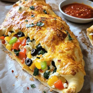 When making a calzone, you need a few key ingredients. These will give you that tasty, cheesy delight that everyone loves. Here’s what you need: - 1 batch of pizza dough (store-bought or homemade) - 1 cup ricotta cheese - 1 cup shredded mozzarella cheese - 1/2 cup grated Parmesan cheese - 1/2 cup diced bell peppers (any color) - 1/2 cup chopped spinach (fresh or frozen) - 1/4 cup sliced black olives - 1 teaspoon dried oregano - 1 teaspoon garlic powder - 1/2 teaspoon red pepper flakes (optional for heat) - 1 egg, beaten (for egg wash) - Marinara sauce for dipping I recommend using equal parts ricotta and mozzarella. This mix gives a creamy and stretchy texture. The Parmesan adds a nice salty kick. For veggies, feel free to mix in your favorites. Bell peppers and spinach work well, but you can try others. You can customize your calzone easily. Want meat? Try pepperoni or sausage. Love mushrooms? Toss them in! You can also swap cheeses. Goat cheese or cheddar can change the flavor. Be creative with what you have at home. Preheating the Oven Start by preheating your oven to 425°F (220°C). This ensures your calzone bakes evenly and crisps up nicely. Preparing the Baking Sheet Next, line a baking sheet with parchment paper. This helps prevent sticking and makes cleanup easy. Rolling Out the Pizza Dough On a floured surface, roll out the pizza dough. Aim for a large circle, about 12 inches wide. Make it thin, but not too thin, or it may break. Filling the Dough In a mixing bowl, combine the cheeses and veggies. Use ricotta, mozzarella, Parmesan, bell peppers, spinach, and olives. Add oregano, garlic powder, and red pepper flakes for extra flavor. Mix well until everything is combined. Spoon this mixture onto one half of the dough circle. Leave a small border along the edge for sealing. Sealing the Calzone Carefully fold the other half of the dough over the filling. Press the edges firmly to seal. You can use a fork to crimp the edges. This adds a nice touch and keeps the filling inside. Baking Instructions (Time and Temperature) Place the calzone on the baking sheet. Brush the top with beaten egg for a golden finish. Cut a few small slits on top for steam to escape. Bake for 15-20 minutes until golden brown and bubbly. Let it cool for a few minutes before slicing. Serve it warm with marinara sauce for dipping. Enjoy your cheesy veggie explosion calzone! For the full recipe, check out the detailed instructions above. To make a great calzone, keep a few tips in mind. - Preventing Dough from Sticking: Use enough flour on your work surface. This helps the dough roll out easily. If it sticks, gently lift it and add more flour underneath. You want a smooth surface for rolling. - Tips for Even Baking: Make sure your oven is fully preheated. This step is key for even baking. Place your calzone in the center of the oven. This allows hot air to circulate around it. If you bake too close to the sides, it may cook unevenly. Calzones are fun because you can fill them with many options. - Adding Different Fillings: You can swap in any veggies or meats you like. Try mushrooms, zucchini, or pepperoni. Be creative with flavors! Just remember not to overfill. This keeps them easy to seal and bake. - Vegetarian vs. Meat Options: For a veggie calzone, use ricotta, spinach, and bell peppers. For meat lovers, add sausage or ham. You can mix and match to suit everyone’s taste. {{image_2}} You can make your calzone even more fun with different flavors. Here are two tasty options: - Italian Meat Calzone: Add cooked sausage, pepperoni, or ham to your filling. Mix these meats with ricotta and mozzarella cheese. This gives a hearty taste and a protein boost. - Mediterranean Veggie Calzone: For a lighter choice, use ingredients like feta cheese, zucchini, and sun-dried tomatoes. Add fresh herbs like basil and oregano. This calzone bursts with fresh flavors. Dipping sauces can make your calzone even better. Here are some great options: - Alternative Sauces for Serving: Try ranch dressing, pesto, or garlic butter as dips. Each sauce adds a new twist to your calzone experience. - Homemade Marinara Recipe: You can also make your own sauce. Here’s a quick way: - Ingredients: - 1 can of crushed tomatoes - 1 teaspoon dried oregano - 1 teaspoon garlic powder - Salt and pepper to taste - Instructions: 1. In a pot, combine crushed tomatoes, oregano, and garlic powder. 2. Heat over medium heat for about 10 minutes. 3. Season with salt and pepper. This sauce pairs perfectly with your cheesy veggie explosion calzone. Enjoy the dip! - Storing Leftover Calzones After you enjoy your calzones, let them cool. Place them in an airtight container. You can keep them in the fridge for up to three days. If you want to save space, wrap each calzone in plastic wrap before putting them in the container. This keeps them fresh and tasty. - Best Practices for Reheating When you are ready to eat your leftover calzones, you can reheat them easily. Preheat your oven to 350°F (175°C). Place the calzones on a baking sheet. Heat them for about 10-15 minutes. This helps keep the crust crispy. You can also use a microwave, but the crust may get soft. If you use a microwave, heat in short bursts to avoid overcooking. - How to Freeze Cooked Calzones If you want to save your calzones for later, freezing is a good option. Let the calzones cool completely. Wrap each one in plastic wrap and then in aluminum foil. This double wrap prevents freezer burn. Label them with the date. You can freeze them for up to three months. - Thawing and Cooking Frozen Calzones To enjoy your frozen calzones, take them out of the freezer. Let them thaw in the fridge overnight. If you’re in a hurry, you can thaw them in the microwave using the defrost setting. Once thawed, preheat your oven to 350°F (175°C) and bake for about 15 minutes. Check to make sure they are heated through. You can follow the same steps for cooking directly from frozen but add 10-15 extra minutes to the baking time. For a full recipe of cheesy goodness, check out the [Full Recipe]. How do I know when my calzone is done? You can tell when your calzone is done by its color. It should be golden brown. You can also look for bubbles in the dough. The cheese inside should be melted and hot. To be sure, you can use a food thermometer. The inside should reach 165°F (74°C) for safety. Can I use store-bought pizza dough? Yes, you can use store-bought pizza dough. It saves time and works great. Many people enjoy the taste and texture of store-bought dough. Just make sure to follow the package instructions for rolling and baking. What vegetables work best for calzone filling? Many vegetables suit calzones well. My favorites include bell peppers, spinach, and mushrooms. You can also add onions, zucchini, or even artichokes. Just remember to chop them small. This helps them cook evenly and fit well inside the calzone. What to serve with calzones? Calzones pair well with marinara sauce for dipping. You can also serve a fresh salad on the side. A simple green salad or Caesar salad works great. Garlic bread or cheesy breadsticks can make a tasty addition too. Can calzones be made ahead of time? Yes, you can make calzones ahead of time. Prepare them, then store them in the fridge for up to 24 hours. You can also freeze them for later. Just bake them straight from the freezer, adding a few extra minutes to the cooking time. Enjoy this easy calzone recipe as a simple and delicious meal option. Check out the Full Recipe for more details! Making calzones is fun and tasty. We covered important aspects, like ingredients, baking steps, and tips. Remember, you can customize your calzone with fillings you love. Store leftovers in the fridge or freeze them for later. With the right techniques, you'll enjoy perfect calzones every time. Try different sauces to enhance the flavor. Now, get creative in your kitchen and enjoy your delicious calzones!